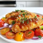 - 1.5 lbs chicken tenders - 1 cup BBQ sauce - 1/2 cup ranch dressing - 1 cup panko breadcrumbs - 1 teaspoon garlic powder - 1 teaspoon onion powder - 1 teaspoon smoked paprika - 1/2 teaspoon black pepper - 1 cup cherry tomatoes, halved - 1 small red onion, thinly sliced - 1 bell pepper, sliced into strips - 1 tablespoon olive oil - Fresh parsley for garnish The first step in making BBQ Ranch Chicken Tenders is gathering your ingredients. I like to keep everything visible so I can work efficiently. Main Ingredients form the base of our dish. You'll need 1.5 lbs of chicken tenders. These cook quickly and stay juicy. For flavor, 1 cup of BBQ sauce and 1/2 cup of ranch dressing will bring the dish to life. Next, we have the Coating Ingredients. The crispy coating is key! Use 1 cup of panko breadcrumbs for crunch. 1 teaspoon each of garlic powder, onion powder, and smoked paprika adds depth. Finally, don't forget 1/2 teaspoon of black pepper for a bit of heat. Now, let’s not forget the Vegetable Ingredients. Fresh veggies make this meal colorful and healthy. Grab 1 cup of cherry tomatoes, 1 small red onion, and 1 bell pepper. Slice them to your liking. A drizzle of 1 tablespoon of olive oil will help them roast nicely. Lastly, have some fresh parsley ready for garnish. With these ingredients in hand, you're set to create a delicious BBQ Ranch Chicken Tenders Sheet-Pan Delight! - Preheat oven to 425°F (220°C) - Line a large sheet pan with parchment paper Start by heating your oven. This step is key for crispy chicken. While it heats, take your sheet pan and line it with parchment paper. This will help with easy cleanup and prevent sticking. - Mix BBQ sauce and ranch dressing - Combine panko breadcrumbs and spices In a mixing bowl, blend your BBQ sauce and ranch dressing. Stir well until smooth. This mix adds a tasty layer to the chicken. In another bowl, mix panko breadcrumbs with garlic powder, onion powder, smoked paprika, and black pepper. This will create a crunchy coating that makes the tenders extra special. - Dip chicken tenders in the BBQ ranch sauce - Roll in the breadcrumb mixture and place on sheet pan Now, take each chicken tender. First, dip it in the BBQ ranch sauce. Make sure it’s well-coated. Next, roll the tender in the breadcrumb mixture. Press lightly so the crumbs stick well. Place each coated tender on the prepared sheet pan, leaving space between them. - Toss cherry tomatoes, red onion, and bell pepper with olive oil - Spread the vegetable mixture around the chicken In the same bowl you used for the sauce, toss the halved cherry tomatoes, sliced red onion, and bell pepper strips with olive oil. This adds flavor to the veggies. Spread this mixture around the chicken on the sheet pan. This way, everything cooks together and shares flavors. - Bake for 20-25 minutes - Check internal temperature of chicken - Allow cooling before serving Place the sheet pan in your preheated oven. Bake for 20-25 minutes. The chicken is done when it reaches an internal temperature of 165°F (74°C). The veggies should be tender and slightly caramelized. After baking, take the pan out and let it cool for a few minutes. This helps the juices settle before serving. - How to achieve the perfect crispy coating To get a great crunch, use panko breadcrumbs. They are lighter than regular breadcrumbs. Mix them with garlic powder, onion powder, smoked paprika, and black pepper. This mix adds flavor. Make sure to coat the chicken well in the BBQ ranch sauce first. Press the chicken into the breadcrumbs for more sticking power. - Ensuring chicken is cooked through Use a meat thermometer to check the chicken. It should reach 165°F (74°C) inside. This ensures it’s safe to eat and juicy. If you don't have a thermometer, cut the thickest piece. The meat should be white with no pink inside. - Presentation tips for serving Serve directly from the sheet pan for a laid-back style. You can also plate the chicken and veggies for a fancier touch. Add extra chopped parsley on top to brighten the dish. This gives it a fresh look. - Pairing ideas for sides or dips This dish goes great with coleslaw or a simple green salad. You can also serve it with extra BBQ sauce or ranch dressing for dipping. Corn on the cob or baked potatoes are nice sides too. - Importance of using quality photos Good pictures make food look tasty. Bright, natural light works best. Take photos from different angles to show off the dish. Close-ups highlight the details, like the crispy coating. - Ideas for capturing the final dish Use a clean white plate to make colors pop. Garnish with parsley or some sliced veggies for a splash of color. Capture the dish while it's fresh and hot to show its appeal. {{image_4}} You can switch up the BBQ sauce for a fun twist. Try a spicy BBQ sauce for heat. If you like sweet flavors, use a honey BBQ sauce. You can even make your own BBQ sauce at home for a more personal touch. For the ranch dressing, consider adding herbs like dill or chives. This can change the flavor profile and give it a fresh taste. You could also try a yogurt-based ranch for a lighter option. Feel free to get creative with your veggies. Seasonal vegetables work great in this dish. Try zucchini, asparagus, or carrots for a colorful mix. You can also use broccoli florets or cauliflower for added crunch. Roasting different veggies alongside the chicken makes for a complete meal. Just keep cooking times in mind so everything cooks evenly. If you want to swap out the chicken, there are many options. Tofu is a great choice for a plant-based meal. Simply press it to remove extra moisture and cut it into strips. Fish like salmon or cod can also work well. Just be sure to adjust cooking times. Fish usually cooks faster than chicken, so check for doneness around 15 minutes. This way, you still get that crispy texture you love. Store your BBQ Ranch Chicken Tenders in the fridge for up to four days. Use an airtight container to keep them fresh. Make sure to let the chicken cool before sealing. This helps avoid condensation that can make the chicken soggy. To reheat chicken tenders, use an oven or air fryer. Preheat your oven to 350°F (175°C). Place the tenders on a baking sheet. Bake for about 10-15 minutes. This method keeps them crispy. If you use a microwave, cover them with a damp paper towel. Heat in short bursts to prevent drying out. To freeze leftovers, let the chicken cool completely. Place them in a freezer-safe container or bag. Remove as much air as possible. This prevents freezer burn. You can freeze them for up to three months. When ready to eat, thaw the chicken in the fridge overnight. Reheat as mentioned above for the best taste and texture. You can use many great BBQ sauces. Popular brands include Sweet Baby Ray's and Stubbs. These sauces mix sweet and tangy flavors well. If you want to make your own, mix ketchup, brown sugar, apple cider vinegar, and spices. This gives you control over the taste. Yes, you can prepare this dish ahead of time. Coat the chicken tenders and store them in the fridge. Keep the veggies separate until you bake. This way, they stay fresh. You can also freeze the chicken for later use. Just remember to thaw it before cooking. Cooking chicken tenders takes about 20-25 minutes at 425°F (220°C). Always check the internal temperature. It should reach 165°F (74°C) for safety. If you want them crispy, bake a little longer, but watch closely to avoid burning. Yes, this recipe can be gluten-free. Use gluten-free panko breadcrumbs instead of regular ones. Look for gluten-free BBQ sauce and ranch dressing. Many brands offer these options. Always check the labels to be sure they fit your needs. This blog post shared a simple, tasty recipe for BBQ Ranch Chicken Tenders. I broke down the main ingredients, coating, and vegetable choices. I also included clear steps for cooking and helpful tips for success. You can customize this dish with different sauces or proteins. Store leftovers easily for future meals. Try out this recipe to enjoy a delicious and fun dinner. It’s fast, simple, and packed with flavor. Happy cooking!