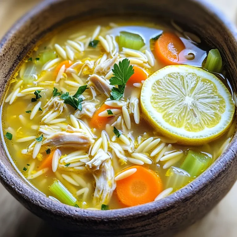 To make Greek lemon chicken soup, you need these key ingredients: - 1 tablespoon olive oil - 1 medium onion, finely diced - 2 cloves of garlic, minced - 3 medium carrots, peeled and sliced into rounds - 2 celery stalks, diced into small pieces - 1/2 teaspoon dried oregano - 1/4 teaspoon freshly ground black pepper - 6 cups chicken broth (homemade or low-sodium) - 1 pound boneless, skinless chicken breasts - 1 cup orzo pasta (or substitute with rice if desired) - Juice of 2 fresh lemons - Zest of 1 lemon - 2 large eggs - Fresh parsley, finely chopped (for garnish) - Salt, to taste These ingredients create a warm and comforting soup. The lemon adds a bright touch. The chicken and broth provide a hearty base. You can add some optional ingredients to enhance flavors or textures: - Spinach or kale for added greens - Feta cheese for a salty kick - Red pepper flakes for a bit of heat - Fresh dill for extra flavor These extras let you personalize your soup. Feel free to mix and match based on your taste. You can easily switch out some ingredients: - Use turkey instead of chicken for a lighter option. - Swap orzo for rice if you prefer. - For a vegetarian version, use vegetable broth and chickpeas. These changes can help fit your dietary needs. Each variation still keeps the essence of Greek lemon chicken soup. Enjoy experimenting! Start by heating 1 tablespoon of olive oil in a large pot over medium heat. Add 1 finely diced onion and cook it until it turns translucent. This should take about 5 minutes. Next, stir in 2 minced garlic cloves, 3 sliced carrots, and 2 diced celery stalks. Add 1/2 teaspoon of dried oregano and 1/4 teaspoon of black pepper. Cook this mix for another 5 minutes. Stir it often to keep it from sticking. Now, pour in 6 cups of chicken broth. Bring the mixture to a vigorous boil. Once it boils, gently add 1 pound of boneless, skinless chicken breasts. After adding the chicken, reduce the heat to low. Cover the pot and let it simmer for about 20 minutes. The chicken should be fully cooked and not pink in the center. After the chicken is done, carefully remove it from the pot. Place it on a cutting board to cool slightly. While it cools, add 1 cup of orzo pasta to the broth. Cook the pasta according to the package instructions, which usually takes about 8-10 minutes. Once the pasta is al dente, shred the chicken into bite-sized pieces using two forks. Return the shredded chicken to the pot. In a small bowl, whisk together 2 large eggs, the juice of 2 fresh lemons, and the zest of 1 lemon. Mix until smooth. To temper the eggs, slowly ladle a bit of the hot broth into the egg mixture while whisking. This warms the eggs gently and prevents them from curdling. Once tempered, stir the egg mixture back into the soup, mixing it well. Taste the soup and add salt if needed to enhance the flavor. Remove the pot from heat and let the soup rest for about 5 minutes. This helps the flavors blend nicely. When you serve the soup, garnish it with fresh parsley for a pop of color. Enjoy your bowl of comfort! To get that bright lemon flavor, use fresh lemons. Fresh juice and zest give the best taste. You need the juice of two lemons and the zest of one. When you add these, do it near the end. This keeps the flavor fresh and strong. You can also try adding a bit more lemon if you like it tangy. Just taste as you go! You don’t need much to make this soup. A large pot works great for cooking everything together. Use a sharp knife to chop your veggies and shred the chicken. A whisk helps when mixing the eggs with lemon juice. If you have a ladle, it makes serving the soup easier. Keep a cutting board handy for easy prep. To make the soup creamy, focus on the egg mixture. Whisk the eggs well with lemon juice and zest. Temper the eggs with hot broth to avoid curdling. Add this mix slowly to the soup, stirring all the time. This will give you a smooth and creamy texture. You can also add a splash of cream if you want it even richer. {{image_4}} You can easily make a vegetarian version of Greek lemon soup. Replace chicken with hearty veggies. Use mushrooms or chickpeas for protein. Swap chicken broth with vegetable broth. Add more carrots and celery for texture. You can also toss in some spinach or kale for a fresh taste. This version still holds the bright lemon flavor that makes the soup special. For a gluten-free soup, choose gluten-free pasta or rice. Quinoa is another great option. Just make sure the broth is also gluten-free. You can find gluten-free pasta at most grocery stores. This keeps the soup rich without the gluten, making it safe for all diets. Want to kick up the flavor? Try adding fresh herbs like dill or thyme. These herbs pair well with lemon. You can also stir in some capers for a briny bite. If you like spice, add a pinch of red pepper flakes. For a creamier texture, use coconut milk or a splash of cream. Each of these options adds a new twist to the classic Greek lemon chicken soup. To store leftover Greek lemon chicken soup, let it cool first. Pour it into an airtight container. Make sure to seal it well. Place the container in the fridge. The soup will stay fresh for about three to four days. If you want to enjoy it later, freezing is a great option. For long-term storage, freezing is your best bet. Use freezer-safe containers or heavy-duty bags. Divide the soup into portions for easy thawing. Leave some space in the container for expansion. This soup can last up to three months in the freezer. When you're ready to enjoy it, just thaw it overnight in the fridge. To reheat the soup, pour it into a pot over medium heat. Stir it often to avoid sticking. If it's too thick, add a splash of broth or water. Heat until it's warm all the way through. You can also use the microwave. Heat in short bursts, stirring in between. Enjoy your comforting bowl of Greek lemon chicken soup! Yes, you can use different pasta types. Orzo fits well, but rice is a good choice too. You can try small shells or ditalini. Just cook them as per the package. To make the soup creamier, add milk or cream. You can also mix in extra egg yolks. Whisk them with lemon juice before adding to the soup. This gives a rich texture. Some great side dishes include a simple green salad or warm pita bread. You could even serve it with roasted vegetables. These options balance the soup's flavors nicely. Greek Lemon Chicken Soup lasts about three to four days in the fridge. Store it in an airtight container to keep it fresh. Always reheat thoroughly before eating. Yes, this soup is perfect for meal prep. You can make a big batch and store it. Just divide it into portions for easy lunches or dinners later. In this blog post, we covered the ingredients for Greek Lemon Chicken Soup. You learned the steps to prepare and cook it. We included tips for flavor and storage, plus variations for different diets. This soup is simple and tasty, making it a great meal for any day. I hope these insights inspire you to make your own version. Enjoy the bright, fresh flavors in every bite!