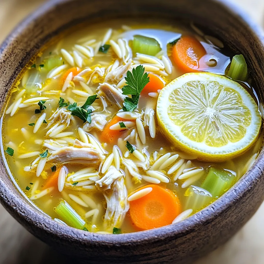 To make Greek lemon chicken soup, you need these key ingredients: - 1 tablespoon olive oil - 1 medium onion, finely diced - 2 cloves of garlic, minced - 3 medium carrots, peeled and sliced into rounds - 2 celery stalks, diced into small pieces - 1/2 teaspoon dried oregano - 1/4 teaspoon freshly ground black pepper - 6 cups chicken broth (homemade or low-sodium) - 1 pound boneless, skinless chicken breasts - 1 cup orzo pasta (or substitute with rice if desired) - Juice of 2 fresh lemons - Zest of 1 lemon - 2 large eggs - Fresh parsley, finely chopped (for garnish) - Salt, to taste These ingredients create a warm and comforting soup. The lemon adds a bright touch. The chicken and broth provide a hearty base. You can add some optional ingredients to enhance flavors or textures: - Spinach or kale for added greens - Feta cheese for a salty kick - Red pepper flakes for a bit of heat - Fresh dill for extra flavor These extras let you personalize your soup. Feel free to mix and match based on your taste. You can easily switch out some ingredients: - Use turkey instead of chicken for a lighter option. - Swap orzo for rice if you prefer. - For a vegetarian version, use vegetable broth and chickpeas. These changes can help fit your dietary needs. Each variation still keeps the essence of Greek lemon chicken soup. Enjoy experimenting! Start by heating 1 tablespoon of olive oil in a large pot over medium heat. Add 1 finely diced onion and cook it until it turns translucent. This should take about 5 minutes. Next, stir in 2 minced garlic cloves, 3 sliced carrots, and 2 diced celery stalks. Add 1/2 teaspoon of dried oregano and 1/4 teaspoon of black pepper. Cook this mix for another 5 minutes. Stir it often to keep it from sticking. Now, pour in 6 cups of chicken broth. Bring the mixture to a vigorous boil. Once it boils, gently add 1 pound of boneless, skinless chicken breasts. After adding the chicken, reduce the heat to low. Cover the pot and let it simmer for about 20 minutes. The chicken should be fully cooked and not pink in the center. After the chicken is done, carefully remove it from the pot. Place it on a cutting board to cool slightly. While it cools, add 1 cup of orzo pasta to the broth. Cook the pasta according to the package instructions, which usually takes about 8-10 minutes. Once the pasta is al dente, shred the chicken into bite-sized pieces using two forks. Return the shredded chicken to the pot. In a small bowl, whisk together 2 large eggs, the juice of 2 fresh lemons, and the zest of 1 lemon. Mix until smooth. To temper the eggs, slowly ladle a bit of the hot broth into the egg mixture while whisking. This warms the eggs gently and prevents them from curdling. Once tempered, stir the egg mixture back into the soup, mixing it well. Taste the soup and add salt if needed to enhance the flavor. Remove the pot from heat and let the soup rest for about 5 minutes. This helps the flavors blend nicely. When you serve the soup, garnish it with fresh parsley for a pop of color. Enjoy your bowl of comfort! To get that bright lemon flavor, use fresh lemons. Fresh juice and zest give the best taste. You need the juice of two lemons and the zest of one. When you add these, do it near the end. This keeps the flavor fresh and strong. You can also try adding a bit more lemon if you like it tangy. Just taste as you go! You don’t need much to make this soup. A large pot works great for cooking everything together. Use a sharp knife to chop your veggies and shred the chicken. A whisk helps when mixing the eggs with lemon juice. If you have a ladle, it makes serving the soup easier. Keep a cutting board handy for easy prep. To make the soup creamy, focus on the egg mixture. Whisk the eggs well with lemon juice and zest. Temper the eggs with hot broth to avoid curdling. Add this mix slowly to the soup, stirring all the time. This will give you a smooth and creamy texture. You can also add a splash of cream if you want it even richer. {{image_4}} You can easily make a vegetarian version of Greek lemon soup. Replace chicken with hearty veggies. Use mushrooms or chickpeas for protein. Swap chicken broth with vegetable broth. Add more carrots and celery for texture. You can also toss in some spinach or kale for a fresh taste. This version still holds the bright lemon flavor that makes the soup special. For a gluten-free soup, choose gluten-free pasta or rice. Quinoa is another great option. Just make sure the broth is also gluten-free. You can find gluten-free pasta at most grocery stores. This keeps the soup rich without the gluten, making it safe for all diets. Want to kick up the flavor? Try adding fresh herbs like dill or thyme. These herbs pair well with lemon. You can also stir in some capers for a briny bite. If you like spice, add a pinch of red pepper flakes. For a creamier texture, use coconut milk or a splash of cream. Each of these options adds a new twist to the classic Greek lemon chicken soup. To store leftover Greek lemon chicken soup, let it cool first. Pour it into an airtight container. Make sure to seal it well. Place the container in the fridge. The soup will stay fresh for about three to four days. If you want to enjoy it later, freezing is a great option. For long-term storage, freezing is your best bet. Use freezer-safe containers or heavy-duty bags. Divide the soup into portions for easy thawing. Leave some space in the container for expansion. This soup can last up to three months in the freezer. When you're ready to enjoy it, just thaw it overnight in the fridge. To reheat the soup, pour it into a pot over medium heat. Stir it often to avoid sticking. If it's too thick, add a splash of broth or water. Heat until it's warm all the way through. You can also use the microwave. Heat in short bursts, stirring in between. Enjoy your comforting bowl of Greek lemon chicken soup! Yes, you can use different pasta types. Orzo fits well, but rice is a good choice too. You can try small shells or ditalini. Just cook them as per the package. To make the soup creamier, add milk or cream. You can also mix in extra egg yolks. Whisk them with lemon juice before adding to the soup. This gives a rich texture. Some great side dishes include a simple green salad or warm pita bread. You could even serve it with roasted vegetables. These options balance the soup's flavors nicely. Greek Lemon Chicken Soup lasts about three to four days in the fridge. Store it in an airtight container to keep it fresh. Always reheat thoroughly before eating. Yes, this soup is perfect for meal prep. You can make a big batch and store it. Just divide it into portions for easy lunches or dinners later. In this blog post, we covered the ingredients for Greek Lemon Chicken Soup. You learned the steps to prepare and cook it. We included tips for flavor and storage, plus variations for different diets. This soup is simple and tasty, making it a great meal for any day. I hope these insights inspire you to make your own version. Enjoy the bright, fresh flavors in every bite!