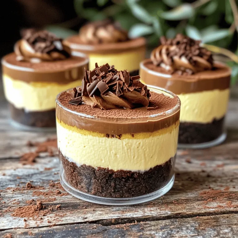 For the No Bake Mocha Cheesecake Cups, you will need: - 1 cup chocolate cookie crumbs - 4 tablespoons unsalted butter, melted - 1 cup cream cheese, softened - 1 cup heavy whipping cream - 1/2 cup powdered sugar - 1/4 cup cocoa powder - 1/4 cup strong brewed coffee, cooled - 1 teaspoon vanilla extract - A pinch of salt These ingredients create a rich, creamy base with a delightful chocolate flavor. You can enhance your cheesecake cups with: - Chocolate shavings for garnish - Additional cocoa powder for a dusting These extras add a nice touch to your dessert and make it look fancy. To make this dessert, you will need: - Mixing bowls - Electric mixer or hand mixer - Measuring cups and spoons - A spatula - Serving cups or glasses - Piping bag (optional) Having the right tools makes the process easier and more enjoyable. Start by gathering your ingredients. You need 1 cup of chocolate cookie crumbs and 4 tablespoons of melted unsalted butter. In a medium bowl, mix these two together. Stir until the crumbs are moist and look sandy. This mixture will be your crust. Next, take your serving cups. Spoon about 2 tablespoons of the crumb mixture into each cup. Use the back of a spoon to press the crumbs down firmly. This step makes the base solid. Place the cups in the fridge for 10 to 15 minutes. This helps the crust set before adding the filling. For the filling, grab a large mixing bowl. Beat 1 cup of softened cream cheese with an electric mixer. Mix until it’s smooth and creamy. This part is key; you want no lumps. Gradually add in 1/2 cup of powdered sugar and 1/4 cup of cocoa powder. Mix on low speed. In a separate bowl, pour in 1 cup of heavy whipping cream. Use a hand mixer on high speed. Whip until you see stiff peaks form. This means the cream is fluffy and ready. Now, carefully fold the whipped cream into the cream cheese mixture. Use a spatula for this. Gently mix until it’s well combined but still airy. This folding keeps the filling light and creamy. Remove your crust-filled cups from the fridge. Spoon or pipe the mocha cheesecake mixture into each cup. For a neat look, use a piping bag if you have one. Cover the cups with plastic wrap and place them back in the fridge for at least 4 hours. This chilling time helps the cheesecake set. When you’re ready to serve, take the cups out of the refrigerator. Garnish with chocolate shavings or a dusting of cocoa powder for a nice touch. You can also add a mint leaf on top for color. Enjoy your no bake mocha cheesecake cups! You can swap chocolate cookie crumbs for graham cracker crumbs. This change gives a different flavor. If you want a healthier option, use whole grain or gluten-free cookies. For cream cheese, try mascarpone cheese for a richer taste. If you avoid sugar, use a sugar substitute like Stevia or erythritol. To make great whipped cream, chill your mixing bowl in the fridge first. Use heavy whipping cream for the best results. Beat on high speed until stiff peaks form. This means the cream holds its shape well. Don’t overbeat, or it may turn into butter. If your cheesecake mixture is lumpy, beat the cream cheese longer. Mix until smooth before adding other ingredients. If the filling is too runny, make sure your cream is whipped well. Also, ensure you chill the cups long enough to set. If the crust falls apart, press it down more firmly in the cups. {{image_4}} You can switch up the flavor of your mocha cheesecake. Try using different cookie crumbs for the base. Graham cracker crumbs give a sweet taste. You can even use vanilla wafers for a twist! For a richer flavor, swap cocoa powder for dark chocolate. You can also use flavored coffee or espresso instead of regular coffee. This adds a fun layer of taste. If you need a dairy-free option, use dairy-free cream cheese and whipped cream. You can find these at most stores. For a gluten-free version, choose gluten-free cookie crumbs. Make sure to check the labels for any hidden ingredients. To cut sugar, use a sugar substitute like stevia or monk fruit sweetener. These swaps still give you that creamy delight. Garnishing elevates the look of your cheesecake cups. Chocolate shavings add charm and taste. You can sprinkle extra cocoa powder on top for a touch of elegance. For a fruity twist, add fresh berries like raspberries or strawberries. A mint leaf on top adds a pop of color and freshness. Each of these options makes your dessert even more special! After you make the No Bake Mocha Cheesecake Cups, store them in the fridge. Cover each cup with plastic wrap or a lid. This keeps them fresh and prevents drying out. The cool temperature helps set the cheesecake and keeps it creamy. Always place them on a flat surface to avoid spills. You can freeze these cheesecake cups if you want to keep them longer. Just make sure they are well covered. Use plastic wrap or airtight containers to prevent freezer burn. When you're ready to enjoy them, thaw them in the fridge overnight. Do not freeze the cups with any toppings. Add your garnishes just before serving. These cheesecake cups last about 4 days in the fridge. If you freeze them, they can last up to a month. After that, they may lose their taste and texture. Always check for any off smells or changes in appearance before eating. Enjoy them while they're fresh for the best flavor! You can easily make this dessert dairy-free. Substitute cream cheese with a dairy-free alternative, like cashew cream or coconut cream. For the heavy whipping cream, use coconut whipped cream. Choose dairy-free chocolate cookie crumbs for the crust. This way, you can still enjoy the rich flavors without dairy. Yes, you can use other cookie crumbs for the crust. Graham cracker crumbs work well for a different flavor. You could also try vanilla wafer crumbs or Oreo crumbs. Each option adds its own unique twist to the cheesecake cups. You can keep the cheesecake cups in the fridge for up to five days. Make sure to cover them tightly. This helps keep them fresh. The longer they sit, the more the flavors blend, which can enhance taste. These cheesecake cups pair well with many treats. Fresh berries add a nice touch. You might also serve them with a drizzle of chocolate sauce or a dollop of whipped cream. A small cup of coffee or espresso complements the mocha flavor perfectly. Absolutely! You can prepare the cheesecake cups a day in advance. Just make sure to chill them for at least four hours. This allows the cheesecake to set properly and saves you time on the day you plan to serve them. This article covered key steps to make No Bake Mocha Cheesecake Cups. You learned about ingredients, equipment, and step-by-step instructions. We also discussed tips, variations, and storage options. Making these treats is fun and easy. With the right tools and a few tricks, anyone can enjoy tasty cheesecake cups. Don't hesitate to try different flavors or toppings. Your creativity will make these desserts shine. Enjoy your delicious cheesecake cups, and share them with friends and family!