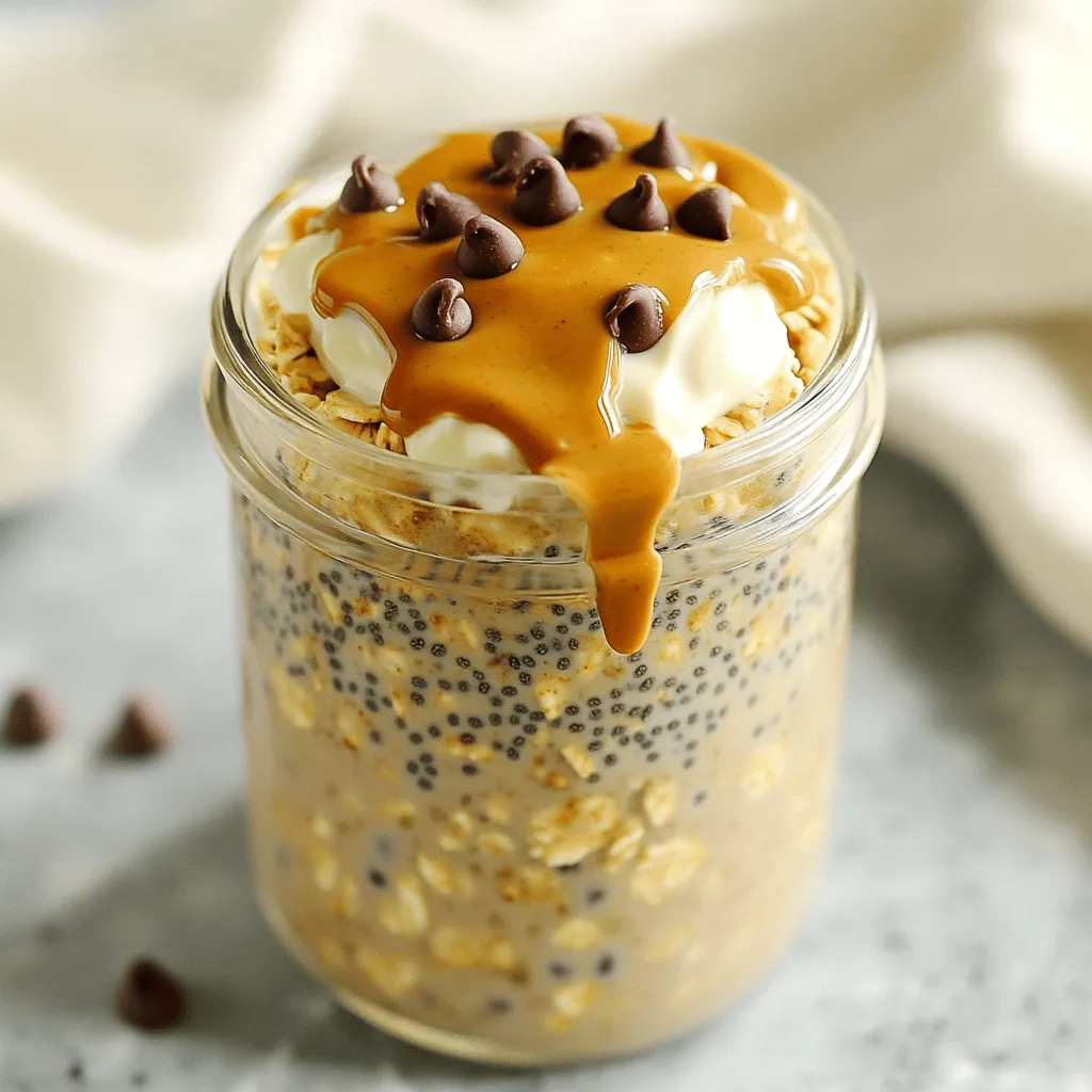 - 1 cup rolled oats - 2 cups almond milk (or any milk of your choice) - 2 tablespoons chia seeds - 2 tablespoons maple syrup - 1 teaspoon vanilla extract - 2 tablespoons almond or peanut butter - 2 tablespoons mini chocolate chips (plus extra for topping) - A pinch of sea salt To make cookie dough overnight oats, gather these simple ingredients. You will need rolled oats for the base. Choose your favorite milk, like almond milk, for a creamy texture. Chia seeds add fiber and help thicken the mix. Maple syrup gives it sweetness, while vanilla extract adds flavor. You can use almond or peanut butter for a nutty taste. Mini chocolate chips provide that special cookie dough feel. Don’t forget a pinch of sea salt to enhance all the flavors. With these ingredients, you create a tasty meal that feels like dessert. The oats become creamy overnight, making them ready to enjoy in the morning. First, grab a big mixing bowl. Add 1 cup of rolled oats. Next, pour in 2 cups of almond milk. If you like, you can use any milk you have. Then, add 2 tablespoons of chia seeds. This gives the oats a nice texture. Now, pour in 2 tablespoons of maple syrup for sweetness. Don’t forget 1 teaspoon of vanilla extract for flavor. Next, scoop in 2 tablespoons of almond butter. If you love peanut butter, that works too! Finally, sprinkle in a pinch of sea salt. Mix everything well with a whisk or spoon until it’s smooth. Now comes the fun part! Take 2 tablespoons of mini chocolate chips. Gently fold them into your oat mixture. Be careful not to break them. You want those little chocolate gems to stay whole and melt in your mouth later. Next, it’s time to store the oats. Divide the mixture into two jars. Make sure each jar is about three-quarters full. This allows space for the oats to soak up the milk. Now, seal the jars tightly with their lids. Place them in the fridge overnight. If you’re short on time, let them chill for at least 4 hours. This step is key for creamy oats. The next morning, give your oats a good stir. Add a splash of milk if you like it creamier. Top with more chocolate chips and a drizzle of almond butter. Enjoy your tasty cookie dough overnight oats! Letting the oats sit overnight is key. This time allows the oats to absorb the almond milk and chia seeds. You want a creamy, thick texture. If you rush this step, your oats may be runny. A good soak makes all the difference in flavor and feel. You can change up the recipe to fit your taste. Add fruits like bananas or berries for a fresh twist. Want it sweeter? Toss in more maple syrup or honey. Experiment with flavors to find what you love. Serving cookie dough overnight oats can be fun! Try adding a dollop of yogurt on top for creaminess. Drizzle extra almond butter for a rich treat. Top with more mini chocolate chips for a dessert vibe. Use jars to make it look pretty and shareable. {{image_4}} You can switch up the nut butter in your oats. Try peanut butter for a nutty taste. If you want a lighter flavor, use cashew butter. You can also change the sweetener. Swap maple syrup for honey or agave nectar. Each swap gives a new taste! To make the recipe vegan, use maple syrup and almond milk. Both are plant-based. Check your nut butter too. Most are vegan, but always read labels. For gluten-free oats, ensure your rolled oats are certified gluten-free. This way, everyone can enjoy! Add seasonal fruits to your oats for fun flavors. In spring, mix in fresh strawberries. In summer, blueberries are a great choice. For fall, try some pumpkin spice. In winter, add warming cinnamon or nutmeg. These flavors keep your oats exciting all year long! To keep your cookie dough overnight oats fresh, store them in airtight jars. This helps to lock in moisture and flavor. Make sure the jars are clean before use. Place them in the fridge for up to three days. Before eating, stir the oats well to mix in any liquid that may have settled. You can freeze overnight oats too! Use freezer-safe jars and leave some space at the top. This space allows for expansion. When you want to eat them, move the jars to the fridge for a night. This keeps them safe and tasty. If you're in a rush, you can thaw them in the microwave. Just use a low power setting and stir often. When stored in the fridge, the oats last for three days. If frozen, they can stay good for up to three months. Always check for signs of spoilage before eating. If it smells bad or looks strange, it's best to throw it away. Enjoy your oats at their best! The best milk for overnight oats is almond milk. It is creamy and adds a nice flavor. However, you can use any milk you like. Cow's milk, oat milk, or soy milk all work well. Each type gives a different taste and texture. Choose what you enjoy or what you have on hand. Yes, you can make these overnight oats in advance for meal prep. They store well in the fridge. Prepare them on Sunday for a quick breakfast all week. Just seal them in jars and keep them chilled. They will stay fresh for up to five days. This makes busy mornings much easier! To boost protein in cookie dough overnight oats, add Greek yogurt or protein powder. Mixing in 1/2 cup of Greek yogurt gives a creamy texture and adds protein. You can also stir in a scoop of your favorite protein powder. This way, you enjoy a tasty meal while getting the protein you need! You learned how to make tasty overnight oats with simple ingredients. We covered each step, from mixing the base to customizing flavors. Remember to let the oats sit overnight for the best texture. Try adding fresh fruits or seasonal spices for fun twists. Store them in the fridge for fresh eating or freeze extras for later. With these tips, your breakfast can be quick, easy, and delicious every day. Enjoy experimenting with your overnight oats and make them your own!