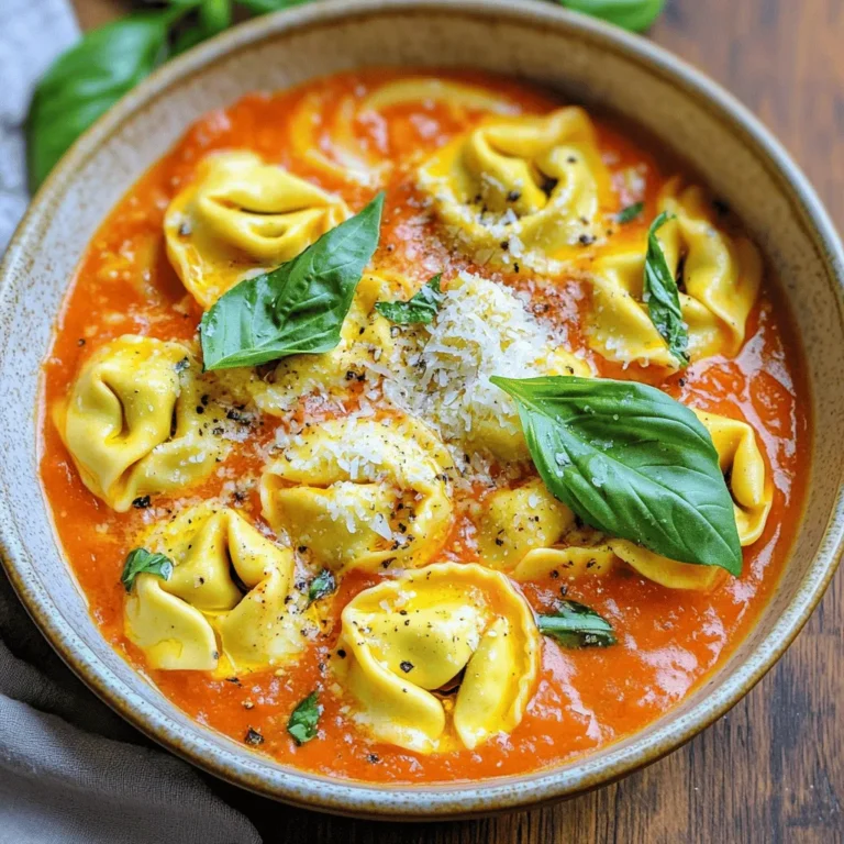 - 12 oz cheese tortellini - 1 tablespoon olive oil - 3 cloves garlic, minced - 1 (14.5 oz) can diced tomatoes, undrained - 1 cup heavy cream - 1 teaspoon Italian seasoning - Salt and freshly ground pepper to taste - ½ cup fresh basil, finely chopped - ¼ cup grated Parmesan cheese - Optional: red pepper flakes for a touch of heat Each ingredient plays a key role in this dish. The cheese tortellini gives a soft, cheesy bite that feels comforting. Olive oil enhances the flavors and helps cook the garlic. Fresh garlic adds a strong, savory taste that makes the dish pop. Diced tomatoes bring acidity and sweetness, which balance the creaminess. Heavy cream creates that rich, velvety sauce that clings to the tortellini. Italian seasoning adds a mix of herbs that make every bite taste fresh. Salt and pepper bring out all the flavors. Fresh basil adds brightness and a hint of sweetness. Finally, Parmesan cheese gives a salty finish that ties it all together. If you like a bit of heat, consider adding red pepper flakes. They can give this dish a nice kick without overpowering the other flavors. To start, bring a large pot of salted water to a boil. Salt helps the tortellini taste great. Once the water is boiling, add 12 oz of cheese tortellini. Cook them according to the package instructions, usually about 3 to 5 minutes. You want them al dente, or firm to the bite. After cooking, drain the tortellini and set them aside. Next, grab a large skillet and heat 1 tablespoon of olive oil over medium heat. Once hot, add 3 cloves of minced garlic. Sauté the garlic for about 1 minute. Stir constantly to avoid browning it. When the garlic smells great, pour in a can of diced tomatoes (14.5 oz), juice included. Bring this to a gentle simmer, stirring now and then. Now, slowly stir in 1 cup of heavy cream and 1 teaspoon of Italian seasoning. Let this sauce simmer for 3 to 5 minutes, stirring occasionally, until it thickens and turns creamy. Taste the sauce and season with salt, freshly ground pepper, and optional red pepper flakes for extra heat. Now it’s time to bring it all together. Gently add the cooked tortellini to the skillet. Toss them in the creamy tomato sauce until they are well coated. Next, fold in ½ cup of finely chopped fresh basil and ¼ cup of grated Parmesan cheese. Stir until everything is mixed well. Let the dish cook for an additional 1 to 2 minutes. This helps the flavors meld beautifully. Enjoy your creamy tomato basil tortellini! To make the sauce creamy, add more heavy cream. If you want less richness, use less cream. Adjust salt and pepper to balance the flavors. A pinch of sugar can help reduce acidity from tomatoes. Taste as you go to find your perfect mix. Cook the tortellini until they are al dente. This keeps them firm and chewy. If you overcook them, they may turn mushy. When cooking garlic, avoid browning it. Browned garlic can taste bitter. Cook it just until fragrant for the best flavor. Serve the tortellini in wide, shallow bowls. This creates a beautiful look. For a nice touch, sprinkle extra Parmesan cheese on top. Fresh basil leaves add a pop of color. Drizzle some olive oil for extra flavor and shine. {{image_4}} If you need to switch things up, consider these options: - Gluten-free tortellini options: Look for brands that use rice or corn flour. These options taste great and fit into a gluten-free diet. - Dairy alternatives: For a dairy-free version, use coconut cream or almond milk instead of heavy cream. Nutritional yeast can add a cheesy flavor too. Want to make the dish more filling? Try these ideas: - Adding protein: Toss in cooked chicken or shrimp for a hearty meal. Just add them in when you combine the tortellini with the sauce. - Incorporating other vegetables: Spinach or bell peppers work well. Add them to the sauce while it simmers for extra color and nutrients. To elevate your meal even more, consider these pairings: - Complementary side dishes: A fresh salad or garlic bread makes a great side. They add texture and flavor to your dinner. - Wine recommendations: A light red wine, like Pinot Noir, pairs nicely. It balances the richness of the cream and enhances the tomato flavor. To keep your creamy tomato basil tortellini fresh, store it in an airtight container. Place it in the fridge within two hours after cooking. This helps prevent bacteria growth. Use the leftovers within three to four days for the best taste. When reheating, use low heat to avoid overcooking. If you want to save some for later, freezing is a great option. Start by letting it cool completely. Then, transfer it to a freezer-safe container. Make sure to leave some space at the top for the sauce to expand. You can freeze it for up to three months. When you’re ready to eat, thaw it in the fridge overnight. Reheat it gently on the stove over low heat. You might want to add a splash of cream or water to help restore the creamy texture. Creamy tomato basil tortellini lasts about three to four days in the fridge. In the freezer, it can stay good for up to three months. To enjoy the best flavor and texture, consume it within these time frames. It takes about 25 minutes. You spend 10 minutes prepping and 15 minutes cooking. This quick time makes it a great weeknight meal. You can have a delicious dinner in no time! Yes, you can use fresh tomatoes! Use about 2 cups of diced fresh tomatoes. Remove the seeds for less liquid. This choice adds a fresh taste to your dish. Just cook them longer to break them down. Yes, this dish is vegetarian. It contains no meat or meat-based products. The creamy sauce and cheese add richness. You get a filling meal without any animal protein. Good side dishes include a simple salad or garlic bread. A fresh green salad adds crunch and balance. Garlic bread is perfect for soaking up the creamy sauce. Both pair well and complete your meal nicely. You can! Use dairy-free cream and cheese. Almond or coconut cream works well. Look for dairy-free cheese options too. This way, you keep the creamy texture without dairy. Enjoy all the flavors while meeting your dietary needs! You can easily make a creamy tomato basil tortellini dish. We covered the main ingredients, step-by-step instructions, and tips to perfect your sauce. I shared variations and storage tips for leftovers. With all these ideas, you can make this dish your own. Whether you want to impress guests or enjoy a cozy meal, this recipe fits. Dive in, explore your options, and enjoy every bite. Now, let your kitchen creativity shine!