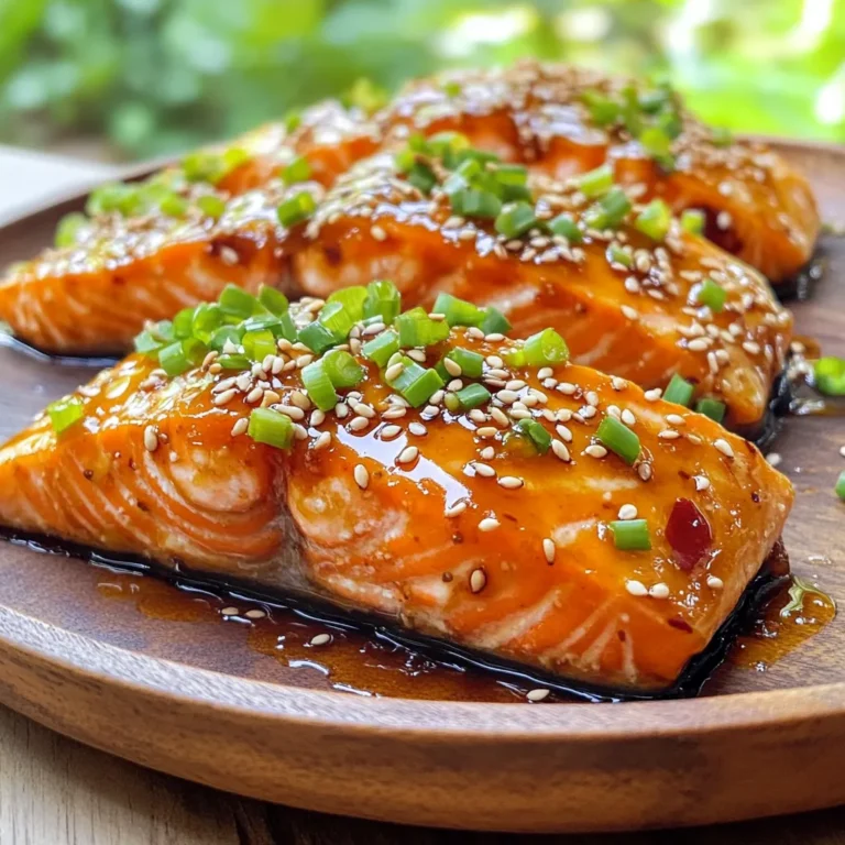 - 4 salmon fillets (approximately 6 oz each) - 1/4 cup honey - 3 tablespoons low-sodium soy sauce - 2 cloves garlic, finely minced - 1 tablespoon fresh ginger, grated - 2 tablespoons olive oil - 1/4 teaspoon red pepper flakes (optional, for heat) - Salt and pepper, to taste - 1 tablespoon sesame seeds (for garnish) - Chopped green onions (for garnish) Gathering the right ingredients is key to making sticky honey garlic salmon. Each item plays a big role in the flavor. You want fresh salmon fillets for the best taste. Honey adds sweetness, while soy sauce gives a savory element. Garlic and ginger bring warmth and depth to the dish. Olive oil helps in cooking and adds richness. Red pepper flakes can spice things up, but they are optional. Don’t forget to season with salt and pepper. For garnish, sesame seeds add a nutty crunch, and green onions give a fresh touch. Each ingredient works together to create a dish that is sticky, sweet, and savory. This balance of flavors makes your meal stand out. - In a bowl, combine: - 1/4 cup honey - 3 tablespoons low-sodium soy sauce - 2 cloves garlic, finely minced - 1 tablespoon fresh ginger, grated - 1/4 teaspoon red pepper flakes (optional) - A pinch of salt and pepper - Whisk these ingredients together. You want a smooth and flavorful marinade. This mix packs a punch with sweetness and a hint of heat. - Take your 4 salmon fillets and arrange them in a shallow dish. - Pour the marinade over the fillets. Make sure each piece is coated well. - Set it aside for about 5 minutes. This short wait helps the flavors soak into the fish. - Heat 2 tablespoons of olive oil in a skillet over medium-high heat. Wait until it shimmers. - Place the salmon fillets into the skillet, skin-side down. Cook for 3-4 minutes. You want the skin crispy and golden. - After that, gently flip the salmon. Pour in the remaining marinade. - Let it bubble and cook for another 3-4 minutes. The salmon should be fully cooked, and the sauce will thicken to a sticky glaze. This method ensures rich flavor and perfect texture. Enjoy your sticky honey garlic salmon! Checking doneness with a fork To check if your salmon is done, gently press the fish with a fork. If it flakes easily, it’s ready. This method works well for moist salmon. A few minutes too long can dry it out, so keep an eye on it. Achieving crispy skin To get that perfect crispy skin, start with a dry surface. Pat the salmon with a paper towel before you cook it. Use medium-high heat in your skillet. Place the salmon skin-side down and let it cook without moving it. This will help create that golden crust. Adjusting soy sauce & honey ratios If you like your sauce sweeter, add more honey. For a saltier flavor, increase the soy sauce. Play around with these two to find your perfect balance. A 1:2 ratio of soy sauce to honey is a great starting point. Adding citrus zest for freshness To brighten up the dish, add some zest from a lemon or orange. Just a teaspoon can make a big difference. It adds a fresh flavor that cuts through the sweetness of the honey. Plating techniques When serving, place the salmon on one side of the plate. This leaves room for your sides. Use a spoon to drizzle the sticky sauce over the fish. This adds a nice touch and looks great. How to garnish effectively Garnishing can elevate your meal. Sprinkle sesame seeds over the salmon for crunch. Add chopped green onions for color and flavor. This not only makes your dish look good but adds more taste too. {{image_4}} You can swap salmon for chicken or tofu. Each option offers a new taste. When using chicken, cut it into thin strips. This helps it cook faster. For tofu, choose firm or extra-firm varieties. Always press the tofu to remove excess water. Cooking times will change with these proteins. Chicken needs about 6-8 minutes per side. Tofu cooks quicker, around 4-5 minutes on each side. Keep an eye on them to avoid overcooking. Don’t be afraid to play with herbs and spices. Fresh herbs like basil or cilantro add a nice touch. You can also try spices like paprika for warmth. Fruit-infused honey is a fun twist. Look for honey with flavors like orange or lemon. This adds a fruity note to your dish. You can also use fresh fruit, like mango or pineapple, in the sauce. If you need gluten-free options, choose tamari instead of soy sauce. Tamari has a similar taste but is gluten-free. For low-sodium options, use less soy sauce. Pair it with more honey for sweetness. This keeps the dish tasty without too much salt. Adjust to your preference and enjoy! To keep your sticky honey garlic salmon fresh, store it in an airtight container. This method locks in flavor and moisture. Place the salmon in the fridge within two hours of cooking. It will stay good for 3 to 4 days. Always check for any off smells before eating. When it's time to warm up your salmon, avoid dry fish. The best way is to reheat gently. Use a skillet over low heat and cover it with a lid. This keeps moisture in. You can also use the oven at 275°F. Wrap the salmon in foil to keep it juicy. A few minutes is all you need to heat it up. If you want to save salmon for later, freezing works well. Wrap it tightly in plastic wrap or foil. Then place it in a freezer bag. This keeps out air and prevents freezer burn. Salmon can stay frozen for up to three months. When ready to use, thaw it in the fridge overnight for the best texture. It takes about 8 to 10 minutes to cook salmon. This time includes 3 to 4 minutes on each side. The salmon cooks quickly due to its thin fillets. The key is to watch for the color change. When it turns from bright pink to a lighter shade, it is close to done. Yes, you can use fresh salmon! Fresh salmon often has a better taste and texture. If you use fresh, adjust the cooking time slightly. Fresh fillets may cook faster than frozen ones. You have many great options! Here are a few ideas: - Steamed rice - Quinoa - Roasted vegetables - A fresh salad - Mashed potatoes These sides pair well with the sweet and savory flavors of the salmon. To check if salmon is cooked, look at its color and texture. The fish should be opaque and flake easily with a fork. You can also use a meat thermometer. The safe internal temperature is 145°F. If you reach this temp, the salmon is done. This blog post covered everything you need for a tasty honey garlic salmon. We discussed the ingredients, step-by-step cooking, and tips for perfect results. Remember to adjust flavors to your taste and don't be afraid to try different proteins. Store leftovers properly for future meals and enjoy! Cooking can be fun, so experiment and make this dish your own. With practice, you'll impress everyone with your skills. Enjoy your journey in the kitchen!