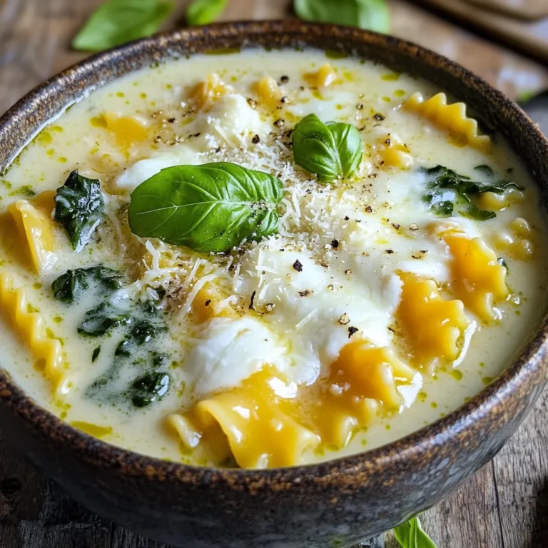 To make this creamy soup, gather these key ingredients: - 1 pound lean ground chicken or turkey - 1 medium onion, finely chopped - 2 cloves garlic, minced - 1 teaspoon Italian seasoning blend - 1/2 teaspoon crushed red pepper flakes (optional, for heat) - 6 cups low-sodium chicken broth - 8 ounces lasagna noodles, broken into bite-sized pieces - 1 (15-ounce) container of ricotta cheese - 2 cups fresh spinach, roughly chopped - 1 cup shredded mozzarella cheese - 1/2 cup grated Parmesan cheese - Salt and freshly cracked pepper to taste - Fresh basil leaves for garnish (optional) You can add more depth to your soup with these optional items: - Extra garlic for a stronger taste - Mushrooms for an earthier flavor - Zucchini for added veggies - A squeeze of lemon juice for brightness These ingredients can really boost the taste and texture of your dish. Cheese brings a rich creaminess to this soup. Here are my top picks: - Mozzarella for its gooey texture when melted - Parmesan for a sharp, nutty flavor - Ricotta for its smoothness and creaminess Feel free to mix and match these cheeses to find your favorite blend. Using various cheeses will add layers of flavor to your slow cooker white lasagna soup. Browning the Ground Chicken or Turkey Start by heating a large skillet over medium heat. Add 1 pound of lean ground chicken or turkey. Cook it for about 5 to 7 minutes. Make sure the meat is browned and no longer pink. If you see extra fat, drain it from the skillet. This step adds flavor to your soup. Sautéing the Onion and Garlic Next, add 1 finely chopped medium onion and 2 cloves of minced garlic to the skillet. Sprinkle in 1 teaspoon of Italian seasoning and, if you like heat, 1/2 teaspoon of crushed red pepper flakes. Sauté these for 3 to 4 minutes until the onion is soft and clear. This mix smells great and builds a tasty base for your soup. Layering Ingredients in the Slow Cooker Transfer your cooked meat and onion mix to a slow cooker. Pour in 6 cups of low-sodium chicken broth. Add 8 ounces of broken lasagna noodles and stir gently. Make sure the noodles are covered in broth. This helps them cook evenly. Cooking Times on Low vs. High Cover the slow cooker and set it to cook. You can choose to cook on low for 6 to 8 hours or on high for 3 to 4 hours. The noodles should be tender when done. Cooking on low gives rich flavors, while high saves time. Incorporating Ricotta and Spinach About 30 minutes before serving, stir in 1 container of ricotta cheese and 2 cups of roughly chopped fresh spinach. Mix well until the spinach wilts. This adds creaminess and a healthy twist to your soup. Melting the Cheeses and Final Seasoning Once the soup is hot, sprinkle in 1 cup of shredded mozzarella cheese and 1/2 cup of grated Parmesan cheese. Stir gently until the cheeses melt and the soup is creamy. Finally, taste and add salt and freshly cracked pepper to your liking. This step brings all the flavors together. To make your white lasagna soup creamy, use ricotta cheese. Add it about 30 minutes before you serve. This gives it time to blend in. Stir well until it's smooth. You can also mix in some heavy cream for extra richness. A little cheese goes a long way in making this soup delicious. Not all slow cookers cook the same. If you use one that heats fast, check on your soup sooner. For a slow cooker that runs cool, you may need to add extra time. Generally, cook on low for 6-8 hours or high for 3-4 hours. Always look for tender noodles as a sign it's ready. Want to add more veggies? Great idea! Chop carrots, zucchini, or bell peppers and toss them in. Add them early in the cooking process. This way, they soften nicely and mix well with the soup. Spinach is a great choice, too, but add it later to keep it fresh. {{image_4}} You can use chicken or turkey for this soup. Both options add great flavor. If you want a meatless dish, you can skip the meat. Use mushrooms or lentils instead for texture. These choices give you more options to suit your taste and needs. For a gluten-free version, choose gluten-free lasagna noodles. There are many brands available at stores. You can also use zucchini slices or spaghetti squash. These options work well and keep the dish hearty. Just be sure to adjust cooking times, as these alternatives might cook faster. Cheese can change the taste of your soup. Instead of ricotta, try cottage cheese for a lighter option. Mixing in goat cheese or feta can add a tangy twist. You could also use a blend of mozzarella and cheddar for a sharper flavor. Experiment with what you like best! To store leftovers, let the soup cool first. Use an airtight container for best results. I suggest dividing it into portions. This way, you can eat just what you want later. Store the soup in the fridge for up to three days. If you want to keep it longer, freezing is a good choice. When you reheat the soup, do it gently. You can use the stove or the microwave. If using the stove, heat it on low. Stir it often to avoid burning. If using a microwave, heat in short bursts. Stir in between to ensure even heating. This keeps the soup creamy and delicious. You can freeze the soup for up to three months. Use a freezer-safe container or bags. Leave some space at the top. Soup expands as it freezes. When ready to eat, thaw it in the fridge overnight. Reheat on the stove for the best taste. If the soup looks thick, add a splash of chicken broth. This helps return its creamy texture. Yes, you can use store-bought broth. It saves time and is very handy. Choose a low-sodium option. This keeps the soup from getting too salty. You still get great flavor. Just make sure to taste it before serving. Adjust the seasoning if needed. To make it spicier, add more crushed red pepper flakes. You can also use hot Italian sausage instead of ground chicken or turkey. Another option is to add some chopped jalapeños or a dash of hot sauce. Start with small amounts to find the right heat for you. Yes, you can skip the meat and make it vegetarian. Use mushrooms or lentils as a great meat substitute. They add good texture and flavor. You can also add more veggies like zucchini or bell peppers. Just ensure the broth is vegetable-based. This keeps the soup rich and tasty. You learned how to make a tasty slow cooker white lasagna soup. We went over the key ingredients and how to layer them perfectly. I shared tips for creaminess and how to adjust cooking times. You can even explore fun variations with meats or cheese! This dish is great for leftovers, too. Remember, cooking is all about making it your own. Enjoy creating your version and share it with family and friends!