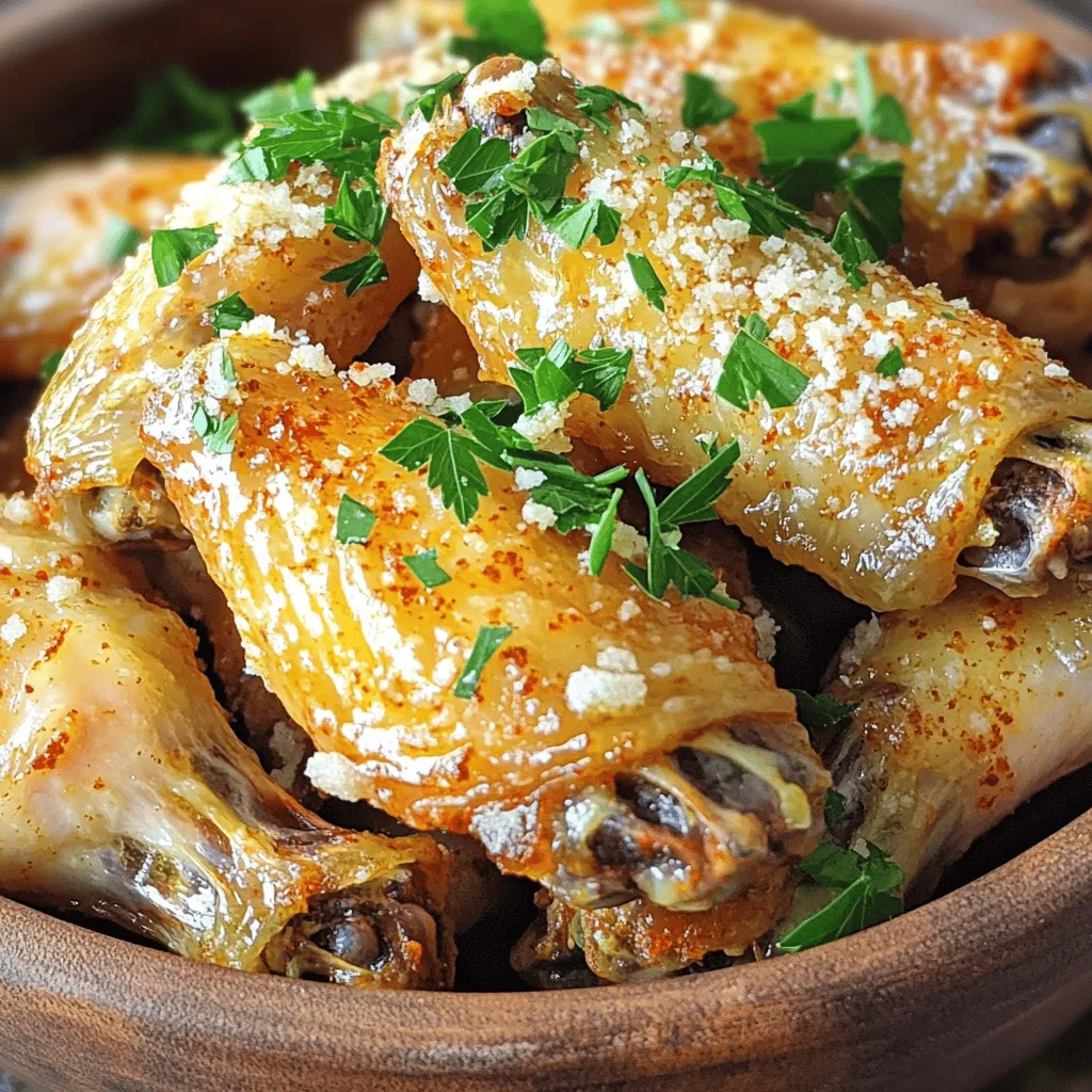 - 2 pounds chicken wings - 4 tablespoons extra virgin olive oil - 1 tablespoon garlic powder - 1 teaspoon onion powder - 1 teaspoon smoked paprika - Sea salt and freshly cracked black pepper - ½ cup freshly grated Parmesan cheese - 2 tablespoons fresh parsley, finely chopped - Hot sauce Gathering the right ingredients is key to making Garlic Parmesan Wings in your air fryer. Start with fresh chicken wings. They help create that perfect crispy texture. Extra virgin olive oil adds flavor and helps the wings brown nicely. Garlic powder gives the wings a bold taste. The onion powder adds a hint of sweetness. Smoked paprika provides a warm, smoky flavor that makes everything pop. Don't forget sea salt and freshly cracked black pepper. These simple seasonings elevate the taste of your wings. After cooking, toss the wings in freshly grated Parmesan cheese. It melts and coats the wings beautifully. For a bright touch, sprinkle with fresh parsley. This not only looks nice but adds freshness. If you like a kick, have hot sauce ready. It pairs well with the rich garlic and cheese. These ingredients combine to create a tasty and satisfying dish that everyone will love. - Preheat air fryer to 380°F (190°C). This step is key for crispy wings. The hot air cooks the wings evenly and quickly. - Mixing ingredients for coating In a large bowl, add 2 pounds of chicken wings. Pour in 4 tablespoons of extra virgin olive oil. Then add 1 tablespoon of garlic powder, 1 teaspoon of onion powder, and 1 teaspoon of smoked paprika. Season with sea salt and black pepper. - Coating the chicken wings evenly Use your hands or a spatula to mix. Make sure every wing is well-coated. This ensures all the flavors stick to the wings during cooking. - Arranging wings in the air fryer Place the seasoned wings in a single layer in the air fryer basket. Avoid overcrowding so the hot air can circulate properly. - Cooking time and tips for even browning Air fry the wings for 25-30 minutes. Shake the basket halfway through. This helps them brown evenly and become crispy. - Tossing wings with Parmesan Once cooked, move the wings to a bowl. Sprinkle ½ cup of freshly grated Parmesan cheese over the hot wings. Toss gently until all wings are coated in cheese. - Garnishing with parsley Finish by adding 2 tablespoons of finely chopped fresh parsley. This not only looks nice but adds a fresh taste. Serve these garlic Parmesan wings hot, with your favorite dipping sauce on the side! To make crispy wings, you need to oil and season them well. The olive oil is key. It helps the wings crisp up in the air fryer. Use enough oil to coat each wing, but don’t drown them. Seasoning is just as important. Garlic powder and smoked paprika add great taste. Airflow matters too. Place the wings in a single layer in the air fryer. If your basket is small, cook them in batches. This ensures hot air can circulate around each wing. Good airflow leads to even cooking and crispness. Wing sizes vary, so cooking times may change. Smaller wings need less time, while larger wings need more. Check for doneness by cutting into a wing. The meat should be white, not pink. A meat thermometer can help too. The internal temperature should reach 165°F (74°C). If you have extra-large wings, consider increasing the cooking time by a few minutes. Just keep an eye on them to avoid overcooking. You can spice things up with extra seasonings. Consider adding cayenne pepper for heat or Italian herbs for a twist. Experiment to find your favorite mix. For cheese, Parmesan is classic, but other options work too. Try Pecorino Romano for a sharper taste or even a mix of cheeses for depth. Feel free to get creative with flavors to suit your taste! {{image_4}} You can change the flavor of your wings with different spice mixes. If you like heat, try spicy garlic parmesan wings. Just add cayenne pepper or chili powder to your seasoning mix. This will give your wings a nice kick. For a fresh twist, consider lemon garlic herb wings. Mix in lemon zest, dried oregano, and thyme. This brightens up the flavor and brings a new taste to your wings. You don't have to use an air fryer for these wings. Baking them in the oven is simple and still gives you great results. Preheat your oven to 400°F (200°C). Spread the seasoned wings on a baking sheet. Bake them for about 40-45 minutes, flipping halfway through. If you prefer grilling, you can still enjoy garlic parmesan wings. Preheat your grill and cook the wings over medium heat. Grill for 25-30 minutes, turning often to avoid burning. Pair your garlic parmesan wings with different dipping sauces to enhance the flavor. Ranch dressing is a classic choice. If you like something spicier, serve with hot sauce. You can also try blue cheese dressing for a bold taste. When it comes to side dishes, celery sticks and carrot sticks are great options. They add freshness and crunch. You can even serve these wings with a side of coleslaw for a nice contrast. Enjoy experimenting! To keep your garlic parmesan wings fresh, follow these tips. First, let the wings cool to room temperature. Place them in an airtight container. Store them in the fridge for up to three days. If you want to keep them longer, freezing is a great option. For freezing, wrap the wings tightly in plastic wrap. Then, place them in a freezer-safe bag. They can stay frozen for up to three months. When you're ready to enjoy leftover wings, you have a few options. The best method is to use the air fryer again. Preheat it to 375°F (190°C). Place the wings in a single layer. Heat them for about 10-15 minutes. This method keeps them crispy and delicious. You can also use the oven. Preheat it to 350°F (175°C). Spread the wings on a baking sheet and cover them with foil. Bake for about 15-20 minutes. If you want them extra crispy, remove the foil for the last 5 minutes. Enjoy your wings just like they were fresh! Cook chicken wings in the air fryer for 25 to 30 minutes. Preheat your air fryer to 380°F (190°C) first. Place the wings in a single layer for even cooking. Shake the basket halfway through to promote crispiness. When the wings are golden brown, they are ready to enjoy! Yes, you can use frozen chicken wings! Add an extra 5 to 10 minutes to the cooking time. Make sure to check for doneness. The wings should reach an internal temperature of 165°F (74°C). For best results, don’t overcrowd the basket. This will help them cook evenly. Garlic parmesan wings taste great with various dips. Ranch dressing is a classic choice. Blue cheese dressing also works well. If you like some heat, try a spicy hot sauce. You can mix and match to find your perfect flavor combination! This post covered how to make delicious air fryer chicken wings. We explored key ingredients, like chicken wings and olive oil, and shared step-by-step instructions for perfect cooking. I also provided tips for crispy wings and flavor variations, plus advice on storing and reheating. By following this guide, you can enjoy tasty wings any time. Experiment with different spices and sauces to find your favorite. You’ll impress friends and family with your skills in the kitchen! Enjoy your cooking adventure!
