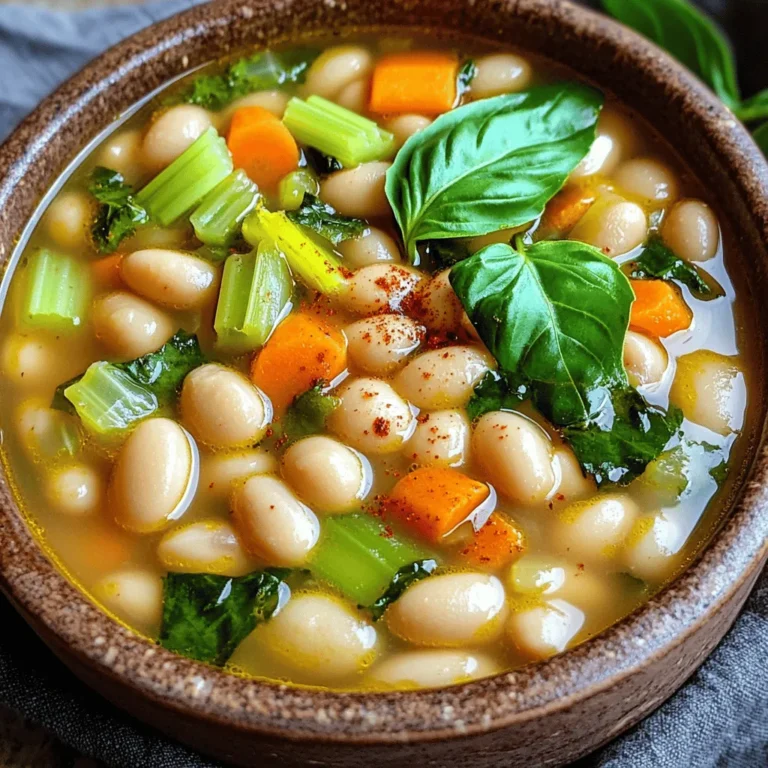 - 2 cups dried cannellini beans - 1 medium onion, finely diced - 2 medium carrots, peeled and diced - 2 celery stalks, diced - 3 cloves garlic, minced - 6 cups low-sodium vegetable broth - 1 (14 oz) can diced tomatoes, undrained - 2 cups baby kale or fresh spinach To make a great soup, you start with the right beans. Dried cannellini beans are rich and creamy. They soak up flavors well. So, rinse them and soak them overnight. This step helps them cook better. Next, you need fresh vegetables. I love using onion, carrots, celery, and garlic. These veggies add sweetness and depth. Dice them up finely for even cooking. You'll need low-sodium vegetable broth for a rich base. This keeps the soup hearty but light. Diced tomatoes add a nice acidity and balance. Always pick a can that is undrained. Finally, baby kale or fresh spinach gives a lovely green touch. They bring color and nutrition. - 1 teaspoon dried oregano - 1 teaspoon dried thyme - ½ teaspoon red pepper flakes - Salt and freshly ground black pepper - 2 tablespoons extra virgin olive oil - Fresh basil leaves, torn, for garnish Seasoning brings all the flavors together. Dried oregano and thyme add a classic Italian taste. Red pepper flakes give it a little heat. Adjust the amount based on your spice level. Always season with salt and pepper to taste. A drizzle of extra virgin olive oil adds richness. When serving, fresh basil is a must. It adds a sweet, aromatic finish. Just tear the leaves and sprinkle them on top. This soup is all about simple, fresh flavors that come together beautifully. First, drain and rinse the dried cannellini beans. Soaking them overnight helps to soften the beans. Next, prepare your vegetable mix. Dice one medium onion, two carrots, and two celery stalks. Mince three cloves of garlic. This mix adds great flavor to our soup. Heat two tablespoons of extra virgin olive oil in a large skillet over medium heat. Add the diced onion, carrots, and celery. Sauté for about 5-7 minutes until the veggies soften. Stir often. Once they are tender, add the minced garlic and cook for one more minute. Now, the garlic will smell great! Transfer the sautéed vegetables to your slow cooker. Add the soaked cannellini beans along with six cups of low-sodium vegetable broth. Also, include one 14 oz can of undrained diced tomatoes. Mix in one teaspoon of dried oregano, one teaspoon of dried thyme, and half a teaspoon of red pepper flakes. Stir everything well to combine. Season with salt and freshly ground black pepper to taste. Cover the slow cooker and set it to cook on low for eight hours or on high for four hours. The beans should become tender and flavorful. About 15 minutes before serving, add two cups of baby kale or fresh spinach. This adds nice color and nutrition. Taste the soup now and adjust the seasoning if needed. You can add more salt, pepper, or red pepper flakes to suit your taste. To serve, ladle the soup into bowls. Garnish with torn fresh basil leaves for a lovely finish. A drizzle of olive oil around the bowl adds a touch of elegance. Enjoy this hearty and comforting soup! Soaking the beans overnight is key. This step helps the beans cook evenly and makes them soft. It also cuts down on cooking time. If you skip this, your soup may end up with hard beans. To get the best flavor balance, use fresh ingredients. Fresh vegetables like onions, carrots, and celery bring out the soup's taste. Sauté them well before adding to the slow cooker. This step adds depth to the flavor. This soup tastes great with bread. A slice of crusty whole-grain bread pairs perfectly. You can also serve it with a salad for a light meal. When storing leftovers, use airtight containers. Place the soup in the fridge for up to four days. You can also freeze it for longer storage. Just remember to leave space in the container for expansion. To change things up, add different spices. Try smoked paprika for a smoky flavor or cumin for warmth. You can also add other vegetables. Zucchini or bell peppers work well. For extra protein, consider adding cooked chicken or sausage. Just be sure to adjust the cooking time for these additions. {{image_4}} To keep your Tuscan white bean soup fresh, use airtight containers. Glass jars or plastic containers work well. Let the soup cool to room temperature before sealing. Store it in the fridge for up to five days. For longer storage, freeze the soup. Use freezer-safe bags or containers. Make sure you leave space for expansion. The soup can last up to three months in the freezer. When you're ready to enjoy your soup again, reheating is easy. Use a pot on the stove for the best flavor. Heat the soup over medium heat. Stir often to prevent sticking. If the soup is too thick, add a splash of broth or water. You can also use the microwave. Place the soup in a microwave-safe bowl. Heat in short bursts, stirring in between. This keeps the soup hot without losing taste. Yes, you can use canned beans. They save time and are easy to find. If you do this, skip the soaking step. Drain and rinse the canned beans before adding them. You should also reduce the cooking time. Cook the soup on low for about 4 hours or on high for about 2 hours. This way, the beans will heat up without getting too soft. Yes, this soup is vegan-friendly! All the ingredients used are plant-based. You have dried cannellini beans, fresh vegetables, and vegetable broth. The spices and olive oil are also vegan. If you want to serve it with bread, make sure the bread is vegan too. If you want more heat, add more red pepper flakes. Start with a little extra, like ¼ teaspoon at a time, and taste as you go. You can also add fresh chili peppers or hot sauce. Just remember, you can always add more spice, but it’s hard to take it out once it’s in! This Slow Cooker Tuscan White Bean Soup is not just tasty; it packs a punch in nutrition. The dried cannellini beans are a great source of protein and fiber. Each serving gives you a boost of energy while keeping you full. Beans help support healthy digestion too. The soup also includes many vegetables. Onion, carrots, celery, and garlic add vitamins A and C. These vitamins help keep your immune system strong. The baby kale or fresh spinach brings in iron, calcium, and more vitamins. Together, these ingredients make a hearty meal that is good for your body. This recipe serves about six people. Each serving has around 220 calories. This low-calorie count makes it easy to enjoy without guilt. Plus, the soup is low in sodium, thanks to using low-sodium vegetable broth. Key ingredients, like olive oil, provide healthy fats. They help your body absorb vitamins from the veggies. Overall, this soup is not just comfort food; it’s also a nutrient-rich meal you can feel good about. This blog post outlined a delicious soup recipe featuring cannellini beans, fresh veggies, and tasty spices. You learned how to prepare the ingredients, cook them, and make the dish shine with garnishes. With tips for storage and reheating, you can enjoy this meal any time. Remember, you can customize your soup with different spices and vegetables to match your taste. Enjoy the health benefits and flavors this recipe brings to your table!