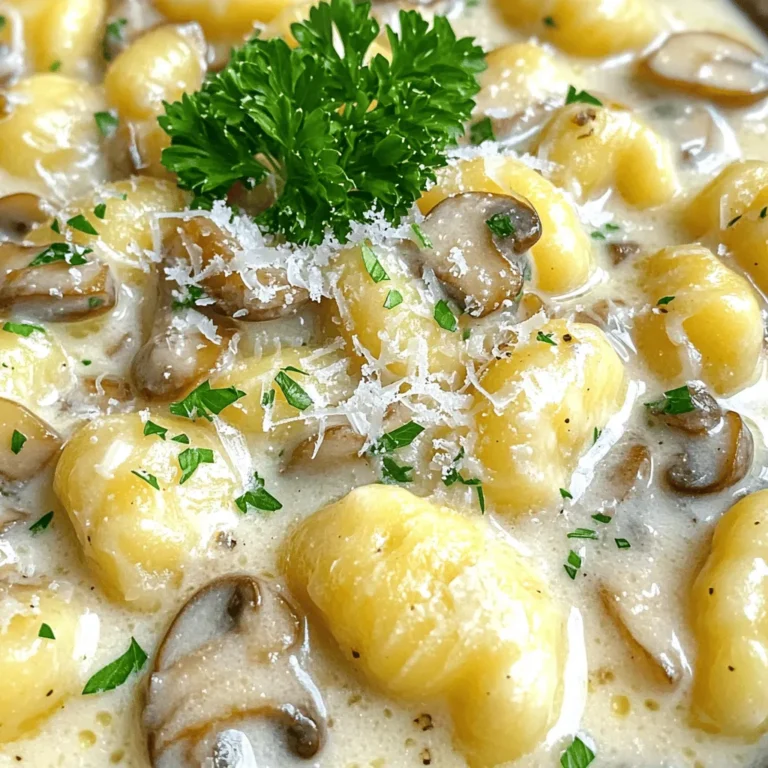 To make creamy mushroom gnocchi, gather these key ingredients: - 1 lb potato gnocchi - 2 tablespoons olive oil - 1 medium onion, finely chopped - 3 cloves garlic, minced - 8 oz cremini mushrooms, sliced - 1 cup heavy cream - 1/2 cup grated Parmesan cheese - Salt and pepper to taste - Fresh parsley, chopped (for garnish) - 1 teaspoon dried thyme - 1/4 teaspoon red pepper flakes (optional for a kick) These ingredients blend to create a rich and tasty dish. The gnocchi provides a soft base. The mushrooms add earthy flavors, while the cream and cheese help create a smooth sauce. You can enhance this dish with fun add-ins. Try adding: - Spinach or kale for some greens - Sun-dried tomatoes for a touch of sweetness - Grilled chicken or shrimp for protein - A splash of white wine for depth - Fresh lemon zest for a bright note These choices can change the taste and look of your meal. Feel free to mix and match based on what you love. For easy cooking, you will need some tools: - A large pot for boiling gnocchi - A large skillet for the sauce - A wooden spoon for mixing - A colander for draining - A sharp knife and cutting board Having the right tools makes cooking easier. Keep everything ready to enjoy a smooth cooking experience! To start, boil water in a large pot. Add a pinch of salt. Once the water is bubbling, add 1 pound of potato gnocchi. Cook them following the package directions. In about 2-3 minutes, they will float to the top. This means they are ready! Drain the gnocchi and set them aside. Next, take a large skillet and heat 2 tablespoons of olive oil over medium heat. Add 1 finely chopped medium onion and cook it until it becomes soft and clear. This should take about 3-4 minutes. Then, stir in 3 minced cloves of garlic. Cook for another minute, letting the garlic release its aroma. Now it’s time for the mushrooms! Add 8 ounces of sliced cremini mushrooms to the skillet. Cook them for 5-7 minutes until they turn golden brown and release their juices. After that, pour in 1 cup of heavy cream and stir well. Gradually mix in 1/2 cup of grated Parmesan cheese. Keep stirring until the cheese melts and the sauce thickens, about 3-5 minutes. Once the sauce is ready, add the cooked gnocchi to the pan. Gently toss the gnocchi with the creamy mushroom sauce. Make sure every piece is coated in that rich goodness. Serve the creamy mushroom gnocchi on deep plates. For a finishing touch, sprinkle fresh chopped parsley on top. You can also add extra Parmesan for more flavor. Enjoy this delightful dish with your loved ones! To cook gnocchi just right, use a big pot. Fill it with salted water and bring it to a boil. Add the gnocchi and watch closely. When they float, they are done, usually in 2-3 minutes. Drain them gently and set aside. This keeps them soft and fluffy. For extra flavor, try adding dried thyme and red pepper flakes. Thyme gives a nice earthiness. Red pepper flakes add a tasty kick. You can also use fresh herbs like basil or rosemary for a fresh touch. A little extra Parmesan on top gives a rich finish, too. This creamy mushroom gnocchi is already vegetarian. To make it even better, add veggies like spinach or peas. These add color and nutrition. You can also use vegetable broth instead of water for cooking the gnocchi. This will boost the flavor without adding meat. {{image_4}} You can switch up the creamy sauce for a fresh twist. Try a basil pesto sauce. It adds a bright, herbal flavor. You can also use a tomato sauce for a different taste. A simple garlic and olive oil sauce keeps it light and tasty. Each sauce can change the whole vibe of the dish. Want to make your gnocchi even better? Consider adding spinach or kale for some greens. Sun-dried tomatoes bring a hint of sweetness. You can also toss in cooked chicken or shrimp for protein. Don't forget about nuts like pine nuts or walnuts for crunch. These add-ins create layers of flavor. If you need gluten-free gnocchi, look for brands made with rice or corn. They cook just like regular gnocchi. You can also make your own using gluten-free flour and potatoes. This way, you can enjoy the dish without worries. Always check the labels to ensure your ingredients are gluten-free. To store leftover creamy mushroom gnocchi, let it cool first. Place it in an airtight container. Make sure to cover it well. Store it in the fridge for up to three days. The gnocchi will stay fresh and tasty. When you're ready to eat again, reheat the gnocchi gently. You can use a skillet over low heat. Add a splash of cream or water to keep it moist. Stir it often to heat evenly. You can also use the microwave. Heat it in short bursts, stirring in between. This keeps the sauce creamy and delicious. If you want to freeze the gnocchi, do it before you cook it. Place the uncooked gnocchi on a baking sheet. Freeze it until firm, then transfer to a freezer bag. It can last up to three months. When you’re ready to use it, cook it straight from the freezer. Just add a few extra minutes to the cooking time. I like to use potato gnocchi for this recipe. It has a soft and fluffy texture. The potato flavor pairs well with the creamy sauce. You can find it in the store or make it at home. If you want a gluten-free option, look for gluten-free potato gnocchi. Absolutely! You can swap cremini mushrooms for any mushrooms you enjoy. Button mushrooms or shiitake mushrooms work well too. Each type adds a unique flavor and texture. Just remember to slice them thinly for even cooking. To lighten up the dish, you can use half-and-half instead of heavy cream. This will reduce the fat content but still give you a creamy texture. You can also add more veggies, like spinach or peas, for extra nutrients. Yes, you can prepare the components ahead of time. Cook the gnocchi and sauce separately. Store them in the fridge for up to two days. When you’re ready to eat, just reheat and combine them. This makes for an easy weeknight meal! This blog post covered how to make creamy mushroom gnocchi. We looked at key ingredients and ways to enhance the dish. I shared step-by-step instructions on cooking and mixing the flavors together. You learned tips for perfecting your gnocchi, and how to make variations. We also discussed storage and answered common questions. In closing, this dish is simple and offers great taste. Enjoy experimenting with the ingredients for your perfect meal.