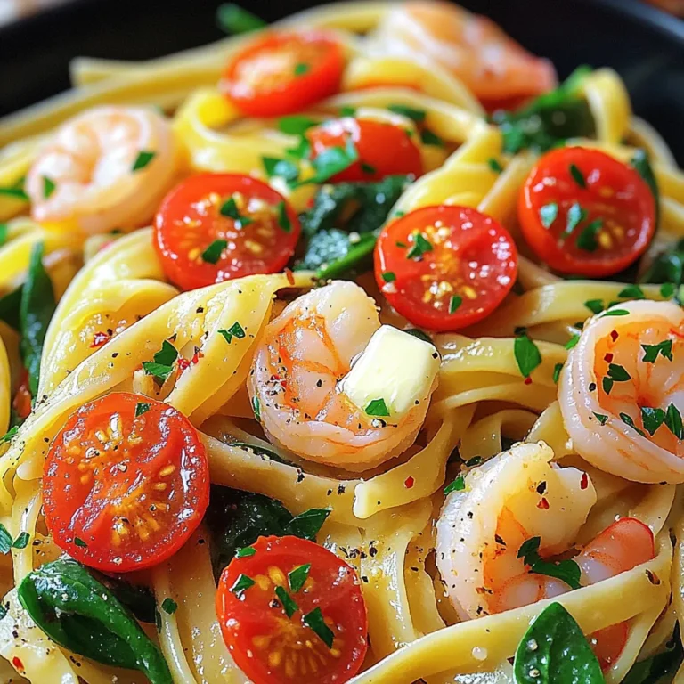 - 8 oz linguine pasta - 1 lb large shrimp, peeled and deveined - 4 tablespoons unsalted butter - 4 cloves garlic, finely minced - 1/4 teaspoon red pepper flakes - 1/2 cup cherry tomatoes, halved - 1 cup fresh spinach leaves - Zest and juice of 1 lemon - Salt and freshly ground black pepper, to taste - Fresh parsley, chopped, for garnish Gather these ingredients before you start cooking. Each one plays a key role. The linguine serves as the base, giving you that perfect pasta bite. Large shrimp add a sweet, juicy element. Unsalted butter is your base for flavor. Garlic brings warmth and depth. Red pepper flakes add a touch of heat. Cherry tomatoes add sweetness and color. Spinach gives a fresh green note. Lemon zest and juice brighten the dish. Salt and pepper help bring out all the flavors. Finally, parsley adds a fresh finish. With these ingredients ready, you can create a dish that sings with flavor! - First, bring a large pot of salted water to a boil. - Next, add the linguine and cook it until al dente, about 9 to 11 minutes. - Before draining, reserve half a cup of the pasta water. This water helps to create a silky sauce. - Drain the linguine and set it aside for later. - In a big skillet over medium heat, melt two tablespoons of butter until it bubbles. - Add the minced garlic to the skillet. Sauté it for about one minute. Stir often until it gets fragrant and lightly golden. - Now, season the shrimp with salt, black pepper, and red pepper flakes. - Add the shrimp to the skillet and cook for 2 to 3 minutes. Watch for them to turn pink and opaque. - Once cooked, transfer the shrimp to a plate and set them aside. - In the same skillet, add the remaining two tablespoons of butter. - Next, toss in the halved cherry tomatoes and fresh spinach. - Cook for 2 to 3 minutes until the tomatoes soften and the spinach wilts. - Lower the heat to a gentle simmer. - Return the cooked shrimp to the skillet. Add the drained linguine next. - Toss everything together. Gradually add some of the reserved pasta water to form a light sauce. - Finally, add lemon juice and zest, tasting as you go to adjust seasoning. When picking shrimp, fresh is best. You can find fresh shrimp at local fish markets. If you buy frozen, look for shrimp that feel firm. Avoid any that smell fishy. Quality shrimp should have a bright color. For large shrimp, look for sizes like 16/20. This means there are 16 to 20 shrimp per pound. The bigger the shrimp, the more meaty and tender they are. Want more heat? Just add more red pepper flakes. If you like it mild, cut back on the flakes. You can also try adding herbs like parsley or basil for extra flavor. Fresh herbs brighten the dish and add depth. For a twist, think about using lemon zest or a dash of paprika. These will enhance the taste and make it special. To cook linguine perfectly, start with plenty of water. Add salt once the water boils. Cook the linguine until it is al dente. This usually takes 9 to 11 minutes. Al dente means the pasta is firm but not hard. To avoid mushy pasta, don’t overcook it. Remember to reserve some pasta water before draining. This starchy water helps make your sauce smooth and rich. {{image_4}} You can make Garlic Butter Shrimp Linguine even better by adding vegetables. Some great choices are bell peppers, zucchini, or asparagus. These veggies add color and nutrients. You can try using seasonal vegetables too. For spring, think about peas or fresh herbs. In summer, cherry tomatoes and corn work well. Each veggie changes the dish's flavor, keeping it exciting. If you want to switch from shrimp, there are many options. Chicken or scallops can replace shrimp and taste great. For a vegetarian choice, use mushrooms or tofu. Both will soak up the garlic butter flavor. If you need a vegan option, try chickpeas or lentils. They add protein while keeping the dish plant-based. While the garlic butter sauce is fantastic, you can try other bases. A cream sauce adds richness and a different taste. Simply mix heavy cream into the pan after cooking the garlic. You can also use white wine or broth for added depth. This gives the dish a light, savory flavor. Each sauce brings a new twist to this classic dish. To keep your Garlic Butter Shrimp Linguine fresh, store it in an airtight container. Place leftovers in the fridge within two hours of cooking. This helps prevent bacteria growth. The dish stays good for up to three days. For freezing, let the dish cool completely. Then, place it in a freezer-safe container. It can last for up to two months in the freezer. When you’re ready to eat, just thaw it in the fridge overnight. Reheat your pasta on the stove for the best results. Use low heat and stir gently. This keeps the shrimp tender and the pasta from getting mushy. If the sauce looks thick, add a splash of water or broth. This helps bring back the creamy texture. You might want to add a bit more lemon juice when reheating. It brightens the flavors and keeps the dish fresh. Enjoy your savory pasta delight! Yes, you can use other pasta types! Feel free to swap linguine for spaghetti, fettuccine, or even penne. Each type will bring a different texture and shape. Just follow the cooking time on the package. If you choose a thicker pasta, it might take a bit longer to cook. Enjoy experimenting with what you have! To make this dish gluten-free, use gluten-free pasta. Many brands offer tasty options made from rice, quinoa, or corn. Look for ones labeled gluten-free. Cook them just like regular pasta, and you'll have a delicious meal without the gluten. Always check the labels to ensure they fit your dietary needs. Peeling and deveining shrimp is simple! Start with cold shrimp. Hold the shrimp firmly, and twist off the head if it's still on. Pinch the shell and pull it off, starting from the tail. To devein, make a shallow cut along the back and pull out the dark vein with a toothpick or your fingers. Rinse the shrimp under cold water to clean them well. You can store leftovers in the fridge for up to three days. Make sure to keep them in an airtight container to maintain freshness. If you want to keep them longer, freeze the dish for up to three months. When ready to eat, just thaw overnight in the fridge and reheat in a skillet or microwave. In this blog post, we explored a delicious Garlic Butter Shrimp Linguine recipe. We covered the key ingredients, cooking steps, and tips for perfection. From selecting fresh shrimp to adjusting flavors, you now have the tools to make this dish shine. Remember, cooking is about creativity and fun. Feel free to try variations or change ingredients based on your taste. Enjoy your meal, and happy cooking!