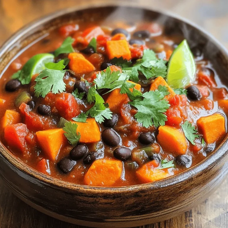 To make this delicious chili, you need: - 2 medium sweet potatoes, peeled and diced into ½-inch cubes - 1 can (15 oz) black beans, drained and rinsed thoroughly - 1 can (15 oz) diced tomatoes with green chilies - 1 red bell pepper, chopped into bite-sized pieces - 1 green bell pepper, chopped into bite-sized pieces - 1 medium onion, diced finely - 3 cloves garlic, minced - 1 tablespoon ground cumin - 1 tablespoon chili powder - 1 teaspoon smoked paprika - ½ teaspoon cayenne pepper (or more to taste for heat) - 4 cups vegetable broth - Salt and freshly cracked pepper to taste - 2 tablespoons olive oil - Fresh cilantro leaves and lime wedges for garnish If you don’t have some ingredients, don’t worry! Here are some swaps: - You can use butternut squash instead of sweet potatoes. - Canned kidney beans can replace black beans. - Fresh tomatoes can take the place of canned diced tomatoes. - Any color of bell pepper works well. - If you lack cumin, try using coriander for a different flavor. - Instead of vegetable broth, chicken broth can be used. This chili is not only tasty but healthy too! Here’s a quick look at the nutrition per serving: - Calories: Approximately 250 - Protein: 8 grams - Carbohydrates: 45 grams - Dietary Fiber: 10 grams - Fat: 5 grams Start by peeling and dicing the sweet potatoes. Cut them into ½-inch cubes. This size helps them cook nicely in the chili. Next, chop the red and green bell peppers into bite-sized pieces. Dice the onion finely and mince the garlic cloves. These veggies add flavor and texture. In a large skillet, heat 2 tablespoons of olive oil over medium heat. Once hot, add the diced onion. Sauté for about 5 minutes. You want it to turn soft and transparent. Then, add the minced garlic and stir for another minute. The aroma will fill your kitchen! Now, it’s time to combine everything. Transfer the onions and garlic to your slow cooker. Add the diced sweet potatoes, black beans, and canned tomatoes with their juices. Toss in the chopped bell peppers. Season with ground cumin, chili powder, smoked paprika, cayenne pepper, salt, and freshly cracked black pepper. Carefully pour in 4 cups of vegetable broth. Make sure all the ingredients are well-covered. Stir everything gently to mix. Cover the slow cooker and set it to cook. You can choose low for 6-8 hours or high for 3-4 hours. The sweet potatoes should be tender when it’s done. After cooking, taste the chili. This is the fun part! You can adjust the seasoning now. Add more salt, pepper, or cayenne if you want extra heat. When you serve, garnish with fresh cilantro leaves and lime wedges. This adds a fresh taste and a pop of color. Enjoy your warm, hearty chili! Sautéing onions and garlic adds depth to your chili. Start with a medium skillet. Drizzle in olive oil and let it heat up. Once it shimmers, add your diced onion. Cook for about five minutes. You want it soft and translucent. This brings out the sweet flavor. Next, add minced garlic. Stir it for one minute, just until it smells good. Be careful not to brown it, as burnt garlic turns bitter. To boost the taste of your chili, use a mix of spices. Ground cumin and chili powder are key. They add warmth and depth. Smoked paprika gives a lovely smoky touch. Cayenne pepper adds heat, but adjust it to your liking. Remember to season with salt and freshly cracked black pepper. These simple elements create a rich and inviting flavor in every bite. Fresh cilantro and lime juice at the end brighten the dish. They add a fresh contrast to the hearty chili. If you like your chili spicy, start with a small amount of cayenne. You can always add more later. After cooking, taste your chili. If you want more heat, sprinkle in extra cayenne. For a milder version, skip the cayenne entirely. Instead, focus on the other spices. This way, you can enjoy your chili just the way you like it. Adjusting spices allows you to create a chili that suits your taste perfectly. {{image_4}} You can add protein to your chili for extra heartiness. Try cooked ground turkey or beef for a meatier dish. If you prefer plant-based options, add lentils or tofu. Both options blend well with the sweet potato and black bean flavors. Just make sure to adjust cooking times if using fresh ingredients. Adding protein can turn this dish into a complete meal. Feel free to swap in other veggies. Zucchini, corn, or carrots can add texture and flavor. You could also use kale or spinach for extra nutrients. Just chop them into small pieces so they cook well. Mix and match veggies based on what you have on hand. This is a great way to keep the recipe fresh and exciting. This chili is already vegetarian and can easily be made vegan. Ensure your vegetable broth is vegan-friendly. You can also replace olive oil with avocado oil if you want a different flavor. If you want a creamier texture, blend some of the beans before adding them. This keeps the chili rich without animal products. Enjoy this dish knowing it fits your dietary needs! To keep your chili fresh, store it in an airtight container. Place it in your fridge. It will last for about 4 to 5 days. Make sure it cools down to room temperature before sealing. This way, it won’t create steam inside the container. When you’re ready to eat, just scoop out what you need. Freezing is a great way to save your chili for later. Use freezer-safe containers or resealable bags. Make sure to leave some space for the chili to expand. It can stay fresh for about 3 months in the freezer. When you're ready to enjoy it, just thaw it in the fridge overnight. Reheating chili is easy. You can use a microwave or a pot on the stove. For the microwave, place your chili in a bowl and cover it. Heat it in short bursts, stirring in between. For the stove, pour the chili into a pot and heat it over low heat. Stir often until it’s hot. Add a splash of broth if it’s too thick. Enjoy your warm meal! Yes, you can use fresh beans! Just remember to soak them first. This will help them cook evenly. Fresh beans take longer to cook than canned beans. Cook them in the slow cooker for about 8 hours on low or 4 hours on high. Make sure to add extra broth, as fresh beans absorb a lot of liquid. This will keep your chili nice and moist. You can serve your chili with many tasty sides. Here are some great ideas: - Warm tortilla chips for a crunchy bite - Rice or quinoa to soak up the chili - Fresh cornbread for a sweet contrast - A simple green salad for some freshness - Sour cream or Greek yogurt for creaminess - Avocado slices for a rich flavor These sides will make your meal more fun and delicious! To make the chili spicier, add more cayenne pepper. Start with a little and taste as you go. You can also add chopped jalapeños or even a splash of hot sauce. For a milder taste, cut back on the cayenne and chili powder. You can also use sweet bell peppers instead of spicy ones. Adjusting these ingredients helps you find the right heat for you! This guide gives you all you need for the perfect chili. We covered ingredients, cooking steps, and tips that boost flavor. You learned about variations to fit any taste and how to store leftovers. Remember, adjusting spice and adding protein can make this dish your own. Enjoy the journey of making chili your way! Your kitchen will become a warm and tasty spot. So, dive in and create a bowl that you love!