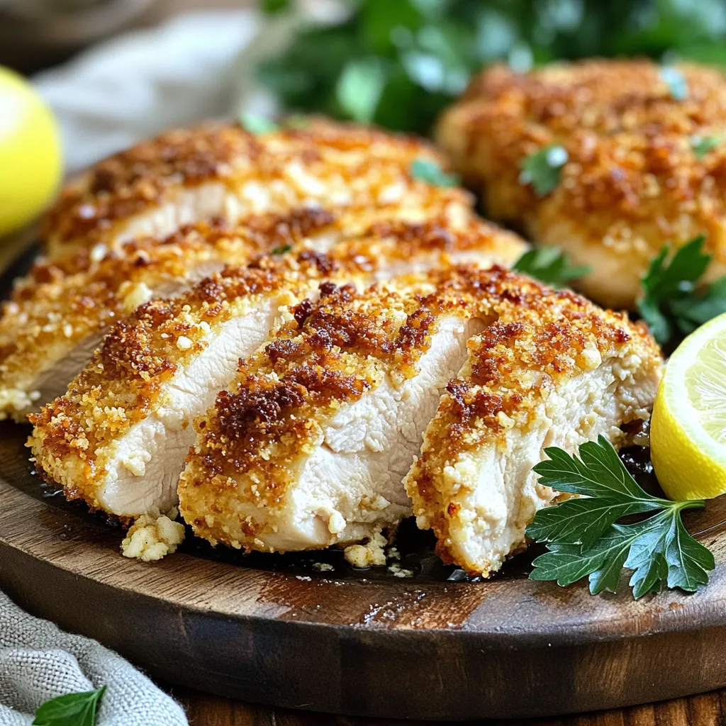 - 2 large chicken breasts - 1 cup grated Parmesan cheese - 1 cup panko breadcrumbs - 1 teaspoon garlic powder - 1 teaspoon onion powder - 1 teaspoon Italian seasoning - 1/2 teaspoon paprika - 1/2 teaspoon salt - 1/4 teaspoon freshly ground black pepper - 2 large eggs - 2 tablespoons olive oil The main ingredients in this recipe create a tasty chicken dish. Chicken breasts serve as the base, providing a lean protein. Parmesan cheese adds a salty and rich flavor. Panko breadcrumbs give a crunchy texture that makes the chicken satisfying to bite into. For seasoning, garlic powder, onion powder, and Italian seasoning blend well. These spices enhance the chicken's taste without overpowering it. Paprika adds a hint of color and mild heat. Salt and black pepper are must-haves, boosting the overall flavor. The binding agents help the crust stick. Eggs create a nice layer for the breadcrumbs to cling to. Olive oil adds moisture and aids in crisping up the coating. This combination makes each bite a delight. First, dry the chicken breasts. Use paper towels to soak up any moisture. If your chicken is thick, slice it in half. This step helps it cook evenly. Season both sides with salt and pepper. This adds great flavor to the chicken. In a shallow bowl, crack the eggs. Whisk them until they mix well. In another shallow bowl, combine the grated Parmesan cheese and panko breadcrumbs. Add garlic powder, onion powder, Italian seasoning, paprika, salt, and black pepper. Stir everything together until well blended. Now, take each chicken breast. Dip it into the egg mixture, letting any extra drip off. Next, coat it in the breadcrumb mixture. Press gently so the crumbs stick well. Make sure each piece is fully covered. Preheat your air fryer to 380°F (193°C). Let it warm up for about 5 minutes. This step ensures even cooking. Lightly spray the air fryer basket with cooking spray. Place the breaded chicken in a single layer. Do not overcrowd the basket. For crispiness, spray the tops of the chicken with a little olive oil. Air fry the chicken for 12-15 minutes at 380°F (193°C). Flip the chicken halfway through cooking. They are done when the coating is golden brown and the inside reaches 165°F (75°C) on a meat thermometer. Once cooked, remove the chicken from the air fryer. Let it rest for 3-5 minutes on a cutting board. This resting time helps keep the chicken juicy. After resting, slice the chicken and serve. Enjoy your tasty Air Fryer Parmesan Crusted Chicken Breast! Preheating the air fryer is key. Set it to 380°F (193°C) and let it warm for 5 minutes. This step helps the chicken cook evenly. Next, lightly spray the air fryer basket with oil. This adds crispiness and prevents sticking. A quick spray on the chicken tops adds even more crunch. Patting the chicken breasts dry is very important. Use paper towels to remove excess moisture. This step ensures the coating sticks well. If your chicken breasts are thick, slice them in half. This technique helps them cook evenly. Cooking times may vary based on the chicken size. Flip the chicken halfway through cooking for even browning. Always check the internal temperature. It should reach 165°F (75°C) for safety. Using a meat thermometer gives you the best results. {{image_4}} You can change the cheese for more flavor. Try mozzarella or cheddar for a twist. Each will give a different taste and texture to your chicken. You can also mix in some herbs and spices. Fresh parsley or basil adds a lovely touch. A pinch of cayenne pepper can give it a nice kick, too. Don't hesitate to experiment based on what you have at home. If you want to bake your chicken, set your oven to 400°F (200°C). Place the breaded chicken on a baking sheet. Bake for about 20-25 minutes. This method still gives you a crispy crust. For a pan-fried option, add oil to a skillet over medium heat. Cook the chicken for about 5-7 minutes on each side. This method creates a nice golden brown color and flavor. For a great meal, pair your chicken with sides like roasted veggies or rice. A fresh salad with lemon vinaigrette also works well. If you like sauces, try a creamy garlic sauce or marinara. These add extra flavor and make the dish more exciting. You can also serve lemon wedges for a zesty touch. Store leftover chicken in the fridge. Place it in an airtight container. This keeps the chicken fresh and moist for up to three days. If you want to save space, slice the chicken before storing it. This lets you fit more in the container. You can freeze cooked chicken for later use. Wrap it tightly in plastic wrap, then place it in a freezer bag. This helps prevent freezer burn. To reheat, thaw it overnight in the fridge. Heat it in the air fryer for about 5-7 minutes at 350°F (175°C). This keeps the chicken crispy. Cooked chicken lasts about three to four days in the fridge. Check for any off smells or slimy texture. These are signs of spoilage. If the chicken looks dry or discolored, it's best to toss it. Always trust your senses to ensure food safety. To check if the chicken is cooked, use a meat thermometer. Insert it into the thickest part of the breast. The internal temperature should reach 165°F (75°C). This ensures the chicken is safe to eat. If you don’t have a thermometer, look for a golden brown crust. The juices should run clear. If they are pink, it needs more time. Yes, you can use skinless chicken breasts for this recipe. Skinless chicken is lower in fat, which makes it a healthier choice. It still turns out juicy and tender. The Parmesan crust gives it great flavor and texture. Just remember to season well, as skin adds natural flavor. You can pair this chicken with many sides. Some good options include: - Mixed greens salad - Roasted vegetables - Garlic mashed potatoes - Steamed broccoli These sides balance the rich flavor of the chicken. They add color and nutrients to your meal. Yes, you can make this recipe gluten-free easily. Replace the panko breadcrumbs with gluten-free breadcrumbs. You can also use crushed gluten-free crackers for crunch. Just make sure to check labels for gluten-free certification. This way, everyone can enjoy this tasty dish. This guide shows you how to make Parmesan crusted chicken in an air fryer. We covered the main ingredients, seasoning, and binding agents. You learned the step-by-step process, tips for a crispy coating, and different cooking methods. Consider trying variations for added flavor. Remember to store leftovers properly to keep them fresh. With these insights, you can confidently cook a tasty meal that everyone will enjoy. Enjoy experimenting and impressing your guests with this simple yet delicious dish!