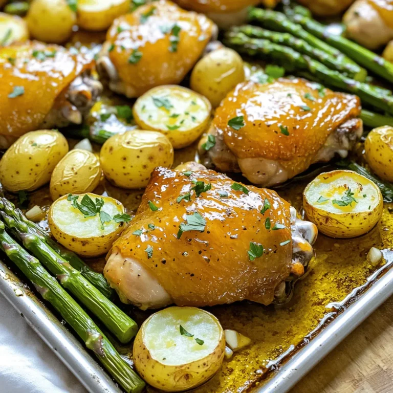 - 4 chicken thighs, skin-on and bone-in - 1/4 cup honey - 1/4 cup Dijon mustard - 4 cloves garlic, minced - 1 teaspoon dried thyme - 1 pound baby potatoes, halved - 1 bunch asparagus, trimmed - 2 tablespoons olive oil - 1 teaspoon smoked paprika - Salt and pepper, to taste You need to gather all these great ingredients for the Honey Mustard Chicken Thighs Sheet Pan Delight. The chicken thighs are the star of the dish. They stay juicy and full of flavor. Honey and Dijon mustard create a sweet and tangy marinade that makes the chicken shine. Garlic and dried thyme add a nice depth of flavor. Next, we have the veggies. Baby potatoes bring creaminess and texture. When roasted, they become tender and golden. Asparagus adds a fresh crunch. This mix of veggies balances the rich chicken well. For seasoning, olive oil keeps everything moist and helps the flavors meld. Smoked paprika gives a hint of smokiness. Salt and pepper are key to enhancing all the flavors. Use these ingredients, and you will create a delightful meal that everyone will enjoy. Set your oven to 425°F (220°C). This high heat ensures crispy skin and tender meat. In a medium bowl, whisk together the honey and Dijon mustard. Add olive oil, minced garlic, dried thyme, smoked paprika, salt, and pepper. Mix until smooth and creamy. Place the chicken thighs in a large zip-lock bag or bowl. Pour the marinade over the chicken. Make sure each piece is coated well. Seal the bag or cover the bowl. Let it marinate for at least 30 minutes. You can refrigerate it for up to 2 hours for more flavor. Take a large sheet pan and spread the halved baby potatoes in a single layer. Drizzle them with some olive oil. Season with salt and pepper, tossing to coat evenly. After marinating, remove the chicken from the marinade. Save the leftover marinade. Place the chicken thighs, skin side up, on the potatoes. Make sure there is space for all the ingredients. Bake in the preheated oven for 25 minutes. After 25 minutes, pour the reserved marinade over the chicken. Add the trimmed asparagus around the chicken and potatoes. Return the sheet pan to the oven. Bake for another 10-15 minutes. Check the chicken. It should not be pink inside and reach 165°F (75°C). The potatoes should be soft and easily pierced. When done, take the sheet pan out of the oven. Let it rest for a few minutes. Before serving, sprinkle chopped parsley on top. For a nice touch, serve straight from the sheet pan or transfer to a platter. Adding lemon wedges on the side gives a zesty kick. To get the best flavor from your chicken, marinate it for at least 30 minutes. For deeper taste, refrigerate for up to 2 hours. The honey and Dijon mustard blend beautifully to create a sweet and tangy sauce. Keep your marinade at room temperature while chicken sits. This helps the chicken absorb the flavors better. For juicy chicken thighs, place them skin side up on the sheet pan. This helps the skin crisp up nicely. Make sure the thighs are not crowded, allowing heat to circulate. Cook them until they reach an internal temperature of 165°F (75°C). This way, you ensure they are safe to eat and stay tender. For crispy veggies, cut the baby potatoes in half and spread them out in a single layer. They should cook for about 25 minutes before adding the asparagus. Add the asparagus around the chicken and potatoes during the last 10-15 minutes of baking. This timing ensures the asparagus stays bright and tender-crisp. {{image_4}} You can swap chicken thighs for chicken breasts. Breasts cook faster, so check them early. You can also use turkey thighs or drumsticks for a twist. If you want a lighter option, try using skinless chicken. Each protein brings its own taste and texture. If you want to change the veggies, feel free. Carrots, bell peppers, or zucchini work great. Just cut them to similar sizes for even cooking. Broccoli or green beans can add nice crunch. You can even use sweet potatoes for a sweet touch. For more flavor, add spices. Try garlic powder or onion powder for depth. A touch of cayenne pepper can give a nice kick. You could also use fresh herbs like rosemary or basil. These small changes can make a big difference in your dish. To store leftovers, let the dish cool first. Place the chicken, potatoes, and asparagus in an airtight container. You can keep it in the fridge for up to 3 days. Keep the chicken skin on for better flavor and moisture. The best way to reheat is in the oven. Preheat your oven to 350°F (175°C). Place the chicken and vegetables on a baking sheet. Cover with foil to keep moisture in. Heat for about 15-20 minutes, or until warmed through. You can also use a microwave, but it may not stay as crispy. If you want to freeze the meal, let it cool down completely. Place the chicken and veggies in a freezer-safe bag or container. Remove as much air as possible to avoid freezer burn. You can freeze it for up to 3 months. To thaw, place it in the fridge overnight before reheating. Yes, you can prep this dish ahead. I recommend marinating the chicken for at least 30 minutes. For deeper flavor, refrigerate it for up to 2 hours. After marinating, keep the chicken in the fridge if you plan to cook it later. Store any leftovers in an airtight container for up to three days. It's easy to make ahead and serve when needed. Pair your chicken with baby potatoes and asparagus for a complete meal. You can also try these sides: - Steamed broccoli - Rice pilaf - A fresh green salad - Roasted carrots These sides balance the rich flavors of the chicken and keep your meal colorful. To ensure your chicken is safe to eat, check the internal temperature. It should reach 165°F (75°C). You can use a meat thermometer for the best results. Insert it into the thickest part of the thigh, avoiding the bone. The juices should run clear when the chicken is done. This ensures a juicy, safe meal. This recipe blends simple ingredients for a tasty meal. We covered everything from chicken thighs and honey mustard to baby potatoes and asparagus. I shared tips for the perfect marinade and important cooking times. You can adjust the recipe with different proteins and veggies to suit your taste. Remember to store leftovers properly for later meals. I hope you enjoy making this dish as much as I enjoyed sharing it with you!