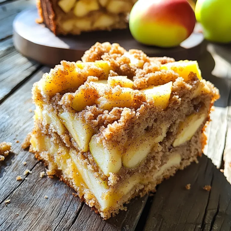 - 2 large Granny Smith apples, peeled and diced - 2 cups all-purpose flour, plus extra for dusting - 1 cup granulated sugar - 1/2 cup unsalted butter, softened to room temperature - 1/2 cup packed brown sugar - 2 large eggs, at room temperature - 1 cup buttermilk, at room temperature - 1 teaspoon baking powder - 1 teaspoon baking soda - 1 teaspoon ground cinnamon - 1/2 teaspoon ground nutmeg - 1/2 teaspoon salt - 1 teaspoon vanilla extract - 1/2 cup rolled oats - 1/2 cup chopped walnuts (optional) These ingredients create a moist and flavorful cake. The Granny Smith apples add a nice tartness. The buttermilk makes the cake tender. The spices bring warmth and depth to each bite. You can change a few ingredients to suit your taste. If you want a nut-free cake, skip the walnuts. You can also use other apple types, like Honeycrisp or Fuji, for a sweeter flavor. If you don’t have buttermilk, mix regular milk with a splash of vinegar or lemon juice. To make this cake, gather these tools: - A large mixing bowl - A medium-sized bowl - An electric mixer - A whisk - A 9x13 inch baking pan - Parchment paper (optional) - A spatula - A measuring cup and spoons These tools will help you mix, bake, and serve your cake with ease. Having everything ready makes the cooking process smooth and fun. Enjoy the journey of making this delicious dessert! Start by preheating your oven to 350°F (175°C). Take a 9x13 inch baking pan. Grease it with butter and dust it with flour. This helps the cake come out easily. You can also line it with parchment paper if you prefer. In a medium bowl, toss 2 large diced Granny Smith apples. Add 1 teaspoon of ground cinnamon and 1 tablespoon of granulated sugar. Let the apples sit for about 10 minutes. This lets their flavor shine and softens them a bit. In a large bowl, cream together 1/2 cup of softened butter, 1 cup of granulated sugar, and 1/2 cup of brown sugar. Use an electric mixer on medium speed for about 2-3 minutes. The mixture should be light and fluffy. Next, add 2 large eggs, one at a time. Beat well after each addition. Stir in 1 teaspoon of vanilla extract for extra flavor. In a separate bowl, whisk together 2 cups of all-purpose flour, 1 teaspoon of baking powder, 1 teaspoon of baking soda, 1 teaspoon of ground cinnamon, 1/2 teaspoon of ground nutmeg, and 1/2 teaspoon of salt. Gradually mix this dry mixture into the wet ingredients in three parts. Alternate with 1 cup of buttermilk. Start and end with the flour mixture. Mix just until combined. Be careful not to overmix. Gently fold in the seasoned apples, ensuring they are well mixed without breaking them. To make the crumb topping, mix 1 cup of flour, 1/2 cup of rolled oats, and 1/2 cup of brown sugar in a small bowl. Cut in cold butter until it looks like coarse crumbs. If you want, add 1/2 cup of chopped walnuts for crunch. Now, pour half of the batter into your prepared pan. Spread it evenly. Sprinkle half of the crumb topping over this layer. Pour the rest of the batter on top, finishing with the remaining crumb topping. Bake for 35-40 minutes. The cake is done when a toothpick comes out clean or with a few moist crumbs. Once baked, cool for 10 minutes in the pan, then transfer to a wire rack. Enjoy your cake warm or at room temperature! To get a great crumb texture, use cold butter for the topping. Cold butter helps form small chunks that will bake into a crunchy topping. Mix it until it looks like coarse crumbs, not smooth. Also, do not overmix your batter. Combine just until you see no dry flour. This keeps the cake light and fluffy. One common mistake is not prepping your apples enough. Always dust them with sugar and cinnamon before adding to the batter. If you skip this step, your apples might not stand out in flavor. Another mistake is overbaking. Keep an eye on the cake in the oven. Check it with a toothpick at 35 minutes. If it comes out clean, take it out right away. For a lovely presentation, dust the cooled cake with powdered sugar. You can also add thin apple slices on top for color. A dollop of whipped cream makes it even better. Serve it warm for the best taste. This cake pairs well with coffee or tea, making it a perfect treat for guests. {{image_4}} To make this cake gluten-free, swap regular flour for a gluten-free blend. Look for blends that work well in baking. These often include rice flour, potato starch, and tapioca flour. Ensure the blend has a binding agent like xanthan gum for good texture. You may need to adjust the liquid slightly, as gluten-free flours can absorb more moisture. Keep an eye on the baking time, as it may differ. You can change up the fruit in this cake for a new twist. Try using pears or peaches for a sweeter taste. Berries, like blueberries or raspberries, add a tart flavor. You can even mix fruits. Just remember to chop them into small pieces, like the apples, to keep the texture smooth. This way, every bite remains light and enjoyable. Get creative with your crumb topping for added flavor. Instead of walnuts, try pecans or almonds for a nutty crunch. You can also mix in some dried fruit, like raisins or cranberries, to the topping. For a sweeter finish, sprinkle a bit of cinnamon sugar on top before baking. This adds a nice sweetness and a beautiful golden color to the crust, making it look as good as it tastes. To keep your apple cinnamon crumb cake fresh, wrap it well. Use plastic wrap or aluminum foil. Store it at room temperature for up to three days. If you want it to last longer, refrigeration works too. Just remember to cover it tightly. You can freeze the cake if you have extra. First, let it cool completely. Then, slice it into pieces. Wrap each piece in plastic wrap, then place them in a freezer bag. This way, it can last for up to three months. When you're ready to enjoy, just thaw it in the fridge overnight. To reheat your apple cinnamon crumb cake, preheat your oven to 350°F (175°C). Place the slice on a baking sheet. Heat it for about 10-15 minutes. If you want it warm and cozy, you can also use the microwave. Heat it for about 20-30 seconds, just enough to warm it up. Enjoy it fresh and tasty! Yes, you can use other apples. Sweet apples like Fuji or Honeycrisp work well. Tart apples like Granny Smith give a nice balance. Mixing different types adds depth to the flavor. To make this cake dairy-free, swap buttermilk for almond milk or oat milk. Use dairy-free butter or coconut oil instead of unsalted butter. These options keep it tasty and moist. You can serve the cake warm with vanilla ice cream or whipped cream. A drizzle of caramel sauce adds a sweet touch. Fresh fruit like berries or a cup of coffee pairs nicely too. Apple Cinnamon Crumb Cake stays fresh for about 3 days at room temperature. Store it in an airtight container to keep it moist. If you want it to last longer, refrigerate it for up to a week. Yes, you can make the cake a day in advance. Just cool it completely and store it covered. Reheat individual slices in the microwave for a warm treat later. In this post, we explored how to make a tasty Apple Cinnamon Crumb Cake. We covered key ingredients, including options and tools to use. You learned how to layer the cake, bake it perfectly, and avoid common mistakes. I also shared tips for storing and freezing leftovers, offering tweaks for gluten-free and dairy-free diets. Remember, cooking is about experimenting. Don't hesitate to make this recipe your own. Enjoy your baking journey!