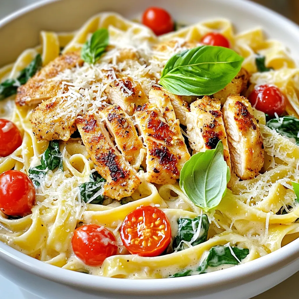 - 2 boneless, skinless chicken breasts - 8 oz fettuccine pasta - 1 cup heavy cream - 1/2 cup freshly grated Parmesan cheese - 2 tablespoons olive oil - 3 cloves garlic, finely minced - 1 cup cherry tomatoes, halved - 1 cup fresh or frozen spinach - 1 teaspoon Italian seasoning - Salt and freshly cracked black pepper to taste - Fresh basil leaves for garnish For this Creamy Tuscan Chicken Pasta, the ingredients are simple but powerful. You start with two boneless, skinless chicken breasts for a tender base. The fettuccine pasta adds a rich, creamy texture. I use heavy cream, which makes the sauce decadent and smooth. Freshly grated Parmesan cheese adds depth and flavor. In the additional ingredients, olive oil brings healthy fat and flavor. Garlic packs a punch, giving the dish a savory aroma. Cherry tomatoes add a sweet burst, while spinach offers color and nutrients. Italian seasoning ties everything together, making it feel like a warm hug. Don’t forget the salt and black pepper, which enhance all the flavors. Finally, fresh basil leaves not only look pretty but also add a lovely herbal note. Each ingredient plays a key role in creating a delightful dish, perfect for any dinner. First, grab a large pot. Fill it with water and add salt. Bring the salted water to a rolling boil. Once boiling, add the fettuccine pasta. Cook it until it's al dente, which usually takes about 8 to 10 minutes. After cooking, drain the pasta but save about 1/2 cup of the water. Set the pasta aside for later. Next, heat 2 tablespoons of olive oil in a spacious skillet. Make sure the oil gets hot. While it heats, season the chicken breasts well with salt, pepper, and 1 teaspoon of Italian seasoning. Place the chicken breasts in the hot skillet. Cook them for about 6 to 7 minutes on each side. They should turn golden brown and be fully cooked. Afterward, take the chicken out and let it rest. This lets the juices settle. After a few minutes, slice the chicken into strips. Now, use the same skillet to build your sauce. Lower the heat a bit. Add 3 cloves of minced garlic and 1 cup of halved cherry tomatoes. Sauté these for around 2 to 3 minutes. You want the tomatoes to soften and burst. Next, toss in 1 cup of spinach. Cook until the spinach wilts, which takes about 1 to 2 minutes. Then, pour in 1 cup of heavy cream. Stir everything well and let it simmer. This helps the sauce thicken slightly. After a couple of minutes, mix in 1/2 cup of freshly grated Parmesan cheese. Keep stirring until it melts into the sauce. If your sauce is too thick, add some of the reserved pasta water to reach the right consistency. Finally, add the sliced chicken and drained fettuccine to the skillet. Toss everything gently so that the pasta and chicken get coated in the creamy sauce. Taste it and adjust with more salt or pepper if needed. Your Creamy Tuscan Chicken Pasta is now ready to serve! To get the best pasta texture, cook your fettuccine in salted boiling water. Follow the package directions and check for al dente. It should be firm yet tender. Remember to reserve some pasta water. This water helps adjust the sauce later. For chicken breasts, start with a hot skillet. Use medium-high heat with olive oil. Season both sides well with salt, pepper, and Italian seasoning. Cook for 6-7 minutes on each side until golden brown. Let the chicken rest. This keeps it juicy when you slice it. To boost flavor, try adding a pinch of red pepper flakes for some heat. You can also add fresh herbs like thyme or oregano. They add depth to the sauce. For alternatives, consider using sun-dried tomatoes instead of fresh. They bring a rich, sweet taste. You can swap spinach for kale for a different texture. Both choices enhance this dish's flavor and nutrition. {{image_4}} You can change the pasta type for this dish. While fettuccine is great, penne or spaghetti also works well. Each pasta gives a unique texture and taste. You can even try whole wheat pasta for a healthier twist. If you want to swap chicken, shrimp or tofu are excellent options. Shrimp cooks quickly and adds a nice seafood flavor. Tofu is a great choice for a vegetarian meal. Just make sure to press the tofu first to remove excess water. For gluten-free needs, swap regular pasta for a gluten-free option. There are many brands available that taste great. Always check the package for cooking times as they can differ. If you want a vegetarian version, remove the chicken and add more veggies. Mushrooms, zucchini, or bell peppers can enhance the dish. These veggies add flavor and color, making your meal vibrant and delicious. To keep your Creamy Tuscan Chicken Pasta fresh, use proper refrigeration techniques. First, let the pasta cool to room temperature. Then, place it in an airtight container. This helps keep out air and moisture. Store it in the fridge for up to three days. After that, the flavor and texture might change. If you want to keep the pasta longer, freezing is a great option. Use a freezer-safe container or a heavy-duty freezer bag. Make sure to remove as much air as possible. This helps prevent freezer burn. You can freeze the pasta for up to three months. When you're ready to enjoy it again, reheating is key. Thaw the pasta in the fridge overnight. Then, heat it in a skillet over medium heat. You can add a splash of water or cream to help the sauce come back to life. Stir often to avoid burning. This will help keep your dish creamy and delicious! How many calories are in Creamy Tuscan Chicken Pasta? This dish has about 600 calories per serving. The exact amount can change based on your choices of ingredients or portion sizes. Can I make this dish ahead of time? Yes, you can! Cook the pasta and chicken, then store them. Keep the sauce separate to maintain freshness. When ready to eat, just heat everything together. What can I serve with Creamy Tuscan Chicken Pasta? This pasta pairs well with a light salad or garlic bread. You can also enjoy it with roasted vegetables for extra flavor and nutrition. How do I make this recipe lighter? To lighten this dish, swap heavy cream for half-and-half or milk. You can also use less cheese or even skip it. Adding more veggies can also help. In this post, I detailed how to make Creamy Tuscan Chicken Pasta. We covered the key ingredients, step-by-step cooking, and handy tips. I provided options for variations and storage to suit your needs. Cooking can be simple and fun. With fresh ingredients and these easy steps, you can impress anyone at your table. Try it out, and don’t hesitate to adapt the recipe to your taste. Enjoy your meal!