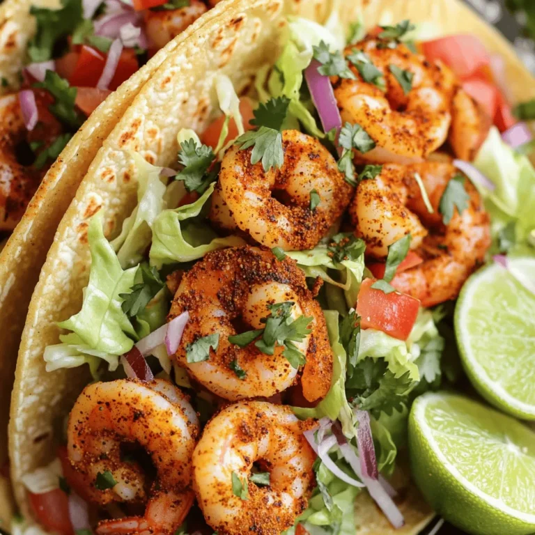 For this recipe, you will need: - 1 lb large shrimp, peeled and deveined - 8 small corn tortillas - 1 cup shredded romaine lettuce - 1/2 cup ripe tomatoes, diced - 1/4 cup red onion, finely diced - 1/4 cup fresh cilantro, chopped - 1 lime, cut into wedges The key seasonings and oils for flavoring the shrimp include: - 2 tablespoons extra virgin olive oil - 1 tablespoon Cajun seasoning - 1 teaspoon garlic powder - 1 teaspoon smoked paprika - 1/2 teaspoon sea salt - 1/4 teaspoon freshly ground black pepper These ingredients create a tasty mix that makes the shrimp burst with flavor. The olive oil helps the spices stick while adding a rich taste. To take your tacos to the next level, consider these toppings: - Sour cream or creamy avocado slices (optional) - Extra lime wedges for squeezing These toppings add a refreshing touch and enhance the overall flavor. You can mix and match these toppings to suit your taste. Enjoy the vibrant colors and fresh tastes! To start, gather your shrimp. You need one pound of large shrimp, peeled and deveined. In a spacious bowl, mix the shrimp with two tablespoons of extra virgin olive oil. Add one tablespoon of Cajun seasoning, one teaspoon of garlic powder, and one teaspoon of smoked paprika. Toss in half a teaspoon of sea salt and a quarter teaspoon of black pepper. Stir well until the shrimp are fully coated. This mix gives the shrimp a vibrant flavor. Next, preheat your air fryer to 400°F (200°C) for about five minutes. This step helps the shrimp cook evenly. A hot air fryer seals in the flavors and gives the shrimp a slight crunch. Once the air fryer is ready, place the shrimp in a single layer in the basket. Cook them for six to eight minutes. Halfway through, shake the basket to ensure even cooking. The shrimp will turn opaque when fully cooked. This means they are ready to enjoy! While the shrimp are cooking, it’s time to warm your tortillas. Heat a skillet over medium heat. Place each small corn tortilla in the skillet for about 30 seconds on each side. You want them soft and pliable. This step ensures they hold all the tasty filling. Now it’s time to make the tacos! Take a warm tortilla and add a generous portion of cooked shrimp in the center. Top it off with shredded romaine lettuce, diced tomatoes, red onion, and a sprinkle of fresh cilantro. For extra flavor, squeeze fresh lime juice over the tacos. If you like, add sour cream or creamy avocado slices on the side. Enjoy your delicious creation! To choose fresh shrimp, look for a few key signs. Fresh shrimp should smell like the ocean, not fishy. Their shells should be firm and shiny. If the shrimp feel slippery, they might not be fresh. Always check the color; it should be bright and even. For the best taste, buy shrimp that are still in their shells and devein them at home. Using an air fryer is a game changer for shrimp tacos. Preheat your air fryer to 400°F (200°C) for even cooking. Keep the shrimp in a single layer in the basket. This helps them cook evenly and get that nice color. Shake the basket halfway through to avoid sticking. Cook shrimp for 6-8 minutes, until they turn opaque. Overcrowding the basket can lead to uneven cooking, so cook in batches if needed. Boost the flavor of your tacos with some simple tips. Fresh lime juice brightens every bite. Adding a sprinkle of cilantro adds a fresh touch. For those who enjoy creaminess, consider sour cream or avocado slices. You can also mix in some diced jalapeños for a spicy kick. Try using different toppings like slaw or pickled onions to add crunch and zing. These small touches will elevate your meal and impress your family and friends. {{image_4}} You can swap shrimp for chicken or fish. Chicken thighs work well. Just cut them into bite-sized pieces. For fish, try firm types like salmon or cod. Adjust cooking time to 8-10 minutes for chicken and 6-8 minutes for fish in the air fryer. If you want a meat-free option, go for black beans or grilled veggies. Use 1 can of drained black beans, seasoned well. For veggies, grill bell peppers, zucchini, and corn. Cook them in the air fryer for about 10 minutes for nice char. These options taste amazing and keep the meal light. To change the spice level, adjust the Cajun seasoning. For milder tacos, use half the seasoning or skip it. You can add a pinch of smoked paprika for flavor without the heat. For extra spice, add cayenne pepper or hot sauce to the shrimp. This way, you can cater to everyone’s taste. After cooking, let the shrimp cool. Place any leftover shrimp in an airtight container. Store it in the fridge for up to two days. If you want to keep it longer, freeze the shrimp. In the freezer, it can last for up to three months. Just remember to thaw it in the fridge before using. To reheat shrimp, use the air fryer for best results. Preheat it to 350°F (175°C). Place the shrimp in the basket and heat for about 3-4 minutes. You can also use the microwave if you're in a hurry. Heat on medium for about 30 seconds, but be careful not to overcook them. Keep taco ingredients separate when storing. Store tortillas in a sealed bag to prevent them from drying out. The lettuce and other fresh veggies should go in a container with a lid. This keeps them crisp. If you use toppings like sour cream or avocado, store them in small containers. This way, everything stays fresh until you're ready to eat again. Yes, you can use frozen shrimp. Just thaw them before cooking. Place the shrimp in a bowl of cold water for about 10 minutes. Once thawed, peel and devein them if needed. Pat them dry to remove excess moisture. This step helps the seasoning stick better. Corn tortillas are best for these tacos. They add a nice flavor and texture. They hold up well with the shrimp and toppings. You can also use flour tortillas if you prefer a softer bite. Warm them in a skillet to enhance their taste. To make these tacos dairy-free, skip the sour cream. Instead, use avocado slices or a dairy-free yogurt. These options will add creaminess without dairy. You can also add more fresh toppings like extra cilantro or lime juice for flavor. Air fryer Cajun shrimp tacos are easy and tasty. We covered the key ingredients, seasonings, and toppings. I shared clear steps for prep, cooking, and assembly of these delicious tacos. You learned tips for choosing fresh shrimp and enhancing flavors. We explored variations and storage tips to enjoy leftovers. These tacos are perfect for any meal. I hope you try this simple recipe soon!