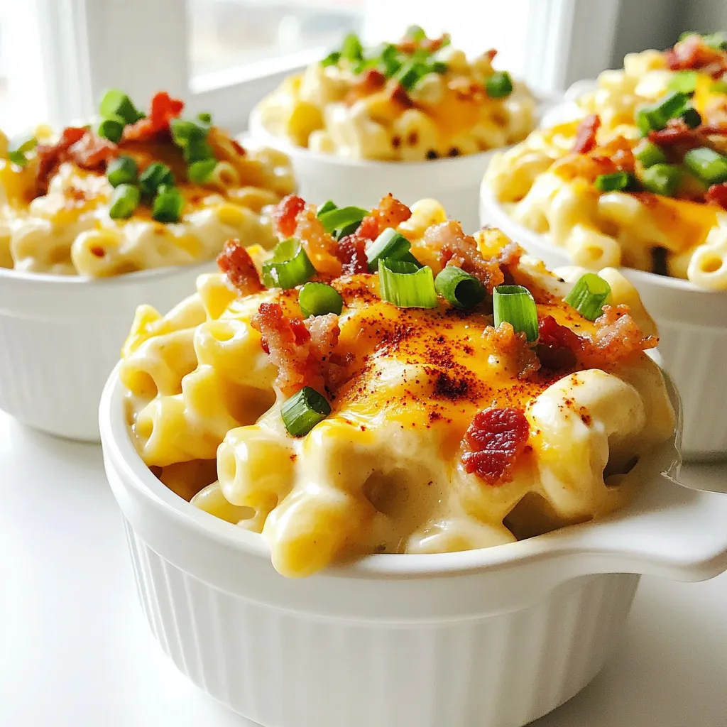 - 2 cups elbow macaroni - 4 cups vegetable broth - 2 cups shredded sharp cheddar cheese - 1 cup shredded mozzarella cheese - 1 cup cream cheese, softened - 1/2 cup grated Parmesan cheese - 1 cup cooked bacon bits (or plant-based bacon) - 1/2 cup green onions, finely chopped To make your loaded mac and cheese, you need some key ingredients. The elbow macaroni serves as the base. The vegetable broth will cook the pasta and add flavor. The three types of cheese—cheddar, mozzarella, and Parmesan—create a rich, creamy mix. Cream cheese adds extra smoothness. Bacon bits give a savory touch, while green onions add freshness. - 1 teaspoon garlic powder - 1 teaspoon onion powder - 1/2 teaspoon smoked paprika - Salt and pepper to taste Seasonings bring your dish to life. Garlic powder and onion powder enhance the flavors in every bite. Smoked paprika adds a subtle smokiness. Salt and pepper balance the dish perfectly. - 1/2 cup breadcrumbs (optional) - Additional garnishes Breadcrumbs add crunch, making each bite exciting. You can also add garnishes like more green onions or a sprinkle of paprika for color. These toppings make your dish look and taste even better. - First, combine 2 cups of elbow macaroni with 4 cups of vegetable broth in your slow cooker. - Make sure the macaroni is fully submerged in the broth. This helps it cook evenly. - In a bowl, blend 2 cups of shredded sharp cheddar, 1 cup of shredded mozzarella, and 1 cup of softened cream cheese. - Add 1/2 cup of grated Parmesan cheese. Mix well until you reach a smooth consistency. - Pour the cheese mixture into the slow cooker. - Add 1 cup of cooked bacon bits and 1/2 cup of finely chopped green onions. Mix in 1 teaspoon of garlic powder, 1 teaspoon of onion powder, and 1/2 teaspoon of smoked paprika. - Fold everything together until all the macaroni is coated with the cheesy blend. - Secure the lid on the slow cooker and set it to cook on low. - Let it cook for 2 to 3 hours. Stir occasionally to check the doneness. The macaroni should be tender and the cheese melted into a creamy sauce. - If you want a crunchy topping, sprinkle 1/2 cup of breadcrumbs over the top during the last 30 minutes of cooking. - This will give your loaded mac and cheese a delightful texture. To make a creamy cheese sauce, use a mix of cheeses. Sharp cheddar gives a strong flavor. Mozzarella adds stretch, and cream cheese makes it smooth. Start with room temperature cream cheese. This helps it blend easily. To avoid clumping, mix your cheeses well in a bowl before adding them to the slow cooker. Stir the cheese blend into the pasta mixture slowly. This ensures each piece of pasta gets creamy goodness. You can change flavors by swapping ingredients. Try different cheeses, like gouda or pepper jack, for a new taste. Add cooked veggies like spinach or bell peppers for extra color and nutrition. To adjust spice levels, add more smoked paprika for warmth. You can also mix in hot sauce for a kick. Start with a little and taste as you go to find your perfect level. For a great presentation, serve the mac and cheese in individual bowls. Top each bowl with chopped green onions and a sprinkle of smoked paprika. This adds color and flair to your dish. You can pair this meal with a simple salad or garlic bread. Both sides balance the richness of the mac and cheese. Enjoy your delicious creation with friends and family! {{image_4}} You can easily make a vegetarian version of loaded mac and cheese. Simply swap out the bacon bits for plant-based bacon. This gives you that smoky flavor without meat. You can also add more veggies to your mix. Try diced bell peppers, spinach, or mushrooms. They add great taste and color. If you want to change things up, try different cheeses. You can use gouda, Monterey jack, or even pepper jack. Each cheese gives a new taste. Mixing several types creates a richer flavor. It’s fun to experiment, so find what you enjoy the most! For those who need gluten-free options, use gluten-free elbow pasta. Many brands offer tasty choices that cook well. If you're looking for dairy-free, there are great cheese options. Brands now make vegan cheese that melts nicely. These swaps keep the dish enjoyable for everyone. To store your loaded mac and cheese, let it cool first. Place it in an airtight container. This helps keep it fresh. In the fridge, it lasts about 3 to 4 days. Before serving, check for any off smells or changes in texture. If it looks and smells good, you are ready to enjoy it again! You can freeze loaded mac and cheese for later. Use a freezer-safe container and leave some space for expansion. It stays good in the freezer for up to 3 months. When you’re ready to eat, thaw it overnight in the fridge. For best quality, reheat it within a few days of thawing. To reheat, you can use a microwave or stovetop. When using a microwave, heat in short bursts. Stir in between to avoid hot spots. For stovetop, add a splash of milk while warming. This helps keep it creamy. Avoid high heat to prevent the cheese from separating. Enjoy your creamy delight! Yes, you can use other pasta types. Penne or fusilli work well. They hold the cheese sauce nicely. Cooking times may change slightly. Elbow macaroni cooks in about 8-10 minutes. Other pastas might need 10-12 minutes. Always check that the pasta is tender before serving. To add spice, you can use cayenne pepper or crushed red pepper. Start with a small amount and adjust to taste. You can also mix in jalapeños for a fresh kick. Adding hot sauce to your serving is another great option. Spice up your toppings with pepper jack cheese for extra heat. Yes, you can prep this dish ahead. Combine all ingredients in the slow cooker. Cover and store it in the fridge for up to 24 hours. When ready, cook it on low. It may need a bit longer to heat through. Stir occasionally for even cooking. This blog showed you how to make loaded mac and cheese in a slow cooker. I covered the main ingredients, from macaroni to tasty cheeses, and how to blend them. You learned tips for making it creamy and custom flavors that suit you. We explored options for diets and how to store your leftovers. There are many ways to enjoy this dish. With these steps, you can easily impress your family and friends. Enjoy your cooking adventure!