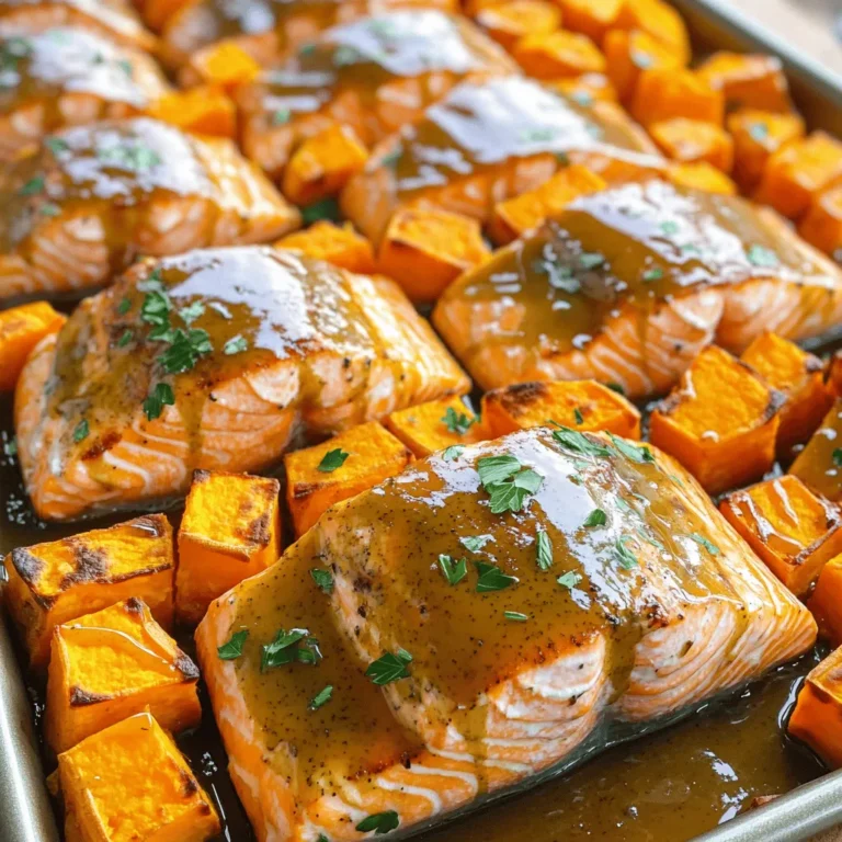 - 4 salmon fillets (about 6 oz each) - 2 medium sweet potatoes, peeled and cut into 1-inch cubes - 3 tablespoons pure maple syrup - 2 tablespoons Dijon mustard - 1 tablespoon extra virgin olive oil - 2 cloves garlic, finely minced - 1 teaspoon smoked paprika - Salt and pepper, to taste - Fresh parsley, chopped (for garnish) You can swap salmon for other fish like trout or cod. If you want a vegetarian option, try chickpeas or tofu instead of salmon. For the sweet potatoes, butternut squash works well too. If you do not have Dijon mustard, honey mustard or whole grain mustard are good choices. Maple syrup can be replaced with agave nectar for a similar sweetness. If you need a garlic substitute, try garlic powder or shallots. This dish serves four people. Each serving contains about: - Calories: 400 - Protein: 30g - Carbohydrates: 35g - Fat: 15g - Fiber: 5g - Sugar: 8g This meal is rich in omega-3 fatty acids from the salmon and packed with vitamins from the sweet potatoes. It is a balanced dish that offers a good mix of nutrients. Start by preheating your oven to 400°F (200°C). This step is key for roasting. A hot oven will help caramelize the sweet potatoes and cook the salmon evenly. In a large bowl, mix together 3 tablespoons of maple syrup, 2 tablespoons of Dijon mustard, and 1 tablespoon of olive oil. Next, add 2 minced garlic cloves and 1 teaspoon of smoked paprika. Sprinkle in salt and pepper. Whisk everything until it blends well. This marinade adds a sweet and tangy flavor that enhances both the salmon and sweet potatoes. Add the cubed sweet potatoes to your bowl of marinade. Toss them well until they’re fully coated. This ensures they soak in all that tasty goodness. Line a large baking sheet with parchment paper for easy cleanup. Spread the sweet potatoes on one half of the sheet. On the other half, place the salmon fillets skin-side down. Brush the remaining marinade over the salmon to coat it nicely. Slide the baking sheet into the oven. Bake for 20 to 25 minutes. The salmon should flake easily when done and reach an internal temperature of 145°F (63°C). The sweet potatoes will become tender and caramelized, adding texture to your dish. After baking, take the baking sheet out of the oven. Let it cool for about 5 minutes. This helps keep the salmon moist and flavorful. Finally, sprinkle chopped fresh parsley over the salmon and sweet potatoes. This adds a bright touch and makes your meal look inviting. To make the best marinade, start with fresh ingredients. Use pure maple syrup for sweetness. Choose Dijon mustard for a nice tang. Mix in minced garlic for depth. Smoked paprika adds a hint of warmth. Always taste the marinade. Adjust salt and pepper to suit your preference. You can add herbs like thyme or rosemary for extra flavor. Let the marinade sit for a bit before using. This helps the flavors blend well. When cooking salmon, use skin-on fillets. The skin helps keep the fish moist. Make sure the salmon is at room temperature before baking. This ensures even cooking. For sweet potatoes, cut them into uniform pieces. This helps them cook evenly. Toss them well in the marinade. Spread them out on the baking sheet. Avoid crowding; this helps them caramelize nicely. Check both the salmon and sweet potatoes at the 20-minute mark. They should be tender and cooked through. Presentation makes a big difference. Use a large platter for serving. Arrange salmon and sweet potatoes side by side. Drizzle leftover juices over the top. This adds flavor and a nice shine. Sprinkle with fresh parsley for a pop of color. You can also add lemon wedges on the side. This gives a fresh touch. Serve with a simple green salad for a complete meal. {{image_4}} You can switch the salmon for other proteins. Chicken breasts work well and absorb flavors nicely. Tofu is another great option for a plant-based meal. Just make sure to adjust the cooking time. Chicken needs about 25-30 minutes, while tofu takes about 15-20 minutes. Both options still taste amazing with the maple-mustard glaze. Feel free to mix up the vegetables. Brussels sprouts, carrots, or green beans can shine in this dish. Cut them into similar sizes as the sweet potatoes for even cooking. You can also add some red onion for extra sweetness. Roasting a mix gives you different textures and flavors that pair well with the salmon. You can easily change the flavor of this dish. For a fresh twist, try adding dill or thyme. Both herbs complement the fish nicely. If you like heat, add a pinch of cayenne pepper to the marinade. A splash of lemon juice can brighten the dish, too. These small changes can create new tastes while keeping the essence of the dish. To store leftovers, let the dish cool first. Place the salmon and sweet potatoes in an airtight container. Keep them in the fridge for up to three days. Make sure the container is sealed to keep the flavors fresh. If you have leftovers of the marinade, you can store that too, but only for a day or two. To reheat the dish, preheat your oven to 350°F (175°C). Place the salmon and sweet potatoes on a baking sheet. Cover them with foil to keep moisture in. Heat for about 10-15 minutes, or until warm. You can also use a microwave. Just place the food in a microwave-safe dish and heat for two to three minutes. Check to see if it’s hot enough, and stir if needed. You can freeze this dish if you want to save it for later. First, make sure it’s completely cool. Pack the salmon and sweet potatoes in a freezer bag or container. Remove as much air as possible to prevent freezer burn. This dish can last for up to three months in the freezer. When you’re ready to eat, thaw it in the fridge overnight, then reheat as described above. You should cook salmon in the oven for 20-25 minutes. This time gives you tender, flaky fish. The salmon should reach an internal temperature of 145°F (63°C). Check the salmon with a fork. If it flakes easily, it is ready to eat. Yes, you can use other methods like grilling or pan-searing. If you grill, cook the salmon for about 6-8 minutes per side. For pan-searing, start skin-side down in a hot pan. Cook for 4-6 minutes, then flip and cook for another 4-6 minutes. Sweet potatoes are very healthy! They are high in fiber, which helps digestion. They also contain vitamins A and C, which are good for your skin and immune system. Plus, they have antioxidants that can help fight disease. Yes, you can prep this dish ahead of time. Cut the sweet potatoes and mix the marinade the night before. Store them in the fridge until you're ready to cook. Just remember to bring them to room temperature before baking! You learned about key ingredients, how to prepare, and serve a flavorful dish. We covered everything from the perfect marinade to storage tips. Cooking salmon with sweet potatoes can be easy and tasty. Remember, you can switch up proteins and veggies to fit your taste. With these tips, you can enjoy a healthy meal any day. Enjoy creating your own delicious version and impress your family and friends! Happy cooking!