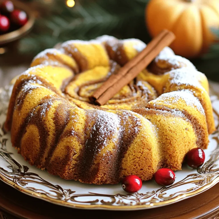 - 1 ½ cups all-purpose flour - 1 teaspoon baking powder - ¼ teaspoon baking soda - ½ teaspoon salt - 1 teaspoon ground cinnamon - ½ teaspoon ground nutmeg - ¾ cup unsalted butter, softened - 1 cup granulated sugar - 2 large eggs - 1 teaspoon pure vanilla extract - 1 cup canned pumpkin puree - ¼ cup packed brown sugar To make the perfect pumpkin swirl pound cake, you need simple, fresh ingredients. Start with 1 ½ cups of all-purpose flour. This gives the cake structure. You also need 1 teaspoon of baking powder and ¼ teaspoon of baking soda. These help the cake rise. Next, add ½ teaspoon of salt. Salt enhances flavor. Use 1 teaspoon of ground cinnamon and ½ teaspoon of ground nutmeg for warm, cozy spices. You cannot forget the butter! Use ¾ cup of unsalted butter, softened. This makes your cake rich and moist. Combine it with 1 cup of granulated sugar to create a sweet base. Next, you need 2 large eggs. They bind everything together. Add 1 teaspoon of pure vanilla extract for a lovely aroma. Finally, grab 1 cup of canned pumpkin puree. This gives your cake its signature flavor and moisture. You will also need ¼ cup of packed brown sugar for a sweet swirl. Gather these ingredients, and you're ready to create a delicious pumpkin swirl pound cake! - Preheat your oven to 350°F (175°C). - Grease a 9x5-inch loaf pan with butter or cooking spray. You can also line it with parchment paper. - In a bowl, mix together 1 ½ cups of flour, 1 teaspoon of baking powder, ¼ teaspoon of baking soda, ½ teaspoon of salt, 1 teaspoon of cinnamon, and ½ teaspoon of nutmeg. Whisk until well combined. - In a separate bowl, beat ¾ cup of softened butter and 1 cup of granulated sugar. Mix on medium speed for 3-4 minutes. The mix should be light and fluffy. - Add 2 large eggs, one at a time. Make sure to mix well after each addition. Then stir in 1 teaspoon of pure vanilla extract. - Gradually add the dry mixture to the wet batter. Alternate this with 1 cup of canned pumpkin puree. Start and end with dry ingredients. Mix until just combined to avoid over-mixing. - In a small bowl, mix ¼ cup of brown sugar with a pinch of cinnamon. Pour half of the pumpkin batter into the pan. Sprinkle half of the brown sugar mix on top. Then add the rest of the batter and top with the remaining brown sugar mix. Use a knife to gently swirl through the batter. - Place the loaf pan in the oven. Bake for 55-65 minutes. Check if it’s done by inserting a toothpick into the center. It should come out clean or with a few moist crumbs. - Once baked, take the cake out of the oven. Let it cool in the pan for about 10 minutes. Then, transfer it to a wire rack to cool completely. How to avoid over-mixing: To keep your pound cake light, mix just until combined. Once you add the dry mix to the wet ingredients, stir gently. Stop as soon as there are no dry spots. Over-mixing can lead to a tough cake. Ensuring even baking: Use a metal or glass loaf pan for best results. To ensure even baking, place the pan in the center of your oven. Avoid opening the oven door too often, as this can change the temperature inside. Measuring flour correctly: Always use the spoon and level method. Spoon flour into your measuring cup and level it off with a knife. This way, you avoid packing the flour, which can make your cake dense. Importance of room temperature ingredients: Use room temperature butter, eggs, and pumpkin. This helps them blend better, which leads to a smoother batter. The cake rises more evenly when all ingredients are at the same temperature. Garnishing suggestions: For a lovely finish, slice your cake and place the pieces on a pretty platter. Dust the top with powdered sugar for a sweet touch. Add a cinnamon stick and a few fresh cranberries for a festive look. It makes your cake even more inviting! {{image_4}} You can make this cake even better by adding spices. Consider using ground cloves or ginger. These spices add warmth and depth. Just a pinch can change the whole flavor. Mix them in with the other dry ingredients. You will love the extra kick they bring to your slice of cake. Want to change things up? Try adding chocolate chips or nuts. Dark chocolate chips blend nicely with pumpkin. They add a rich taste and texture. You can also use walnuts or pecans for a nutty crunch. Just fold them into the batter right before baking. This makes every bite a new adventure. If you need a gluten-free option, don’t worry! You can swap the all-purpose flour. Use gluten-free flour blends instead. These blends often include rice flour or almond flour. They work well in this recipe. Just make sure to check the blend's instructions. Some may need extra binding agents. Enjoy your gluten-free pumpkin swirl pound cake! To keep your pumpkin swirl pound cake fresh, wrap it tightly in plastic wrap. This helps lock in moisture and flavor. You can also store it in an airtight container. Place it at room temperature for quick access. Avoid direct sunlight, as heat can dry it out. You can freeze this cake if you want to save some for later. Cool the cake completely before freezing. Wrap it in plastic wrap and then in aluminum foil. This double wrapping prevents freezer burn. When you’re ready to eat it, let it thaw in the fridge overnight. At room temperature, the cake lasts about 3 days. If you keep it in the fridge, it can last up to a week. When frozen, it stays good for about 3 months. Always check for any signs of spoilage before eating. Enjoy your cake at its best! Yes, you can use fresh pumpkin! To prepare fresh pumpkin, first, select a small pie pumpkin. Cut it in half and scoop out the seeds. Then, roast the halves in a 350°F oven for about 45 minutes, or until tender. Once cool, scoop out the flesh and mash it until smooth. This will give you about 1 cup of fresh puree, perfect for your cake! If you need a substitute for unsalted butter, you have options. You can use coconut oil or vegetable oil. For a healthier choice, try applesauce. Use the same amount of these fats as you would butter. Each will give a different flavor, so pick one that fits your taste. To keep your cake moist, here are some tips: - Use room temperature ingredients. - Don’t over-mix the batter. - Add a little extra pumpkin puree. - Bake until just set. Overbaking can dry it out. These steps will help you enjoy a moist and delicious pound cake. Yes, you can double the recipe! Just mix all the ingredients in a larger bowl. Use two loaf pans or one big pan. Keep an eye on the baking time. It may take longer to bake, so check for doneness with a toothpick. Enjoy your baking! We covered a simple and tasty pumpkin cake recipe from start to finish. You learned about the key ingredients, the step-by-step process, and helpful tips. Variations let you customize the cake to your taste. Remember to store it right to keep it fresh. Baking can be fun and rewarding, so don’t hesitate to try new twists. With this recipe, you can impress your friends and family. Enjoy experimenting in your kitchen!