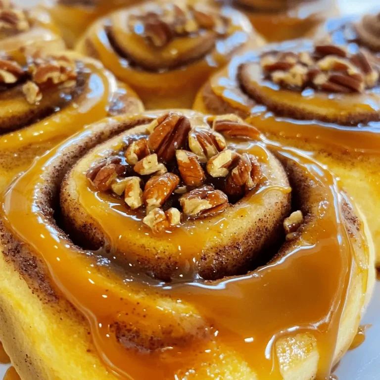 - 2 cups all-purpose flour - 1 cup whole milk - 1/4 cup granulated sugar - 2 tablespoons unsalted butter - 1 packet active dry yeast - 1 teaspoon salt - 1/2 teaspoon ground cinnamon - 1/4 cup brown sugar - 1/2 cup pecans - 1/2 cup caramel sauce - 1 large egg To make these caramel pecan cinnamon rolls, gather all your main ingredients first. The all-purpose flour serves as the base for the dough. Whole milk adds moisture and richness. Granulated sugar sweetens the dough and helps with browning. The unsalted butter contributes to a soft texture. Active dry yeast is crucial for making the rolls rise. Salt enhances flavor while ground cinnamon brings warmth and spice. Brown sugar adds a deep sweetness and helps create a gooey filling. Chopped pecans give a delightful crunch and flavor. The caramel sauce is the star, providing that sweet, sticky goodness we all crave. Lastly, the large egg helps bind everything together. - Additional chopped pecans - Powdered sugar - Whipped cream or vanilla ice cream For those who want extra flair, consider optional toppings. Chopped pecans add more crunch on top. A dusting of powdered sugar looks pretty and adds sweetness. A dollop of whipped cream or a scoop of vanilla ice cream makes each bite even more decadent. These ingredients come together to create a treat that is hard to resist. Each bite will make you want more! To start, combine 1 cup of warmed milk, 1/4 cup of sugar, and 1 packet of active dry yeast in a bowl. Mix gently. Let it sit until it gets bubbly—this means the yeast is alive and well. This step is crucial because it helps the rolls rise later. In a large bowl, mix the activated yeast mixture with 2 tablespoons of melted butter, 1 large egg, 1 teaspoon of salt, and 2 cups of all-purpose flour. Stir with a wooden spoon until the dough forms. You want a soft texture. Next, turn the dough out onto a lightly floured surface. Knead it for about 5-7 minutes. You want the dough to be smooth and elastic. When done, shape it into a ball. Place it in a greased bowl. Cover it with a damp cloth. Let it rise in a warm spot for about 1 hour, until it doubles in size. While the dough rises, prepare the filling. In a small bowl, mix 1/4 cup of packed brown sugar and 1/2 cup of finely chopped pecans. Once the dough has risen, punch it down gently. Roll it out on a floured surface into a rectangle about 1/4 inch thick. Spread half of the caramel sauce evenly over the dough. Sprinkle the brown sugar and pecan mixture across the caramel. Make sure it's well-distributed. Now, roll the dough tightly from one long edge to the other to form a log. Slice the log into 12 equal pieces. Place the slices in a greased 9x13 inch baking pan. Cover the pan with a kitchen towel and let the rolls rise again for about 30 minutes. This gives them a chance to puff up even more. While they rise, preheat your oven to 350°F (175°C). Finally, bake the rolls for 20-25 minutes until golden brown. As soon as they are out of the oven, drizzle the remaining caramel sauce over them. Enjoy the warm, gooey goodness! Kneading dough is key for great texture. To knead properly, push the dough away with your palm. Fold it over, and repeat. Do this for about 5-7 minutes until the dough feels smooth and elastic. You can check for doneness by pressing your finger into the dough. If it springs back, you’re good to go! Want to add more flavor? Try mixing in a bit of vanilla extract or a pinch of nutmeg. You can also use homemade caramel sauce. It’s easy to make! Just melt sugar in a pan until it turns golden, then whisk in cream and butter. This gives your rolls a rich, homemade touch. To make your rolls look fancy, serve them on a large platter. Sprinkle more chopped pecans on top and dust with powdered sugar. For a delicious pairing, offer a dollop of whipped cream or a scoop of vanilla ice cream on the side. These small touches can really impress your guests! {{image_4}} You can switch up the nuts in your caramel pecan cinnamon rolls. Walnuts add a rich, earthy flavor. Almonds provide a nice crunch and a slightly sweet taste. If you want a nut-free version, just leave them out. The rolls will still be delicious without nuts. Get creative with flavor! You can add chocolate chips for a sweet twist. Cream cheese mixed into the filling creates a rich, tangy addition. Experiment with different spices, too. Try nutmeg or ginger for a warm, inviting taste. A sprinkle of cocoa powder also gives a unique flavor. Need fewer or more rolls? You can easily adjust the recipe. For a smaller batch, cut the ingredients in half. For larger gatherings, double the ingredients. Always keep personal dietary needs in mind. You can use almond milk or gluten-free flour for special diets. To store leftover caramel pecan cinnamon rolls, place them in an airtight container. Wrap them well with plastic wrap or foil to keep them fresh. They will stay good in the fridge for about 3 to 5 days. Keeping them sealed helps avoid drying out. You can freeze both uncooked and baked rolls. For uncooked rolls, place them on a baking sheet to freeze for 1-2 hours. Once firm, transfer them to a freezer bag. For baked rolls, let them cool completely, then wrap them tightly in plastic wrap. Uncooked rolls can last about 3 months, while baked rolls are best used within 2 months. To reheat baked rolls, thaw them overnight in the fridge. Preheat your oven to 350°F. Place the rolls on a baking sheet and warm them for 10-15 minutes. You can also warm them in the microwave for 15-20 seconds if you prefer. To check if your rolls are fresh, look for signs like dryness or hard texture. Fresh rolls should be soft and moist. Store them in a cool, dry place to maintain flavor. If you notice any off smells or mold, it's best to discard them. Keeping your rolls in an airtight container will help them stay delicious for longer. You can spot perfect rolls by looking for a golden brown color. They should also feel firm when you gently press on them. If they bounce back, they are likely ready. The rolls should not look doughy or wet on top. To be sure, you can also use a toothpick. Insert it into the center, and it should come out clean. Yes, you can use different flours, but the texture may change. Whole wheat flour adds a nutty taste but may make the rolls denser. Gluten-free flour can work too, but check for a blend that contains xanthan gum. This helps mimic the elastic texture of regular flour. Experiment with what you have, but keep in mind the results may vary. To warm leftover rolls, preheat your oven to 350°F (175°C). Wrap the rolls in foil to keep them moist. Bake for about 10-15 minutes until warm. You can also microwave them for a quick heat-up, but this may make them a bit chewy. For best results, use the oven method for soft, fluffy rolls. This blog post covered essential ingredients, detailed steps, and extra tips for baking. You learned how to activate yeast, prepare dough, and fill rolls with pecans and caramel. We also explored variations and storage methods to keep your rolls fresh. Baking these rolls can be fun and rewarding. With practice, you'll impress everyone with delicious flavors. Enjoy your baking journey and make it your own!