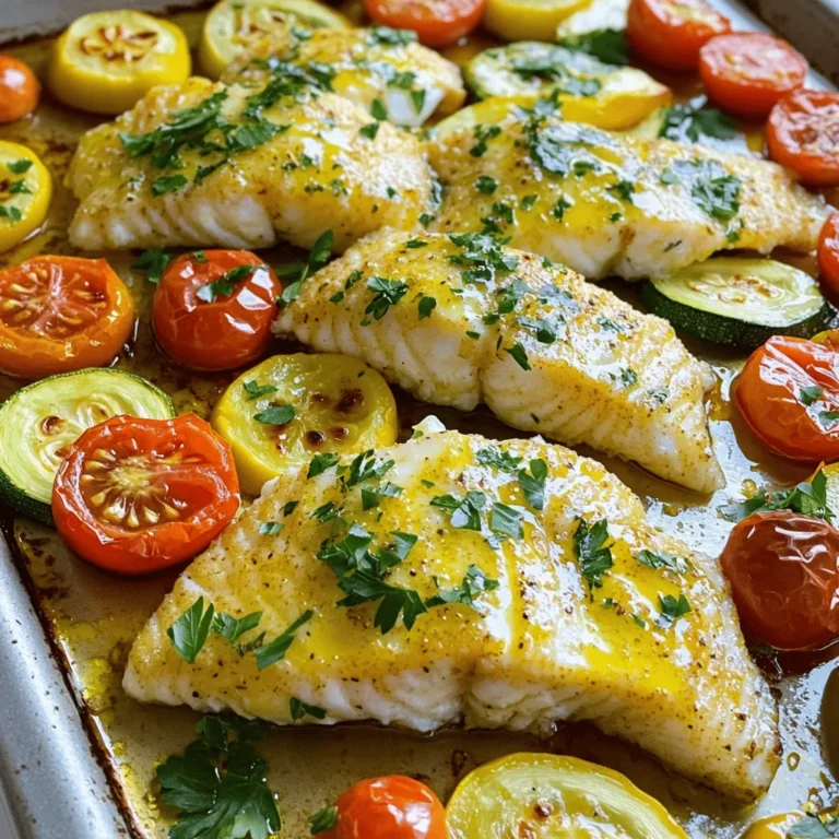 - 4 tilapia fillets - 3 tablespoons extra virgin olive oil - 4 cloves minced garlic - Zest and juice of 1 large lemon - 1 teaspoon smoked paprika - 1 teaspoon dried oregano - Salt and freshly ground pepper to taste - 1 cup cherry tomatoes, halved - 1 bell pepper, sliced - 1 medium zucchini, sliced - Fresh parsley for garnish Gathering fresh ingredients makes cooking fun and rewarding. For this dish, I use tilapia, a mild fish that cooks quickly. You’ll need four fillets, which provide a great base for our flavors. I prefer extra virgin olive oil for its rich taste. Three tablespoons add depth to our dish. Garlic is essential here. I mince four cloves for a strong flavor that pairs well with lemon. Speaking of lemon, you’ll want one large lemon for its zest and juice. This adds bright notes to the fish. Smoked paprika and oregano give warmth to the dish. A teaspoon of each works well, but feel free to adjust based on your taste. Don’t forget salt and pepper! Use them to season the fish and veggies. For a pop of color, add one cup of halved cherry tomatoes, a sliced bell pepper, and a medium zucchini, sliced into rounds. Finally, fresh parsley adds a nice touch. It brightens the plate and enhances flavor. With these ingredients, you are ready to create a delightful meal. - Preheat the oven to 400°F (200°C). - In a bowl, whisk together the olive oil, garlic, lemon zest, lemon juice, smoked paprika, oregano, salt, and pepper. This mix will give the tilapia a bright flavor. - Place the tilapia fillets on a large baking sheet. - Pour half of the marinade over the fillets. Use a spoon to spread it evenly. This ensures each piece gets full flavor. - In the same bowl, add the halved cherry tomatoes, sliced bell pepper, and zucchini rounds. Toss them in the remaining marinade. This will coat the veggies with the same tasty mix. - Arrange the vegetables around the tilapia on the baking sheet. This makes the dish colorful and inviting. - Place the baking sheet in the preheated oven. Roast for 15-20 minutes. - Check for doneness by using a fork. The tilapia should flake easily when done, and the veggies should be tender. - Once finished, take the baking sheet out of the oven and let it rest for a couple of minutes. This helps the flavors mix well. - Before serving, sprinkle fresh chopped parsley on top. This adds a nice touch of color and freshness to the dish. To check if your tilapia is done, look for flakiness. Gently use a fork. If it flakes easily, it is ready. Be careful not to overcook the fish. Overcooked tilapia can become dry and tough. A perfect cook keeps it moist and tender. You can adjust the seasoning based on your taste. If you love lemon, add more juice or zest. This will bring out a bright flavor in your dish. You can also try adding a pinch of cayenne for a bit of heat. For a beautiful look, serve the dish on a large decorative platter. This makes it inviting and fun. Drizzle the remaining juices over the fish and veggies. This adds flavor and shine. Don’t forget to include lemon wedges on the side. Guests can use them to add more zest to their plate. {{image_4}} You can swap tilapia for other fish like salmon or cod. Salmon has a richer flavor and cooks well with the lemon-garlic mix. Cod offers a mild taste and a nice texture. If you want something fun, try marinating shrimp with the same lemon and garlic flavors. Shrimp cooks quickly and brings a sweet taste that pairs well with the dish. Feel free to mix in different veggies for extra color. Broccoli or asparagus work great and add crunch. You can also use seasonal vegetables like bell peppers or squash. This keeps your meal fresh and exciting. Each season offers new veggies to explore. You can change the herbs to make your dish unique. Try adding thyme or basil for a different taste. If you love spice, experiment with cayenne or cumin. These spices can elevate the dish and add warmth. Each variation gives your meal a new twist that keeps it interesting. To store leftover tilapia, place it in an airtight container. Make sure to put it in the refrigerator. It will stay good for about three days. If you want to freeze it, wrap the tilapia tightly in plastic wrap. Then, place it in a freezer-safe bag. It can last up to three months in the freezer. To reheat your tilapia, you can use an oven or microwave. If you choose the oven, set it to 350°F (175°C). Place the tilapia in a baking dish and cover it with foil. Heat for about 10-15 minutes. In the microwave, place it on a microwave-safe plate. Heat for about 1-2 minutes. Be careful not to overcook it. This can make the tilapia dry. For storing leftovers, use airtight containers. Glass containers are great because they do not stain or hold odors. They also keep food fresh longer. Plastic containers are lightweight and easy to handle. Just be sure they are BPA-free. Both options work well, so choose what you prefer! Cooking tilapia in the oven takes about 15 to 20 minutes. Set your oven to 400°F (200°C). This temperature gives a nice roast. The fish is done when it flakes easily with a fork. Keep an eye on it to avoid overcooking. Yes, you can use frozen tilapia. If cooking from frozen, add a few extra minutes to your cooking time. Thawed fillets cook faster and are easier to season. If you choose frozen, make sure to thaw them first for even cooking. Tilapia pairs well with many sides. Here are some ideas: - Steamed broccoli - Quinoa or rice - A fresh green salad - Roasted sweet potatoes - Garlic bread These sides add balance and flavor to your meal. Tilapia is a great healthy choice. It is low in calories and high in protein. This recipe adds healthy fats from olive oil and fresh veggies. Plus, it has lots of vitamins and minerals. Eating tilapia can support heart health and muscle growth. Yes, you can prepare some parts of this recipe ahead of time. You can marinate the tilapia and chop the veggies a few hours before cooking. Store them in the fridge until you are ready to cook. This makes for an easy meal when you need it. This blog post shared a tasty tilapia recipe and step-by-step tips. You learned how to marinate and bake fish with colorful veggies. Try swapping proteins or vegetables to fit your taste. Don't forget to use the best storage tips to keep leftovers fresh. Cooking tilapia can be simple and fun. I hope this recipe inspires you to create a delicious meal. Enjoy experimenting with flavors to make it your own!
