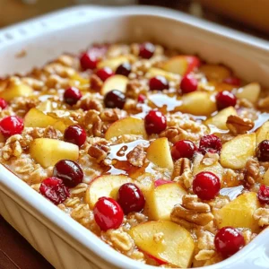 - 2 cups rolled oats - 1 teaspoon baking powder - 1 teaspoon ground cinnamon - ½ teaspoon salt To start, I always use rolled oats for this dish. They cook well and give a great texture. The baking powder helps the oatmeal rise a bit, making it fluffy. Ground cinnamon adds a warm flavor that pairs perfectly with apples and cranberries. Lastly, a pinch of salt balances all the sweetness in the dish. - 2 cups almond milk (or your preferred milk) - ½ cup maple syrup or honey For the milk, I often choose almond milk. It keeps the bake light and adds a nice nutty taste. You can also use any milk you like, such as cow's milk or oat milk. When it comes to sweeteners, I prefer maple syrup for its rich flavor. Honey works well too, but it adds a different touch. Both sweeteners make this dish delightful. - 2 ripe apples, peeled and diced - 1 cup fresh or frozen cranberries - ½ cup chopped walnuts or pecans (optional) This recipe shines with apples and cranberries. I always use ripe apples for sweetness. Fresh cranberries add a tart flavor, while frozen ones work just as well. For a crunch, I love adding walnuts or pecans. They give a nice bite and depth to the dish. You can skip the nuts if you prefer. 1. First, preheat your oven to 350°F (175°C). This step is key for even baking. 2. Next, grease a 9x9 inch baking dish with coconut oil or melted butter. This helps prevent sticking. 3. In a large mixing bowl, add the rolled oats, baking powder, ground cinnamon, and salt. Stir these dry ingredients well to mix them evenly. 4. In another bowl, whisk together the almond milk, maple syrup (or honey), and pure vanilla extract. Mix until it is smooth and well combined. 5. Gradually pour this wet mixture into the dry ingredients. Stir continuously to blend everything together. 6. Now, gently fold in the diced apples, cranberries, and optional chopped nuts. Make sure they are well distributed without overmixing. 7. Transfer the combined mixture into the greased baking dish. Spread it evenly across the dish. 8. Place the dish in your preheated oven. Bake for 30 to 35 minutes. Look for a golden brown top and a firm center. 9. After baking, take the dish out of the oven. Allow it to cool for a few minutes before cutting it into squares for serving. To keep your Apple Cranberry Oatmeal Breakfast Bake moist, use enough liquid. Almond milk helps here. If you find it dry, add a splash more milk before baking. Be careful not to overmix. Overmixing can make your bake tough. Gently fold in the fruit and nuts for the best texture. Serve your bake warm. A drizzle of maple syrup adds sweetness. For a crunchy touch, sprinkle chopped nuts on top. Yogurt makes a great side too. It adds creaminess and balances the flavors. You can use plain or flavored yogurt based on your taste. Choose a 9x9 inch baking dish for even cooking. Glass or ceramic works well. For mixing, use a large bowl for dry ingredients. A medium bowl for wet ingredients is best. These sizes fit the recipe perfectly and make mixing easy. {{image_4}} You can switch up the fruits in this bake. Try using pears instead of apples. Pears add a sweet, juicy twist. You can also use other fruits like berries or peaches. Each fruit brings its own flavor and texture. For nuts, consider using almonds or hazelnuts. These nuts add different tastes and crunch. If you need a gluten-free version, use gluten-free rolled oats. They work just as well in this recipe. You can also swap regular flour for almond flour or coconut flour. These options keep the dish gluten-free while adding a unique flavor. For a vegan option, substitute almond milk with any non-dairy milk. Options like oat or soy milk are great too. If a recipe calls for eggs, you can use flax eggs instead. Mix one tablespoon of flaxseed meal with three tablespoons of water. Let it sit for five minutes to thicken. This will help bind your ingredients without eggs. Let your Apple Cranberry Oatmeal Breakfast Bake cool completely before storing. This step helps keep moisture in check, so your bake stays fresh. Use airtight containers for the best results. Glass or plastic containers work well. Make sure to label them with the date too. To reheat, warm it gently in the oven. Preheat your oven to 350°F (175°C). Place the squares in an oven-safe dish and cover them with foil. Heat for about 15 minutes. This keeps the bake soft. If you're short on time, you can use the microwave. Heat for 30 seconds to 1 minute, checking often to avoid drying it out. You can keep leftovers in the fridge for up to five days. If you want to store it longer, freeze it. Cut the bake into squares and wrap them tightly in plastic wrap. Place them in a freezer-safe bag. This way, they can last for up to three months. Just remember to label and date them! Yes, you can use steel-cut oats. However, they differ in texture and cooking time. Steel-cut oats are chewier and take longer to cook. If you use them, soak them overnight. This helps soften them. Then, adjust the baking time. You may need to bake for a bit longer to get the right texture. Yes, you can use other sweeteners like agave syrup or brown sugar. Each will change the flavor a bit. Maple syrup gives a rich taste, while honey adds floral notes. Experiment with what you like best. Just keep the amount similar to the recipe. To make it nut-free, simply omit the nuts. You can replace them with seeds like pumpkin or sunflower seeds. These will still give a nice crunch. Another option is to use shredded coconut for added texture. Enjoy a tasty dish that fits your needs! This blog post covered key ingredients, preparation steps, and tips for a delicious bake. You learned about essential ingredients like rolled oats and baking powder and how to choose milk options and sweeteners. We explored optional add-ins and variations to keep your dish exciting. Remember the importance of storing leftovers properly and reheating for the best taste. Keep experimenting with flavors and textures to make this recipe your own. Enjoy the process, and savor each bite!