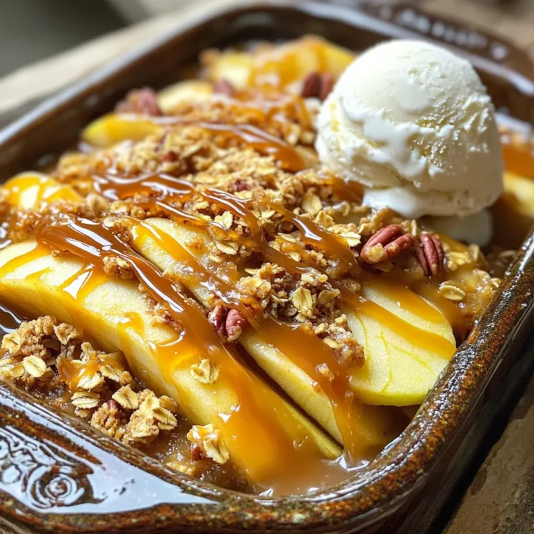 - 4 medium apples (preferably Granny Smith or Honeycrisp), peeled, cored, and sliced into thin wedges - 1 cup brown sugar, packed firmly - 1 teaspoon ground cinnamon - 2 tablespoons freshly squeezed lemon juice - 1 cup old-fashioned rolled oats - 1/2 cup all-purpose flour - 1/2 cup unsalted butter, melted and slightly cooled - 1 cup pecans, finely chopped - 1/2 teaspoon salt - 1 cup caramel sauce (store-bought or homemade) Using Granny Smith apples gives a nice tartness. Honeycrisp apples add sweetness and crunch. The mix of these apples makes each bite balanced. Fresh lemon juice brightens the flavor. Ground cinnamon adds warmth and depth. For the topping, use old-fashioned oats; they provide a chewy texture. Melted butter adds richness and helps bind the topping. Chopped pecans give a nutty flavor and crunch. Using packed brown sugar enhances the caramel notes. If you prefer a different nut, walnuts work well too. For gluten-free options, use gluten-free oats and flour. Maple syrup can replace brown sugar for a different sweetness. If you don't have caramel sauce, try a warm fruit syrup or chocolate drizzle. For a dairy-free version, use coconut oil in place of butter. These swaps keep the dessert delicious while catering to different diets. First, preheat your oven to 350°F (175°C). This step helps the crisp bake evenly. Next, take a 9x13-inch baking dish and lightly grease it with butter or cooking spray. This prevents the dessert from sticking. In a large bowl, combine the sliced apples with lemon juice, brown sugar, and ground cinnamon. The lemon juice adds brightness. Toss the apple slices gently until they are fully coated. Once mixed, pour this apple filling into your prepared baking dish, spreading it out evenly. In a separate bowl, mix together the rolled oats, all-purpose flour, melted butter, remaining brown sugar, chopped pecans, and salt. Stir the mixture until it looks crumbly. This topping will give your crisp a nice texture. Now, sprinkle the oat-pecan topping over the apple filling. Make sure to cover the apples completely. This ensures every bite has crunch. Next, drizzle half of the caramel sauce over the topping. This adds sweetness and flavor. Place the baking dish in your preheated oven. Bake for 35-40 minutes until the apples are fork-tender and the topping is golden brown. After baking, take the dish out and let it cool for about 10 minutes. This cooling time allows the flavors to blend beautifully. Just before serving, drizzle the rest of the caramel sauce on top for an extra sweet finish. Choose apples that are firm and crisp. I love using Granny Smith or Honeycrisp. These apples add a nice tartness to the dish. Look for apples that have vibrant color and no bruises. Fresh apples will give your dessert the best flavor and texture. For a great topping, mix your oats, flour, and butter well. The butter should be melted but not hot. This helps create a crumbly texture. Make sure to combine the ingredients until you see clumps form. This will give you that perfect crunchy topping. Don’t forget to sprinkle it evenly over the apples for the best bake. Adding spices can take your crisp to the next level. Ground cinnamon is a must for warmth. You can also try nutmeg for a different flavor. If you want a little kick, add a pinch of ginger or allspice. These spices will bring out the sweetness of the apples and make your dish more exciting. {{image_4}} You can switch pecans for walnuts. Walnuts add a rich, earthy taste. They also bring a nice crunch. Simply replace the pecans with the same amount of chopped walnuts. This change gives your crisp a different flavor profile while keeping it delicious. For a gluten-free option, use gluten-free flour. You can find this in most stores. Replace all-purpose flour with the same amount of gluten-free flour. Make sure to check labels for any allergens. This swap helps those who cannot eat gluten enjoy the dessert. Mixing in other fruits can change up the flavor. Berries like blueberries or raspberries work well. You can also add pears for a sweeter taste. Just keep the total amount of fruit the same. This way, your dessert stays balanced and tasty. Mix and match to find your favorite combo! To keep your caramel pecan apple crisp fresh, let it cool first. Once cool, cover it tightly with plastic wrap or aluminum foil. You can also use an airtight container. Store it in the fridge for up to three days. This method helps the flavors stay rich and tasty. When you want to enjoy the crisp again, preheat your oven to 350°F (175°C). Place the apple crisp in an oven-safe dish. Cover it with foil to keep it moist. Heat for about 15-20 minutes. This way, the topping stays crispy, and the apples warm up perfectly. If you want to freeze your caramel pecan apple crisp, wait until it cools completely. Use a freezer-safe container or wrap it well in plastic wrap, then aluminum foil. It can last up to three months in the freezer. When you are ready to eat it, thaw it overnight in the fridge and reheat as mentioned above. This keeps the dessert tasting fresh and delicious even after freezing. Yes, you can make this dessert ahead of time. Prepare everything up to the baking step. Cover the dish tightly and store it in the fridge for one day. When ready to bake, let it sit at room temperature for about 30 minutes. Then, bake as directed. This method works well to keep flavors fresh. I recommend using a thick, rich caramel sauce. Store-bought sauces are convenient, but homemade is best. If you have time, try making your own. It adds a personal touch and flavor. Look for sauces made with quality ingredients for the best taste. Check the crisp after about 35 minutes. The topping should be golden brown, and the apples should be fork-tender. If it needs more time, bake for an extra 5 minutes. Keep an eye on it to avoid burning the topping. Yes, frozen apples can work in this recipe. Thaw them first, then drain any excess liquid. This helps keep the crisp from getting soggy. While fresh apples are best, frozen can save time and still taste great. We covered all the key points for making a delicious apple crisp. We looked at the best ingredients, tips for great flavor, and how to make a perfect topping. I provided step-by-step instructions to ensure your success. You learned variations and how to store leftovers too. Now, you can enjoy delicious caramel pecan apple crisp anytime. Cooking should be fun and easy, and this dessert will surely please everyone. Grab your ingredients and start baking!