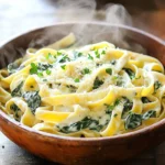- 12 oz fettuccine pasta - 4 cups fresh spinach, roughly chopped - 3 cups vegetable broth - 1 cup heavy cream The main ingredients make this dish creamy and rich. Fettuccine pasta gives you a nice bite, while fresh spinach adds color and nutrients. The vegetable broth keeps the flavors bright, and heavy cream makes the sauce smooth. - 1 cup freshly grated Parmesan cheese - 3 cloves garlic, finely minced - 1 tablespoon extra virgin olive oil - 1 teaspoon Italian seasoning These extra ingredients take the dish to another level. Parmesan cheese adds a salty kick. Garlic gives off a warm aroma. Olive oil helps sauté the garlic and adds richness. Italian seasoning brings a blend of herbs that complements the pasta. - Salt and freshly cracked black pepper to taste - Fresh parsley, finely chopped (for garnish) Seasoning is key. Salt and black pepper enhance all the flavors. You can adjust them to your taste. Fresh parsley not only adds color but also a fresh taste. It makes every serving look vibrant and inviting. 1. Heat olive oil and sauté garlic Start by pouring one tablespoon of extra virgin olive oil into a large pot. Turn the heat to medium. Once the oil is warm, add three cloves of minced garlic. Sauté the garlic for about one minute. You want it fragrant and golden. Keep an eye on it so it does not burn. 2. Add pasta, broth, and seasoning Next, toss in twelve ounces of fettuccine pasta. Pour in three cups of vegetable broth and sprinkle in one teaspoon of Italian seasoning. Give everything a good stir. Make sure the pasta is well mixed with the broth and seasoning. 1. Bring to a boil and simmer pasta Turn up the heat and bring the mixture to a rolling boil. Once it starts boiling, reduce the heat. Cover the pot and let it simmer for about 10 to 12 minutes. Stir occasionally to avoid sticking. You want the pasta to be al dente, which means it should still have a slight bite. 2. Stir in cream and Parmesan cheese After the pasta is cooked, it’s time to add richness. Pour in one cup of heavy cream and one cup of freshly grated Parmesan cheese. Mix well until the cheese melts and the sauce becomes creamy. 1. Fold in chopped spinach Now, take four cups of roughly chopped fresh spinach and gently fold it into the pasta. Let it cook for another 2 to 3 minutes. The heat will help the spinach wilt and blend into the dish. 2. Adjust seasoning and let rest Taste your pasta and add salt and freshly cracked black pepper to your liking. Once seasoned, remove the pot from the heat. Let it rest for one minute. This allows the sauce to thicken and gives it a perfect creamy texture. How to ensure pasta is perfectly al dente: To cook the pasta just right, follow the package instructions. Check it a minute or two early. You want it firm but not hard. Taste a strand to see if it has that perfect bite. Avoiding sticking during cooking: Stir the pasta often while it cooks. This keeps it from clumping together. A little splash of olive oil can help, too. It adds flavor and keeps pasta smooth. Achieving the best creamy texture: For a rich and creamy sauce, add the heavy cream slowly. Stir it in after the pasta is cooked. Let it warm before mixing in the cheese. This helps it melt smoothly. Enhancing flavor with seasoning: Taste your dish before serving. Add salt and black pepper to your liking. A pinch of extra Italian seasoning can brighten the flavor. Don't be afraid to experiment! Ideal toppings and presentation: Serve the pasta in warm bowls. Top each dish with more Parmesan cheese. A sprinkle of fresh parsley adds color and freshness. It makes the dish look inviting and delicious! {{image_4}} You can switch up the pasta type if you want. Try whole wheat or gluten-free pasta. They taste great and fit different diets. For a dairy-free option, use coconut cream instead of heavy cream. Nutritional yeast can replace Parmesan cheese. It gives a nice cheesy flavor without the dairy. Want some protein? You can add chicken or shrimp to this dish. Cook them first and then mix them into the pasta. This adds a delicious twist. You can also add more veggies. Try bell peppers, mushrooms, or broccoli. Just chop them small and add them when you stir in the spinach. This makes the dish colorful and healthy. If you have an Instant Pot, you can make this dish quickly. Add all your ingredients and cook on high pressure for about 5 minutes. Let the steam release naturally for a creamy texture. You can also use a skillet. Just follow the same steps but cook the pasta in a large skillet. Stir often to keep it from sticking. This method gives a nice, crispy bottom. These variations let you customize your One-Pot Creamy Spinach Alfredo Pasta. Enjoy making it your own! To store leftover One-Pot Creamy Spinach Alfredo Pasta, let it cool first. Transfer it to an airtight container. This helps keep the pasta fresh. You can refrigerate it for up to three days. Make sure to label the container with the date. When reheating pasta, the best method is to use the stove. Place the pasta in a pot with a splash of water or broth. Heat on low and stir often. If the pasta seems dry, add more liquid to help it soften. You can also use the microwave. Heat in short bursts, stirring in between. Yes, this dish can be frozen! To freeze, cool the pasta and place it in a freezer-safe container. It can last up to three months in the freezer. To thaw, move it to the fridge overnight. You can reheat it on the stove or microwave as mentioned earlier. How can I make this dish gluten-free? You can use gluten-free fettuccine instead of regular pasta. Many brands offer tasty options. Just check the package for cooking times. The rest of the ingredients are naturally gluten-free, so you can enjoy this dish worry-free. Can I use frozen spinach instead of fresh? Yes, you can use frozen spinach. Just thaw and drain it before adding to the pasta. It may not be as vibrant, but it’s still nutritious and saves time. What can I pair with One-Pot Creamy Spinach Alfredo Pasta? This creamy pasta pairs well with a crisp side salad. You can also serve garlic bread for a filling meal. A chilled white wine like Pinot Grigio complements the flavors nicely. How do I make it spicier? To spice it up, add red pepper flakes during cooking. You can also mix in chopped jalapeños for a kick. Adjust to your taste for the perfect heat. What is the calorie count per serving? Each serving has around 590 calories. This number may vary based on exact measurements and ingredients used. It's a hearty meal, so enjoy it in moderation. Any health benefits of spinach in this recipe? Yes, spinach is packed with vitamins A, C, and K. It also has iron and fiber. This nutrient-rich green adds both flavor and health benefits to your dish. In this blog post, we covered how to make creamy spinach Alfredo pasta. You learned about key ingredients like fettuccine, spinach, and garlic, and how to cook them step by step. We shared tips for perfect pasta and ways to store leftovers. You can also try fun variations, like adding chicken or making it dairy-free. This dish is not only tasty but also simple to prepare. Now, you can enjoy a delicious meal any night of the week.
