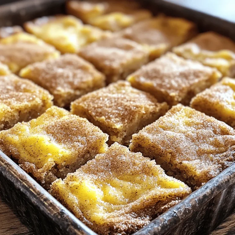 - 1 cup unsalted butter, melted - 1 1/2 cups packed brown sugar - 1/2 cup granulated sugar - 2 large eggs - 2 teaspoons vanilla extract The main ingredients give these blondies their rich taste. The melted butter makes them soft and chewy. Brown sugar adds a deep flavor, while granulated sugar gives sweetness. Eggs bind everything together, and vanilla adds warmth. - 2 cups all-purpose flour - 1 teaspoon baking powder - 1 teaspoon baking soda - 1/4 teaspoon salt - 1 tablespoon ground cinnamon The dry ingredients create the structure for the bars. All-purpose flour forms the base. Baking powder and baking soda help them rise. Salt enhances all the flavors, and ground cinnamon gives that classic snickerdoodle taste. - 1/4 cup granulated sugar - 1 tablespoon ground cinnamon The topping adds a sweet crunch. Mixing sugar and cinnamon creates a delicious layer on top. This adds extra flavor and makes the bars look pretty. It’s this topping that makes snickerdoodles special! First, preheat your oven to 350°F (175°C). Take a 9x13 inch baking pan and line it with parchment paper. Leave some paper hanging over the sides. This helps you lift the blondies out later. In a large bowl, pour in 1 cup of melted unsalted butter. Add 1 ½ cups of packed brown sugar and ½ cup of granulated sugar. Whisk these together until smooth. Crack in 2 large eggs, one at a time, and mix well after each. Finally, stir in 2 teaspoons of vanilla extract. In another bowl, sift together 2 cups of all-purpose flour, 1 teaspoon of baking powder, 1 teaspoon of baking soda, ¼ teaspoon of salt, and 1 tablespoon of ground cinnamon. Sifting helps mix and aerate the dry ingredients well. Slowly add the dry mix to the wet mix. Stir gently until just combined. Don’t overmix! A few lumps in the batter are okay. This helps keep your blondies nice and chewy. Pour the thick batter into your prepared pan. Spread it evenly with a spatula. In a small bowl, mix ¼ cup of granulated sugar with 1 tablespoon of ground cinnamon. Sprinkle this topping over the batter. Bake for 25-30 minutes. Use a toothpick to check for doneness. It should come out clean with a few moist crumbs. Once baked, take the pan out of the oven. Let it cool for 15-20 minutes. Use the parchment paper to lift the blondies out of the pan. Place them on a wire rack to cool completely. After cooling, slice them into squares or bars. Enjoy your tasty Snickerdoodle Blondie Bars! To get the best texture in your Snickerdoodle Blondie Bars, do not overmix the batter. When you combine wet and dry ingredients, mix gently. A few lumps are okay. They help keep the blondies soft and chewy. To check if your bars are done, insert a toothpick into the middle. If it comes out clean or with a few moist crumbs, they are ready. One common mistake is getting measurements wrong. Use the right measuring cups for dry and wet ingredients. This helps keep your bars from being too dry or too wet. Also, pay attention to butter temperature. Melted butter should be cool, not hot. If it's too hot, it can cook the eggs, and that will change the texture. You can make your blondies even better by adding extras. Try tossing in chocolate chips or chopped nuts. These add a nice crunch and extra flavor. You can also mix in a bit of toffee or caramel for a sweet surprise. This makes each bite unique and fun. {{image_4}} You can twist the classic snickerdoodle blondies into new flavors. One fun option is chocolate snickerdoodle blondies. Just add 1 cup of chocolate chips to the batter. This gives a rich taste that pairs well with the cinnamon. You can also make nutty blondie versions. Simply mix in 1 cup of chopped nuts, like pecans or walnuts, for a crunchy texture. Both options bring a new spin to a beloved treat. If you need gluten-free blondies, swap the all-purpose flour for a gluten-free blend. This keeps the texture soft and chewy. For a vegan version, use flax eggs instead of real eggs. Mix 1 tablespoon of ground flaxseed with 3 tablespoons of water, and let it sit for five minutes. It will thicken up and work great in the recipe. Replace the butter with coconut oil or vegan butter to keep it dairy-free. These blondies shine when you serve them warm. Pair them with a scoop of vanilla ice cream or a dollop of whipped cream. The cold sweetness contrasts perfectly with the warm, chewy blondies. You can also drizzle caramel sauce over the top for an extra treat. Enjoy these with friends or family for a cozy dessert! To keep your Snickerdoodle Blondie Bars fresh, use an airtight container. This will help keep them soft and chewy. Store at room temperature for best results. If you want to store them longer, the fridge is a good option, but they may become firmer. To freeze blondies, cut them into squares first. Wrap each square tightly in plastic wrap. Then place them in a freezer bag. When you want to enjoy a blondie, take one out and let it thaw at room temperature. This usually takes about 30 minutes. When stored at room temperature, these blondies stay fresh for up to five days. In the fridge, they can last about a week. If frozen, they stay good for about three months. Just remember to check for any signs of freezer burn before eating! Snickerdoodle Blondie Bars are sweet, chewy treats that mix cookie and brownie flavors. They have a rich, buttery taste with a hint of cinnamon. The bars are dense and soft, making them perfect for snacking. A topping of cinnamon sugar adds extra sweetness and crunch. To check if blondies are done, look for a golden top. The edges should be set, while the center may look slightly soft. Insert a toothpick into the center; it should come out clean or with a few moist crumbs. This means they are ready to cool. You can use different sugars, but it changes the flavor. Brown sugar gives a rich, caramel flavor and moisture. White sugar makes the blondies lighter and crispier. For best results, stick to a mix of both sugars. If your blondies turn out dry, check your measurements next time. Use a kitchen scale for accuracy. Also, make sure you don’t overmix the batter. Add an extra egg or some yogurt for moisture in your next batch. You now have everything you need to make delicious snickerdoodle blondies. We covered the key ingredients and steps, from mixing wet and dry components to baking and cooling. You learned tips to avoid common mistakes and how to enhance flavors. Don't forget about variations and storage tips to keep your blondies fresh. Enjoy trying new flavors and sharing these treats. With this guide, you'll impress friends and family with your baking skills. Happy baking!