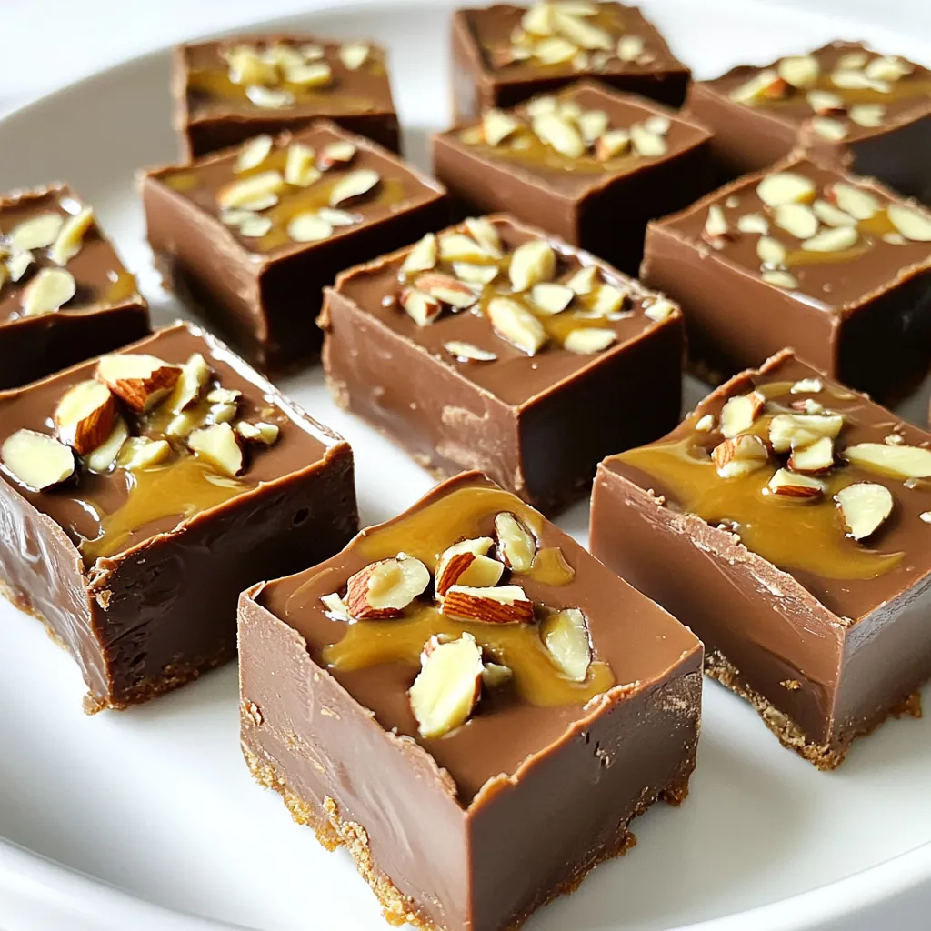 To make No-Bake Chocolate Almond Butter Fudge, you need a few key items. Each ingredient adds to the rich flavor. Here’s what you’ll need: - 1 cup almond butter - 1/2 cup coconut oil, melted - 1/3 cup maple syrup or honey - 1/2 cup unsweetened cocoa powder - 1 teaspoon vanilla extract - 1/4 teaspoon sea salt Almond butter is creamy and has a nutty taste. Coconut oil adds richness and helps the fudge set. Maple syrup or honey gives a touch of sweetness. Cocoa powder brings in that deep chocolate flavor. Vanilla extract rounds out the taste, while sea salt enhances all the flavors. Almond butter is the star here. It provides a smooth base that pairs well with chocolate. The chocolate comes from unsweetened cocoa powder. This gives the fudge its dark color and rich taste. You can use cocoa powder from any brand you like. Just make sure it is unsweetened for the best results. The combination of almond butter and cocoa powder creates a delightful treat. Each bite offers a blend of chocolatey goodness and nutty flavor. This fudge is a great way to enjoy these tastes together. If you want some crunch, I suggest adding chopped almonds. You can use about 1/3 cup of chopped almonds. This little addition gives texture to the fudge. It makes each bite more interesting. You can also experiment with other add-ins. Consider using shredded coconut or a sprinkle of sea salt on top. These options can provide extra flavor and texture. Choose what you like best to make this fudge your own! Start by gathering your ingredients. You need almond butter, coconut oil, maple syrup or honey, cocoa powder, vanilla extract, sea salt, and chopped almonds. This recipe takes just ten minutes to prep. In a medium mixing bowl, combine the almond butter and melted coconut oil. Stir these two together until they form a smooth mix. Then, pour in the maple syrup or honey. Mix again until everything blends well. Next, sift in the unsweetened cocoa powder. Sifting helps to remove any lumps. Add the vanilla extract and sea salt. Mix all the ingredients together until you have a uniform blend. It should feel creamy and fluffy. If you like crunch, gently fold in the chopped almonds. This adds a nice texture. Now, prepare an 8x8 inch baking dish. Line it with parchment paper. Leave some paper hanging over the sides. This makes it easy to lift the fudge out later. Carefully pour the fudge mixture into the dish. Use a spatula to smooth the top. Once it’s spread evenly, place the dish in the refrigerator. Let it set for at least two hours until firm. After it sets, lift the fudge out using the parchment paper. Cut it into squares for serving. Enjoy your delicious no-bake chocolate almond butter fudge! To get the best texture for your fudge, blend well. Mix the almond butter and melted coconut oil until creamy. Add the maple syrup or honey and stir until smooth. Sift in the cocoa powder, then add vanilla and sea salt. This step helps avoid lumps. If you want crunch, fold in chopped almonds gently. Don’t overmix; keep it smooth but fully combined. Gather a few simple tools to make this fudge. Use a medium mixing bowl for easy stirring. A spatula helps spread the fudge evenly. A baking dish lined with parchment paper makes removal simple. If you have a sifter, it’s great for cocoa powder. A sharp knife helps cut the fudge into neat squares. For serving, cut the fudge into even squares. Place them on a nice plate. You can add whole almonds on top for a lovely look. Drizzle melted almond butter over the squares for extra flavor and charm. This makes your fudge not just tasty, but pretty too. {{image_4}} You can switch almond butter for other nut butters. Try peanut butter for a classic taste. Cashew butter brings a creamy, mild flavor. Sunflower seed butter works great too! It’s nut-free and safe for allergies. Each nut butter adds its own twist to the fudge. Experiment and find your favorite! Maple syrup is a star in this recipe, but you have options. Honey gives a floral note. Agave nectar is sweeter and lighter. Coconut sugar adds a caramel touch. Each sweetener changes the taste slightly. Use what you love best. Just remember, the sweetness level can change the texture. Mix-ins can take your fudge to new heights. Chopped walnuts or pecans add crunch and flavor. Dried fruits like cranberries or cherries give a chewy texture. Try adding a pinch of cinnamon for warmth. Sea salt on top can enhance the sweetness too! Be bold and create your own blend. To keep your No-Bake Chocolate Almond Butter Fudge fresh, store it in an airtight container. Use parchment paper to separate the fudge squares. This way, they won't stick together. Keep the container in the fridge for the best taste. When stored properly, this fudge lasts about two weeks in the fridge. If you notice any changes in smell or texture, it's best to toss it out. Always check the fudge before enjoying it. For long-term storage, freeze the fudge. Wrap each square in plastic wrap, then place them in a freezer bag. This helps keep the fudge fresh for up to three months. When you want to enjoy it, simply thaw it in the fridge overnight. Yes, you can! Feel free to swap almond butter for another nut butter. Peanut butter works great, and so does cashew butter. Each nut butter brings its own flavor and creaminess. Just keep in mind that the taste will change a bit. After chilling in the fridge for about two hours, check the fudge. It should feel firm to the touch. If it still feels soft, give it more time. The fudge should hold its shape when you cut it. This fudge is delicious on its own, but you can add fun extras. Try serving it with fresh fruit like strawberries or bananas. A scoop of vanilla ice cream makes it even better. You can also dust the fudge with cocoa powder or sprinkle some sea salt on top for added flavor. In this blog post, we explored the key ingredients needed for making fudge, including nuts and chocolates. I shared step-by-step instructions for easy preparation, combining the ingredients, and setting the fudge. You learned tips to achieve the perfect texture and how to present your fudge nicely. We also discussed variations, storage methods, and answered common questions. Now you have the tools to create your own delicious fudge and impress your friends! Enjoy the process, and let your creativity shine through in your unique fudge recipes.