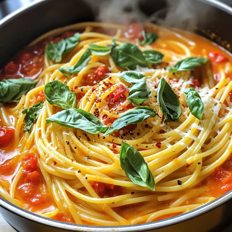 - 12 oz (340g) spaghetti or fettuccine - 1 tablespoon extra virgin olive oil - 1 small onion, finely chopped - 3 cloves garlic, minced - 1 teaspoon red pepper flakes - 1 can (14 oz) crushed tomatoes - 4 cups vegetable broth - 1 teaspoon granulated sugar - 1 teaspoon dried oregano - Salt and freshly ground black pepper - Fresh basil leaves, torn into pieces For this dish, you can choose either spaghetti or fettuccine. Both types work well. I love using fresh aromatics like onion, garlic, and basil. They add so much flavor. Red pepper flakes give the dish a nice kick. If you want it spicier, add more. Crushed tomatoes create a rich sauce, and vegetable broth adds depth. A touch of sugar balances the acidity of the tomatoes. Dried oregano is a must for that classic Italian flavor. - Grated Parmesan cheese for serving - Side dish suggestions: salad or garlic bread If you want to elevate your meal, sprinkle some grated Parmesan cheese on top. It melts beautifully and enhances the flavor. Pairing this pasta with a side salad or garlic bread makes it even better. A crisp salad adds freshness, and garlic bread offers a nice crunch. These extras round out your meal perfectly. Start by heating the olive oil in a large pot over medium heat. Once it’s hot, add the chopped onion. Cook it for about 3 to 4 minutes. You want the onion to be soft and clear. Then, add the minced garlic and red pepper flakes. Cook for one more minute. Stir it often so the garlic doesn’t burn. You’ll notice a lovely smell filling your kitchen! Next, pour in the crushed tomatoes and the vegetable broth. Add the sugar, dried oregano, a pinch of salt, and some black pepper. Mix everything well. This will create a rich and flavorful base for your pasta. Now, turn up the heat to bring this mixture to a gentle boil. Once it’s boiling, add your spaghetti or fettuccine. Give it a good stir to make sure all the pasta is submerged in the sauce. This step is key for even cooking. Lower the heat to medium-low. Cover the pot and let it simmer for about 10 to 12 minutes. Stir occasionally to prevent sticking. The pasta should be al dente, and the sauce will thicken nicely. This is where the magic happens! After the pasta is cooked, take the pot off the heat. Gently fold in the torn basil leaves. This adds a fresh flavor. Taste the dish and adjust the seasoning if needed. A little more salt or pepper can make a big difference! Serve the pasta hot from the pot. If you like, sprinkle some grated Parmesan cheese on top. Add a few extra basil leaves for color and taste. For a complete meal, pair it with a side salad or some crusty garlic bread. Enjoy your delicious creation! To cook pasta al dente, follow these steps: - Boil water in a large pot. - Add salt to the water before the pasta. - Stir the pasta often while it cooks. - Test the pasta a minute before the time is up. For spice lovers, tweak the red pepper flakes. Start with one teaspoon. Add more if you like it hotter. Just remember, you can always add more, but you can’t take it out! Fresh herbs make a big difference. Toss in extra basil when you serve the dish. You can also add parsley for a bright touch. Quality ingredients matter. Use good olive oil and fresh tomatoes when possible. These choices impact the taste. Pair this pasta with a fresh side salad. A crunchy salad balances the meal well. Garlic bread is another easy side. It adds comfort and goes great with pasta. For meal prep, store leftovers in an airtight container. You can keep it in the fridge for up to three days. Reheat it in a pot over low heat. Add a splash of water to keep it moist. {{image_4}} You can easily boost your pasta with protein. Adding grilled chicken gives a nice flavor. Cook the chicken separately, then slice and mix it in before serving. Shrimp is another great option. Sauté shrimp until pink and toss them in for a seafood twist. If you prefer vegetarian options, chickpeas are an excellent choice. They add protein and a hearty texture. Just drain and rinse a can of chickpeas, then stir them in during the last few minutes of cooking. If you need gluten-free pasta, you have options. Look for gluten-free spaghetti or fettuccine. Many brands taste just as good as regular pasta. Cook it according to package directions. Want to make this dish vegan? Skip the Parmesan cheese. You can replace it with nutritional yeast for a cheesy flavor. Also, ensure the vegetable broth is vegan. Don't be afraid to get creative with flavors. Roasted vegetables can enhance the dish. You can add bell peppers, zucchini, or cherry tomatoes. Roast them first, then mix them in before serving. Infuse the dish with different herbs or spices. Try thyme or rosemary for a unique twist. For a smoky flavor, consider adding smoked paprika. Just a pinch can change the whole vibe of your pasta. To store leftovers, let the pasta cool first. Transfer it to an airtight container. This keeps the pasta fresh in the fridge for up to three days. When you want to eat it, use a pot or microwave to reheat. For the pot, add a splash of water. Heat it on low, stirring often until warm. If using a microwave, heat in short bursts. Stir in between to avoid hot spots. You can freeze this dish for longer storage. Allow the pasta to cool completely. Then, place it in a freezer-safe container. Make sure to leave some space for expansion. It can last for up to three months in the freezer. When you're ready to eat, thaw the pasta overnight in the fridge. For quick thawing, you can use the microwave's defrost setting. Reheat on the stove, adding a little water or broth to restore moisture. Stir often to heat evenly. Enjoy your tasty pasta later! Yes, you can use other pasta types. Good options include penne or rotini. These shapes hold sauce well. You can pick any pasta you like, just adjust the cook time. To reduce spice, cut back on red pepper flakes. You can also add more tomatoes or broth. These will tone down the heat. Another option is to add a dollop of cream or yogurt. This will help cool the dish. This pasta pairs well with a side salad. A fresh green salad complements the dish nicely. You can also serve it with crusty garlic bread. Bread is perfect for soaking up the sauce. Prep takes about 10 minutes. Cooking time is around 15 minutes. So, the total time is about 25 minutes. It’s quick and easy for busy nights. Yes, you can prep this dish ahead. Store it in the fridge for up to three days. For reheating, warm it on the stove. Add a splash of broth to keep it moist. This blog post covered everything you need for a tasty One Pot Spicy Tomato Basil Pasta. We talked about the main ingredients, like pasta, tomatoes, and herbs. You learned how to cook the pasta perfectly and add flavor with simple spices. I offered tips for making it a full meal, like side dishes and protein options. Remember, you can adjust flavors as you like. With the right methods, leftovers will taste great too. Enjoy cooking this dish and sharing it with others!