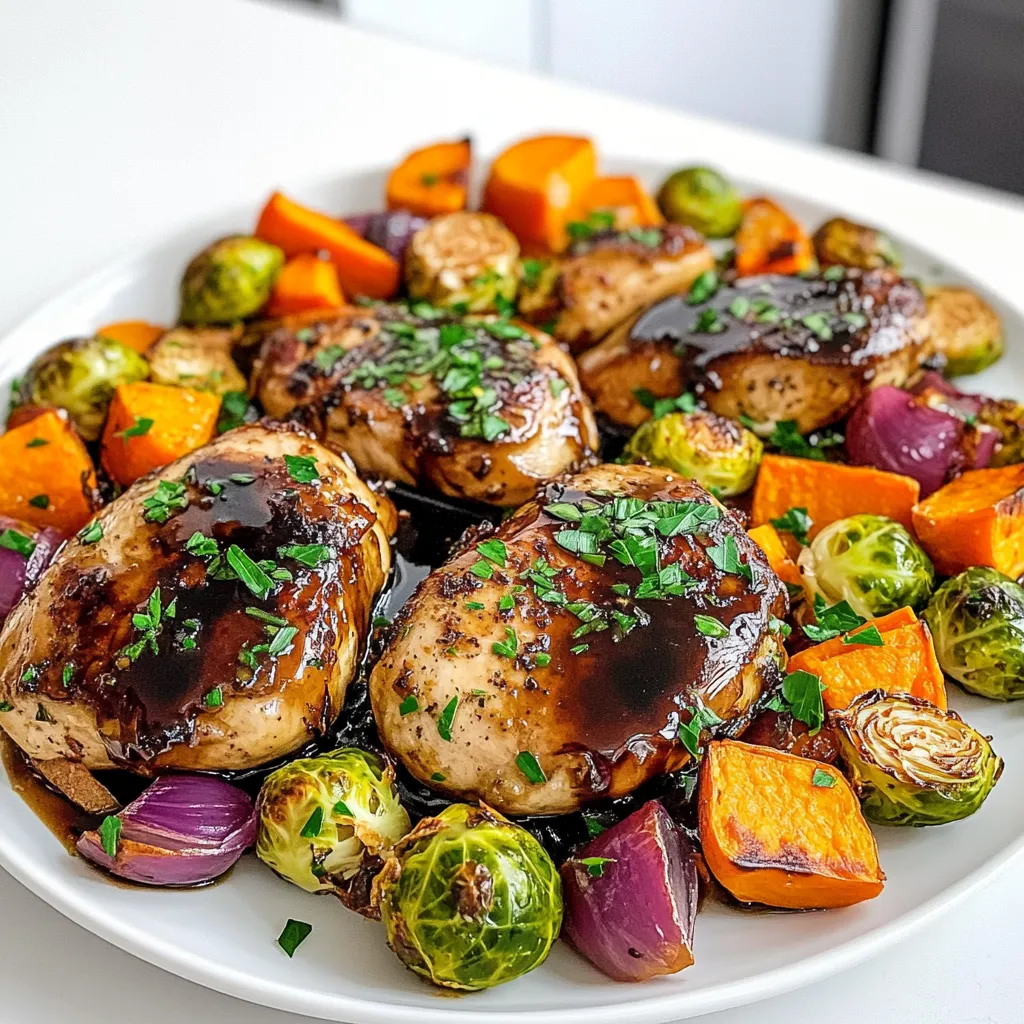 To make Balsamic Chicken with Fall Vegetables, gather these ingredients: - 4 boneless, skinless chicken breasts - 2 cups Brussels sprouts, halved - 1 large sweet potato, peeled and cubed - 2 medium carrots, sliced into thin rounds - 1 large red onion, cut into wedges - 1 cup baby bella mushrooms, halved - 1/4 cup balsamic vinegar - 1/4 cup extra virgin olive oil - 2 tablespoons honey - 3 cloves garlic, finely minced - 1 teaspoon dried thyme - 1 teaspoon dried rosemary - Salt and freshly cracked black pepper, to taste - Fresh parsley, finely chopped (for garnish) This dish serves four and contains: - Calories: About 380 per serving - Protein: 30g - Carbohydrates: 30g - Fat: 18g - Fiber: 6g - Sugar: 5g It’s a great balance of protein and veggies, making it a healthy choice. To prepare this dish, you will need: - A large baking sheet - Parchment paper (for easy cleanup) - A mixing bowl - A whisk or fork (for mixing the marinade) - A sharp knife (for cutting vegetables) - A cutting board These tools will help you make this meal quickly and easily. Start by preheating your oven to 425°F (220°C). This step is key for even cooking. Line a large baking sheet with parchment paper. This makes cleanup easy and prevents sticking. Next, gather your ingredients. You will need: - 4 boneless, skinless chicken breasts - 2 cups Brussels sprouts, halved - 1 large sweet potato, peeled and cubed - 2 medium carrots, sliced into thin rounds - 1 large red onion, cut into wedges - 1 cup baby bella mushrooms, halved - 1/4 cup balsamic vinegar - 1/4 cup extra virgin olive oil - 2 tablespoons honey - 3 cloves garlic, finely minced - 1 teaspoon dried thyme - 1 teaspoon dried rosemary - Salt and freshly cracked black pepper, to taste - Fresh parsley, finely chopped (for garnish) In a small bowl, mix the balsamic vinegar, olive oil, honey, minced garlic, thyme, rosemary, salt, and pepper. Whisk until it blends well. Place the chicken breasts in a large mixing bowl. Pour half of the balsamic mixture over the chicken. Toss gently to coat the chicken well. Let it sit while you prepare the veggies. In the same bowl, add the Brussels sprouts, sweet potato, carrots, onion, and mushrooms. Pour the rest of the balsamic mix over the veggies and toss until they are all coated nicely. Position the marinated chicken in the center of your baking sheet. Spread the veggies around the chicken. Make sure they are in a single layer. This helps them roast evenly. Roast everything in the oven for 25-30 minutes. Check that the chicken reaches 165°F (75°C). The veggies should be tender and caramelized. Stir the veggies halfway through cooking for even roasting. Once done, take the baking sheet out of the oven. Let it rest for about 5 minutes. This helps the juices settle in the chicken. Before serving, sprinkle fresh parsley on top. This adds color and flavor. Serve the chicken and veggies on a large platter. Drizzle any leftover marinade over the top for extra taste. Enjoy your meal! To make your balsamic chicken a hit, start with quality chicken. Choose fresh, boneless, skinless breasts. Marinate them for at least 30 minutes. This helps the chicken soak up the flavors. Use a meat thermometer to check doneness. Aim for an internal temperature of 165°F. For a crispy finish, broil the chicken for the last few minutes. This adds a nice color and texture. This dish shines with fall vegetables. Try these favorites for your sheet pan: - Brussels sprouts - Sweet potatoes - Carrots - Red onions - Baby bella mushrooms You can swap in other veggies like parsnips or butternut squash. Feel free to mix and match based on what’s fresh and in season. Each vegetable adds a unique flavor and texture. You can easily adapt this recipe. For a different flavor, use lemon juice instead of balsamic vinegar. If you want a spicy kick, add red pepper flakes to the marinade. You can also transform this dish into a stir-fry. Just cut the chicken and veggies into smaller pieces, then sauté in a hot skillet. This gives a different feel and taste. Feel free to get creative! The key is to enjoy the process and make it your own. {{image_4}} You can switch up the veggies to suit your taste. Here are some great options: - Cauliflower florets: They roast well and add a nice crunch. - Zucchini: This veggie cooks fast and has a mild flavor. - Bell peppers: Use red, yellow, or green for color and sweetness. - Butternut squash: It adds a sweet, nutty taste to the dish. - Green beans: These add a fresh bite and vibrant color. Feel free to mix and match these vegetables. Just keep in mind the cooking times, as some veggies may need more time to cook. The marinade is key to flavor in this dish. Here are some fun twists you can try: - Citrus twist: Add lemon or orange juice for a zesty kick. - Spicy kick: Mix in red pepper flakes or hot sauce for heat. - Herb swap: Experiment with fresh herbs like basil or oregano instead of thyme and rosemary. - Maple syrup: Instead of honey, use maple syrup for a unique sweetness. These variations can bring new life to your balsamic chicken. Don't hesitate to get creative! You can easily adapt this recipe to fit many diets. Here are some ideas: - Gluten-free: This recipe is naturally gluten-free. Just make sure your balsamic vinegar is certified gluten-free. - Low-carb: Swap sweet potatoes with zucchini or cauliflower for a low-carb option. - Vegan: Use firm tofu or chickpeas in place of chicken. Marinate them the same way. These substitutions help make the dish enjoyable for everyone. Always consider your guests' dietary needs! After your meal, let the chicken and veggies cool. Place them in an airtight container. Store them in the fridge for up to three days. This keeps your dish fresh and ready to enjoy later. To reheat, preheat your oven to 350°F (175°C). Place the chicken and vegetables on a baking sheet. Cover them with foil to keep moisture in. Heat for about 15-20 minutes, or until warmed through. You can also use the microwave. Just heat in short bursts, stirring in between. If you want to freeze, let the dish cool completely first. Then, divide it into portions and place in freezer-safe bags. Squeeze out the air to prevent freezer burn. You can freeze it for up to three months. When ready to eat, thaw overnight in the fridge, then reheat as mentioned above. Yes, you can use bone-in chicken. Bone-in chicken adds more flavor and moisture. It may take a bit longer to cook. Keep an eye on the time and check the temperature. Aim for 165°F (75°C) as the target. This ensures the chicken is safe to eat. If you don’t have balsamic vinegar, try red wine vinegar or apple cider vinegar. Both give a nice tang. You can also mix soy sauce with a bit of honey for a sweet touch. Adjust the amount based on your taste. For a sweeter option, try using a fruit-based vinegar. The best way to check is with a meat thermometer. Insert it into the thickest part of the chicken. When it reads 165°F (75°C), the chicken is done. If you don’t have a thermometer, cut into the chicken. The meat should be white, with no pink inside. Juices should run clear. This article covered all you need to know to make balsamic chicken. We detailed the right ingredients, nutritional facts, and kitchen tools. You learned step-by-step how to prepare, cook, and serve the dish. We shared tips for cooking and pairing veggies, plus ways to adapt the recipe. Storage info helps keep your leftovers fresh. Finally, we answered common questions about substitutions and cooking methods. Cooking can be easy and fun. Enjoy making this dish and experimenting with new flavors!