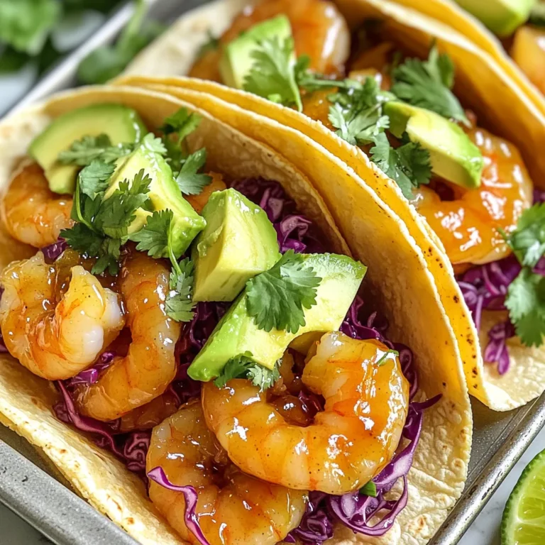 - 1 pound large shrimp, peeled and deveined - 2 tablespoons honey - 3 cloves garlic, minced - 2 tablespoons soy sauce - 1 tablespoon fresh lime juice The main ingredients for these tacos focus on fresh flavors. The shrimp provides a sweet and tender base. Honey adds a rich sweetness that balances well with garlic. Soy sauce gives a savory kick, while lime juice brings brightness to the dish. - 1 teaspoon ground cumin - 1 teaspoon smoked paprika - Salt and pepper, to taste - 1 tablespoon extra virgin olive oil Seasoning is key for flavor. Cumin adds warmth, while smoked paprika brings depth. A dash of salt and pepper enhances all the tastes. Olive oil helps the shrimp cook evenly and adds richness. - 8 small corn tortillas - 1 cup shredded red cabbage - 1 ripe avocado, sliced - Fresh cilantro, chopped - Lime wedges for serving When it comes to assembly, corn tortillas are perfect for wrapping. Shredded red cabbage gives a crisp texture. Ripe avocado adds creaminess, while cilantro brightens each bite. Lime wedges add a zesty finish, making the tacos refreshing and vibrant. 1. Preheat your oven to 400°F (200°C). This helps the shrimp cook evenly. 2. Line a baking sheet with parchment paper. This keeps the shrimp from sticking and makes cleanup easy. 3. In a medium bowl, mix together 2 tablespoons of honey, 3 minced garlic cloves, and 2 tablespoons of soy sauce. 4. Add 1 tablespoon of fresh lime juice, 1 teaspoon of ground cumin, and 1 teaspoon of smoked paprika. Season with salt and pepper. Whisk until well blended. 1. Place 1 pound of peeled and deveined shrimp into the bowl. Toss them in the marinade until they are well coated. 2. Spread the shrimp evenly on your prepared baking sheet. Make sure they are in a single layer. 3. Drizzle the shrimp lightly with 1 tablespoon of extra virgin olive oil. This adds flavor and prevents sticking. 1. Bake the shrimp for 8 to 10 minutes. They are done when they turn pink and opaque. Toss the shrimp halfway through cooking for even baking. 2. While the shrimp bake, warm 8 small corn tortillas in a dry skillet over medium heat. Heat each tortilla for about 30 seconds on each side. 3. To assemble your tacos, grab a warm tortilla. Place a few shrimp on top. Add shredded red cabbage and slices of ripe avocado. 4. Finish each taco with chopped fresh cilantro. Serve with lime wedges for a zesty kick. To know when shrimp is done, look for a pink color. The shrimp will also turn opaque. This change shows they are cooked through. Tossing shrimp halfway through baking helps them cook evenly. This step avoids overcooking on one side. If you need a gluten-free option, use tamari instead of soy sauce. This swap keeps the flavor while avoiding gluten. You can also change toppings based on your taste. Try adding fresh mango for sweetness or jalapeños for heat. Both will give your tacos a unique twist. For side dishes, rice or beans pair well with these tacos. They add heartiness and balance to your meal. You can also serve these tacos with salsas or sauces. A zesty salsa verde or creamy avocado sauce boosts flavor. These additions make the meal even more delicious. {{image_4}} You can switch up the seafood in these tacos. Try using scallops or firm fish like cod. They both cook well and taste great with the honey garlic sauce. If you want to change the tortillas, you can use flour or whole wheat. These options are soft and easy to fold. Want more heat? Add chili powder or cayenne to the marinade. This will spice things up and give your tacos a kick. You can also use fresh herbs. Try parsley or basil for a fresh twist. They add bright flavor and color to your dish. For a vegan option, replace shrimp with jackfruit or tofu. Both can soak up the marinade flavor and provide a hearty bite. If you're watching carbs, skip the tortillas. Instead, serve the shrimp over a salad or in a bowl with your favorite toppings. This keeps the meal light and fresh. To keep your shrimp fresh, place leftovers in an airtight container. This method keeps moisture in and prevents odor from spreading. You can store the shrimp and tacos in the fridge for about 3 days. After that, they may lose flavor and texture. For shrimp, the best way to reheat is on the stove. Heat a skillet over low heat and add a splash of water or oil. Cook the shrimp for 2 to 3 minutes until warm. For tortillas, warm them in a dry skillet. Heat each side for about 15 seconds. This keeps them soft and tasty. You can freeze cooked shrimp if you want to save them for later. Place the shrimp in a single layer on a baking sheet. Freeze for about an hour. Then, transfer them to a freezer bag. For tacos, it’s best to freeze the shrimp only. Assemble tacos fresh to enjoy the best taste. How do I know when shrimp is cooked? Shrimp cooks quickly. Look for a bright pink color. The shrimp should be opaque and firm. If they curl up tightly, they are likely done. Always check them closely to avoid overcooking. Can I make these tacos in advance? Yes, you can prep the shrimp and marinade ahead. Store them in the fridge until you are ready. Cook them right before serving for the best taste. You can also pre-chop toppings for easy assembly. What type of shrimp is best for tacos? I recommend large shrimp, peeled and deveined. They are easy to handle and cook quickly. You can use fresh or frozen shrimp. Both work well in this recipe. Can I use frozen shrimp, and how should I prepare them? Yes, frozen shrimp are great. Thaw them in the fridge overnight. You can also run them under cold water for a quick thaw. Pat them dry before marinating. This helps the marinade stick better. What else can I make with shrimp? Shrimp is very versatile. You can use it in stir-fries, pasta, or salads. Try shrimp tacos, shrimp fried rice, or shrimp skewers for a fun twist. Can I adapt this recipe for meal prep? Absolutely! Cook the shrimp and store them in meal prep containers. You can keep the toppings separate. This way, you can assemble fresh tacos each day. In this blog post, I shared a delicious shrimp taco recipe. You learned about the key ingredients and how to cook the shrimp perfectly. I also offered tips for variations, storage, and serving suggestions. Remember, you can customize these tacos to fit your tastes. Feel free to experiment with different seafood, toppings, or spices. Enjoy this simple, tasty meal with your family or friends. Cooking should always be fun and rewarding!