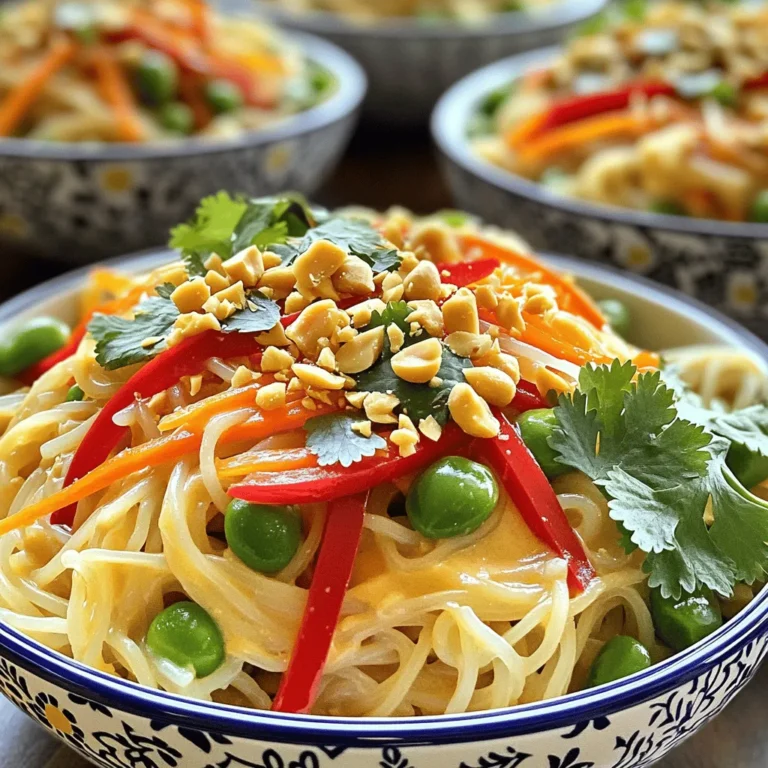 To make Minute Thai Peanut Noodles, you need a few simple ingredients. These items create a rich and flavorful dish that is quick to prepare. Here is what you will need: - 8 oz. rice noodles - 1/4 cup creamy peanut butter - 3 tablespoons soy sauce - 1 tablespoon fresh lime juice - 2 tablespoons honey or maple syrup - 1 tablespoon sriracha (or to taste for desired heat) - 1 clove garlic, minced - 1/4 cup warm water (adjust for consistency) - 1 red bell pepper, julienned - 1 carrot, shredded - 1 cup snap peas, trimmed - 1/4 cup green onions, chopped - Chopped peanuts and fresh cilantro for garnish Each ingredient adds a unique taste and texture. The rice noodles form the base of the dish. Creamy peanut butter gives the sauce its rich flavor. Soy sauce and lime juice add depth and balance. Honey or maple syrup sweetens the sauce just right. Sriracha brings the heat, while garlic adds a punch. The vegetables not only brighten the dish but also add crunch. Red bell pepper, carrot, and snap peas make it colorful and healthy. Finally, garnishing with chopped peanuts and cilantro gives it a fresh finish. Gather these ingredients to enjoy a delightful meal in minutes! To start, cook the rice noodles. Follow the package instructions for timing. Once they are soft, drain the noodles. Rinse them under cold water. This step keeps them from sticking together. Set the noodles aside while you make the sauce. Next, grab a medium bowl. In it, mix the creamy peanut butter, soy sauce, lime juice, honey, sriracha, and minced garlic. Stir these well until you see a smooth mix. If the sauce is too thick, add warm water. Adjust the water until you get your desired sauce thickness. Now, heat a non-stick skillet over medium heat. Add the red bell pepper, carrot, and snap peas. Sauté these veggies for about 2-3 minutes. You want them to be tender but still crisp. This way, they keep their bright colors and fresh flavors. Lower the heat. Add the cooked rice noodles to the skillet. Pour your peanut sauce over them. Gently toss all the ingredients together. Do this for about 2-3 minutes until everything is well-coated and heated through. Finally, remove the skillet from the heat. Add the chopped green onions for a burst of flavor. For serving, dish the noodles into bowls. Top each bowl with chopped peanuts and fresh cilantro. This adds crunch and a lovely aroma. Enjoy your meal! To make the best peanut sauce, think about thickness. If you want it thicker, use less water. If you prefer a thinner sauce, add more water. This way, you can control how it coats your noodles. If you don't have peanut butter, you can use almond butter or sunflower seed butter instead. These options still give a rich flavor. Cooking noodles can be tricky. To avoid sticky noodles, rinse them with cold water after cooking. This stops them from cooking more and helps keep them separate. For the best texture, cook them just until they are al dente. Check the package for cooking times, but usually, 4 to 5 minutes is enough. You can switch up the veggies in your dish. Try using broccoli, bell peppers, or zucchini for a twist. When sautéing, heat your skillet first, then add a little oil. This helps the veggies cook evenly and stay crisp. Stir them for just a few minutes until they are bright and tender. {{image_4}} You can easily change up your Minute Thai Peanut Noodles by adding protein. Here are a few great options: - Tofu: Firm tofu works best. Press it to remove extra moisture. Cut it into cubes and sauté until golden brown. - Chicken: Cook diced chicken in the skillet before adding veggies. This gives the dish a nice flavor. - Shrimp: Add shrimp to the skillet. Cook until they turn pink. Shrimp cooks fast, so keep an eye on them. You can make your noodles even tastier by adding new flavors: - Spices: Try adding ginger or crushed red pepper for a unique twist. A pinch of curry powder can also kick things up a notch. - Other Sauces: Swap out soy sauce for tamari if you prefer. You could even mix in some hoisin sauce for a sweet touch. - Heat Level: If you love spicy food, add more sriracha. Start with a little and taste as you go. This way, you can control the heat. This recipe is flexible for various diets. Here are some easy swaps: - Gluten-Free: Use gluten-free soy sauce or tamari. Check your rice noodles to ensure they are gluten-free. - Vegan Alternatives: Replace honey with maple syrup for a full vegan dish. Tofu works great as a protein option, keeping everything plant-based. To keep your Minute Thai Peanut Noodles fresh, follow these tips: - Cool Down: Let the noodles cool to room temperature before storing. - Airtight Containers: Use airtight containers to prevent moisture loss. - Separate Sauce: Store the peanut sauce separately if possible. This helps keep the noodles from getting soggy. - Label and Date: Always label your containers with the date. This helps you remember when you made them. When it's time to reheat your noodles, follow these methods to keep them tasty: - Stovetop Method: Heat a non-stick skillet over low heat. Add a splash of water or broth to keep the noodles moist. Stir gently until warmed through. - Microwave Method: Place noodles in a microwave-safe dish. Add a few drops of water and cover with a damp paper towel. Heat in 30-second intervals, stirring in between. - Moisture Tips: If your noodles seem dry, add a little more sauce or a splash of water as you reheat. This adds moisture back into the dish, keeping it delicious and enjoyable. It takes about 20 minutes to make these noodles. You’ll spend 10 minutes preparing the ingredients. Cooking the noodles and mixing everything takes another 10 minutes. This quick recipe is perfect for busy days. Yes, you can swap rice noodles for other noodles. Try soba, whole wheat, or even egg noodles. Just keep an eye on cooking times, as they can vary. Each noodle type brings its own flavor and texture. Absolutely! You can make these noodles ahead of time. Cook the noodles and veggies, then store each in separate containers. They stay fresh for up to four days in the fridge. Just reheat and add the sauce when you’re ready to eat. These noodles pair well with many sides. Consider serving them with a fresh salad or spring rolls. Grilled chicken or shrimp also complements the dish nicely. Don’t forget to add some extra lime wedges for a zesty kick! You learned how to make delicious Minute Thai Peanut Noodles using simple ingredients. We covered the key steps, from cooking the rice noodles to creating the perfect peanut sauce. I also shared tips for using different proteins and vegetables to switch things up. Remember, storing leftovers properly helps maintain their taste. Enjoy your cooking journey, and don’t hesitate to experiment with flavors and textures. You'll make these noodles a family favorite in no time!