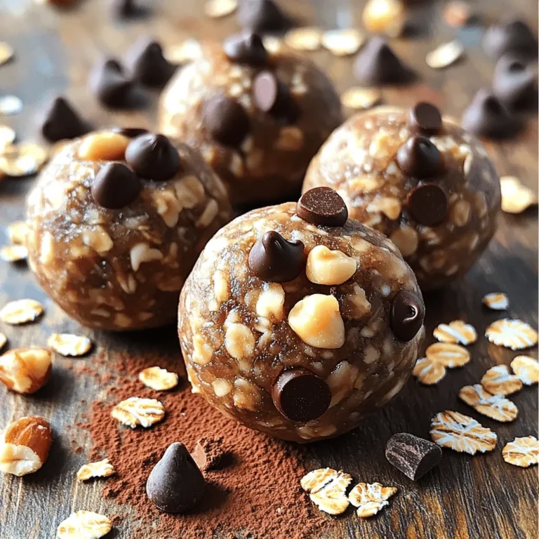 - 1 cup rolled oats - 1/2 cup nut butter (almond or peanut) - 1/4 cup honey or maple syrup - 1/4 cup unsweetened cocoa powder - 1 tablespoon instant coffee granules - 1/4 cup mini chocolate chips - 1/4 cup chopped nuts (walnuts or pecans) - 1/2 teaspoon vanilla extract - A pinch of salt The ingredients for Mocha Oatmeal Energy Balls are simple and clean. Rolled oats are the base. They give energy and fiber. Nut butter adds healthy fats and protein. You can use almond or peanut butter. For sweetness, honey or maple syrup work well. Unsweetened cocoa powder gives that rich chocolate taste. Instant coffee granules add a nice coffee kick to the mix. Mini chocolate chips give a sweet burst in every bite. Chopped nuts add crunch and flavor. Walnuts or pecans are great choices. A little vanilla extract enhances the taste. Finally, a pinch of salt balances everything out. These ingredients come together to create a snack that is not only tasty but also nutritious. Each serving has about 150 calories. You get about 4 grams of protein, 18 grams of carbs, and 7 grams of fat. The oats offer fiber, which helps digestion. Nuts add healthy fats and protein. This snack gives you energy for your day. It’s great before a workout or as a quick pick-me-up. To start, gather your items. In a large mixing bowl, combine the rolled oats, cocoa powder, instant coffee granules, and a pinch of salt. I like to mix these well. This helps all the dry ingredients blend evenly. Good mixing ensures each bite has the same rich flavor. You’ll appreciate this step when you taste the final product! Next, grab another bowl. Here, blend your nut butter with honey or maple syrup and vanilla extract. Mix until the mixture is smooth. This step is key! A smooth blend helps the energy balls hold together. If it’s too thick, you can add a little water. Just a splash will do. Now, it’s time to combine the wet and dry ingredients. Pour the smooth nut butter mix into the bowl with the dry mix. Fold in the mini chocolate chips and chopped nuts. Make sure everything is well mixed. The mixture should be sticky and hold together. Using your hands, take portions of the mixture and roll them into small balls, about one inch in size. Place each ball on a baking sheet lined with parchment paper. Once all the mixture is shaped, chill the baking sheet in the fridge for at least 30 minutes. This helps the energy balls firm up nicely. After chilling, they are ready to enjoy! You can easily change the taste of your Mocha Oatmeal Energy Balls. Here are a couple of fun ways: - Add spices: Sprinkle in some cinnamon or nutmeg for warmth. These spices add a nice twist. - Try different nut butters: Switch almond for peanut butter or even sunflower seed butter. Each choice adds its unique flavor. Making these energy balls is simple, but some errors can happen. Here’s what to watch for: - Overmixing or under-mixing: Mix just enough so everything sticks together. Overmixing can make the texture tough. - Incorrect chilling time: Chill the balls for at least 30 minutes. Not chilling long enough can lead to a gooey mess. Enjoy your energy balls in different ways to make them even more fun. Here are some ideas: - Pair with drinks: These balls go great with coffee or milk. They make a perfect snack any time. - Presentation tips: For gatherings, arrange the energy balls on a wooden platter. Dust with cocoa powder or add whole coffee beans for a nice touch. By following these tips, you can elevate your Mocha Oatmeal Energy Balls and impress your friends! {{image_4}} You can switch up the sweetener in these energy balls. If you don’t want honey or maple syrup, try agave syrup. It has a nice, mild taste. Date paste is another option. It adds a rich, caramel flavor. You can make date paste by blending pitted dates with water until smooth. These sweeteners keep the energy balls tasty while adding unique flavors. Want to make your Mocha Oatmeal Energy Balls vegan? Use maple syrup instead of honey. You can also pick a nut butter that is vegan-friendly. To make them gluten-free, just ensure your oats are certified gluten-free. This way, everyone can enjoy these snacks without worry. Feel free to get creative with flavors! Adding dried fruits like cranberries or raisins can bring a chewy texture. You can also mix in seeds like chia or flaxseeds for extra crunch. These additions not only change the flavor but also boost the nutritional value. Don’t be afraid to play around and find your favorite mix! To keep your Mocha Oatmeal Energy Balls fresh, use airtight containers. An airtight container stops air from getting in. This keeps the energy balls moist and tasty. Store them in a cool, dry spot like your pantry or the fridge. The fridge is best for keeping them fresh longer. In the refrigerator, these energy balls last up to one week. If you freeze them, they can last for up to one month. To check if they're still good, look for changes in smell or texture. If they smell off or feel dry, it's time to toss them. You don't need to reheat these energy balls. They taste great cold or at room temperature. For a fun twist, pair them with your favorite coffee or milk. Enjoy them as a quick snack or a post-workout boost. They are perfect for sharing, too! Mocha Oatmeal Energy Balls last about one week in the fridge. Store them in an airtight container. If you want them to last longer, freeze them. They can stay fresh for up to one month in the freezer. Just make sure to wrap them well to avoid freezer burn. Yes, you can. Almond butter and peanut butter work well. If you want a different flavor, try cashew butter. Each nut butter gives a unique taste and texture. Almond butter adds a smooth and creamy feel, while peanut butter gives a rich, nutty flavor. Absolutely! You can use sun butter or soy nut butter. These options work great for a nut-free diet. They keep the energy balls creamy and tasty. You can also use tahini, which is made from sesame seeds. It gives a nice flavor and works well in this recipe. These Mocha Oatmeal Energy Balls are easy to make and delicious. You learned about the simple ingredients, from oats to nuts, including their health benefits. I shared step-by-step instructions to mix and shape them. You also found ways to customize flavors and avoid mistakes. Finally, I explained storage tips for keeping them fresh. Try making these energy balls to boost your energy and satisfy your cravings!