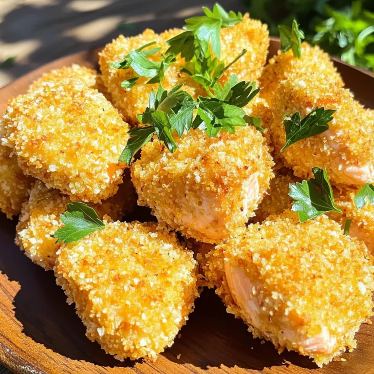Here are the ingredients you'll need for Air Fryer Parmesan Salmon Nuggets. They are simple yet flavorful. - 1 pound fresh salmon fillet, skin removed and cut into bite-sized cubes - 1/2 cup freshly grated Parmesan cheese - 1/2 cup panko breadcrumbs - 1 tablespoon garlic powder - 1 teaspoon smoked paprika - Salt and pepper to taste - 1 large egg, beaten - Fresh parsley for garnish Each ingredient plays a key role. The salmon gives protein and flavor. The Parmesan adds a rich, cheesy taste. Panko breadcrumbs create that perfect crunch. Garlic powder and smoked paprika bring depth and warmth. Salt and pepper enhance every bite. The egg helps the crumbs stick, making each nugget crispy. Finally, parsley adds a fresh touch. You can easily find these ingredients at your local grocery store. Selecting fresh salmon is important for the best taste. Look for vibrant color and firm texture. Freshly grated Parmesan gives a stronger flavor than pre-grated cheese. Enjoy making these nuggets with these fresh and tasty ingredients! - Cutting the salmon fillets: First, take your fresh salmon fillet. Remove the skin if it’s still there. Cut the salmon into bite-sized cubes. Aim for even pieces so they cook well. - Mixing the breading ingredients: In a large bowl, combine 1/2 cup of freshly grated Parmesan cheese, 1/2 cup of panko breadcrumbs, 1 tablespoon of garlic powder, and 1 teaspoon of smoked paprika. Add a pinch of salt and black pepper. Stir until everything blends well. This mix will give your nuggets a tasty crust. - Dipping the salmon in egg: In another bowl, beat 1 large egg. Take each salmon cube and dip it into the beaten egg. Make sure all sides are covered. This helps the breadcrumbs stick better. - Rolling in breadcrumb mixture: After dipping in the egg, roll the salmon cube in the breadcrumb mix. Press gently to coat well. Ensure each nugget has a thick layer of crumbs. This adds to the crunch when cooked. - Preheating the air fryer: Preheat your air fryer to 400°F (200°C) for about 5 minutes. A hot air fryer helps the nuggets get crispy. - Cooking time and flipping guidelines: Place the coated salmon nuggets in a single layer in the air fryer basket. Don’t crowd them. Lightly spray or brush them with olive oil. Cook for 8-10 minutes. Flip the nuggets halfway through cooking for even browning. They should be golden brown and reach 145°F (63°C) inside when done. Preheating your air fryer is key. This step gets the fryer hot, which helps your salmon nuggets cook evenly. I like to preheat mine to 400°F (200°C) for about five minutes. This small step makes a big difference in texture. Next, use olive oil. After you coat your salmon, lightly spritz or brush each nugget with olive oil. This helps them turn crispy and golden as they cook. It’s an easy trick that really enhances the flavor and crunch. To store leftover salmon nuggets, let them cool completely. Then, place them in an airtight container. They will stay fresh for about two days in the fridge. If you want to keep them longer, consider freezing them. Just make sure to wrap them tightly in plastic wrap before putting them in a freezer bag. When it’s time to reheat, use your air fryer again. Set it to 350°F (175°C) and cook for about 5-7 minutes. This will help restore the crispiness. You can also use a regular oven, but the air fryer makes it easier to get that perfect crunch again. {{image_4}} You can switch up the cheese if you want. For a milder taste, try mozzarella or cheddar. Both melt nicely and add flavor. If you want something bolder, go for aged Gouda or feta. Breadcrumbs are also flexible. Panko gives great crunch, but regular breadcrumbs work too. You can even use crushed crackers for a different texture. To boost flavor, add herbs like dill or thyme. They pair well with salmon and bring freshness. You can also sprinkle in some cayenne for heat or add onion powder for depth. Citrus can elevate your dish, too. A squeeze of lemon juice brightens the flavor. Orange zest can add a unique twist and sweetness. Experiment with these to find your favorite! To make your Air Fryer Parmesan Salmon Nuggets shine, arrange them neatly on a large platter. Add fresh lemon wedges on the side; they brighten the dish and offer a zesty kick. For an extra touch, sprinkle finely chopped parsley over the nuggets. This adds color and freshness to your meal. Serve with a dipping sauce, like homemade tartar sauce or a zesty aioli. These sauces enhance the flavor and make eating fun. When it comes to drinks, a chilled white wine works best. Try a Sauvignon Blanc or a light Pinot Grigio. They pair well with the richness of the salmon. For a non-alcoholic option, a sparkling water with lime fits nicely. For side dishes, consider a simple salad with arugula and cherry tomatoes. The peppery greens balance the salmon's flavor. Roasted vegetables or a creamy risotto also complement the dish well. These sides round out your meal and make it more satisfying. You cook salmon nuggets for 8 to 10 minutes in the air fryer. Set the temperature to 400°F (200°C). Flip them halfway through. This helps them cook evenly and become golden brown. Use a meat thermometer to check for doneness. The internal temperature should reach 145°F (63°C). This ensures the salmon is safe to eat and tastes great. Yes, you can use frozen salmon, but it's best to thaw it first. Thaw the salmon in the fridge overnight or under cold running water. Once thawed, remove the skin and cut it into cubes. Frozen salmon may not coat as well in the breading, so be gentle when handling it. Proper thawing will help keep your nuggets tasty and juicy. Several dips pair nicely with salmon nuggets. Here are a few tasty options: - Tartar sauce: A classic choice that adds creaminess. - Zesty aioli: A garlicky dip that brings a fresh flavor. - Honey mustard: Sweet and tangy, it adds a fun twist. - Spicy sriracha mayo: For those who like some heat. These dips enhance the flavor of the nuggets, making your meal even more enjoyable. You learned how to make tasty salmon nuggets with an air fryer. We covered each step, from picking fresh salmon to cooking and serving. Don't forget to add your favorite spices for extra flavor. Try out different cheese and breadcrumb choices to make it yours. Store any leftovers correctly for later. With these tips, your salmon nuggets will be a hit every time. Enjoy your delicious creation with fun sides or dips!