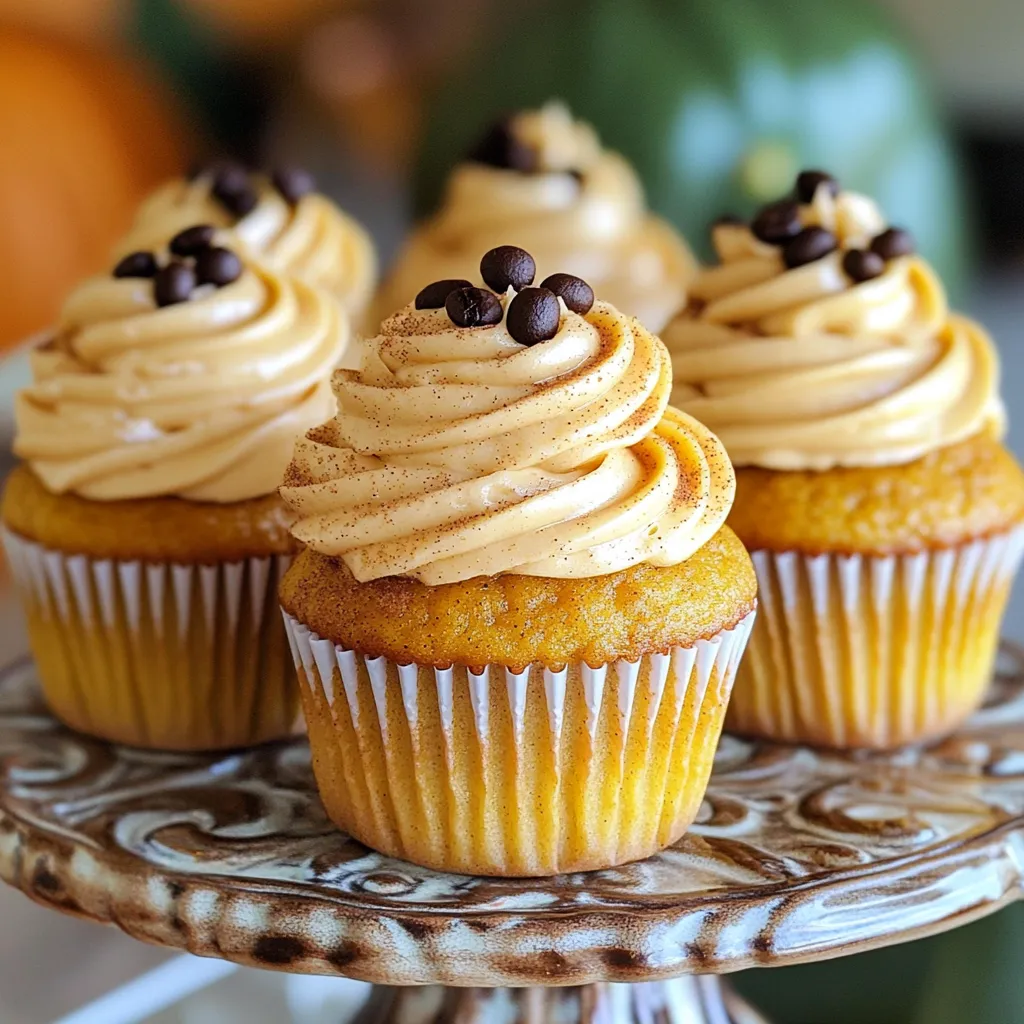 - 1 cup all-purpose flour - 1 teaspoon baking powder - 1/2 teaspoon baking soda - 1/2 teaspoon salt - 1 teaspoon ground cinnamon - 1/2 teaspoon ground nutmeg - 1/4 teaspoon ground ginger - 1/4 teaspoon ground cloves - 1/2 cup unsalted butter, softened to room temperature - 1 cup granulated sugar - 2 large eggs - 1/2 cup pumpkin puree - 1/2 cup brewed coffee, cooled to room temperature - 1 teaspoon vanilla extract - 1/2 cup unsalted butter, softened to room temperature - 2 cups powdered sugar - 1/4 cup pumpkin puree - 1 teaspoon vanilla extract - 1 teaspoon ground cinnamon When you gather these ingredients, make sure they are fresh. Using high-quality pumpkin puree makes a big difference. The spices bring warmth and depth to your cupcakes. If you can, grind whole spices for better flavor. Each ingredient plays a role in creating the perfect balance. The butter must be softened for easy mixing. This allows for a light and fluffy batter. Using cooled coffee adds a rich taste that complements the pumpkin. The frosting ingredients also need to be precise for the best results. Make sure to have everything ready before you start baking. First, turn on your oven and set it to 350°F (175°C). This helps the cupcakes bake evenly. Grab your cupcake tin and line it with paper liners. This makes it easy to take the cupcakes out once they are baked. In a medium bowl, whisk together the dry ingredients. Combine 1 cup of all-purpose flour, 1 teaspoon of baking powder, 1/2 teaspoon of baking soda, and 1/2 teaspoon of salt. Next, add 1 teaspoon of ground cinnamon, 1/2 teaspoon of ground nutmeg, 1/4 teaspoon of ground ginger, and 1/4 teaspoon of ground cloves. Mix well and set this bowl aside. Now, take a large mixing bowl. Use a hand mixer or stand mixer to beat 1/2 cup of softened unsalted butter and 1 cup of granulated sugar together. Mix until the mixture is light and fluffy. This should take about 3 to 4 minutes. Next, add 2 large eggs to the butter and sugar. Do this one at a time. Mix well after adding each egg. Then, stir in 1/2 cup of pumpkin puree, 1/2 cup of cooled brewed coffee, and 1 teaspoon of vanilla extract. Make sure everything is blended together smoothly. Gradually add the bowl of dry ingredients to the wet mixture. Use a spatula or wooden spoon to stir gently. Mix just until everything is combined. Be careful not to overmix, or the cupcakes may not be fluffy. Now it's time to fill the cupcake liners. Divide the batter evenly among them, filling each about two-thirds full. This gives them room to rise while baking. Place the cupcake tin in the oven and bake for 18 to 20 minutes. Check if they are done by inserting a toothpick into the center. If it comes out clean, they are ready! Let them cool in the pan for 5 minutes before moving to a wire rack. While the cupcakes cool, let’s prepare the frosting. In a mixing bowl, beat 1/2 cup of softened unsalted butter until creamy. Gradually add 2 cups of powdered sugar, mixing well until combined. To the frosting, add 1/4 cup of pumpkin puree, 1 teaspoon of vanilla extract, and 1 teaspoon of ground cinnamon. Beat on medium speed until the frosting is fluffy and easy to spread. Once the cupcakes are completely cool, use a piping bag or spatula to frost each cupcake. Make sure to create a nice swirl or smooth finish on top. To make the best pumpkin spice latte cupcakes, follow these tips: - Use room temperature ingredients: This helps the batter mix well. - Do not overmix: Mix until just combined. This keeps the cupcakes light and fluffy. - Fill liners correctly: Fill each liner about two-thirds full. This allows space for rising. - Check for doneness: Use a toothpick. If it comes out clean, your cupcakes are ready. Frosting is key for flavor and looks. Here are some tips: - Cool completely: Ensure cupcakes are cool before frosting. This prevents melting. - Use a piping bag: This makes it easy to create beautiful swirls. - Add spices to frosting: Mix in a bit of cinnamon for extra flavor. - Experiment with textures: You can spread it smooth or create peaks for fun. A good presentation makes cupcakes even more tempting. Try these ideas: - Use decorative stands: Display your cupcakes on a pretty cupcake stand. - Sprinkle toppings: Add a dash of cinnamon or place coffee beans on top. - Serve with coffee: Pair these cupcakes with a warm cup of coffee for a treat. - Create a theme: Use fall-themed plates or napkins to enhance the vibe. {{image_4}} You can easily make gluten-free cupcakes. Use a gluten-free flour blend instead of all-purpose flour. Look for blends that have xanthan gum added. This will help your cupcakes rise and stay soft. Always check the blend’s packaging. Many brands work well for baking. For a dairy-free version, swap out the butter for coconut oil or a dairy-free butter substitute. Use almond milk or oat milk instead of regular milk in the frosting. This way, you still get a rich flavor without dairy. Your guests won’t even notice the difference! You can change the frosting to mix things up. A cream cheese frosting adds a tangy twist. Just blend cream cheese with powdered sugar and vanilla. If you love chocolate, try chocolate ganache. Melt chocolate with heavy cream, then let it cool before frosting. Both options will give your cupcakes a new flair! To store unfrosted pumpkin spice latte cupcakes, let them cool fully. Place them in an airtight container. Keep them at room temperature for up to three days. If you need to store them longer, refrigerate for up to a week. Make sure to wrap them well to avoid drying out. After frosting your cupcakes, keep them in an airtight container. Store them in the fridge for up to five days. The frosting stays fresh and creamy this way. If you want to enjoy them at room temperature, let them sit out for about 30 minutes before serving. Freezing cupcakes is easy! First, let them cool completely. Wrap each cupcake tightly in plastic wrap. Place them in a freezer-safe container. They can stay frozen for up to three months. To enjoy, thaw them in the fridge overnight. Frost them after thawing for the best taste! Pumpkin spice latte cupcakes last about 3 to 5 days. Store them in an airtight container. This keeps them fresh and moist. Yes, you can use applesauce or mashed bananas. These options add moisture and sweetness. However, the flavor will change slightly. Brewed coffee works best. Use a medium roast for a balanced flavor. You can also use espresso for a stronger taste. Absolutely! You can bake them a day ahead. Just store them in an airtight container. Frost them on the day you serve. Serve them on a pretty plate or a cupcake stand. Add a sprinkle of cinnamon on top for flair. Pair with a warm drink for a cozy touch. You learned how to bake tasty pumpkin spice latte cupcakes. We covered all the key ingredients, both dry and wet, along with frosting options. The step-by-step instructions make it easy to follow. With tips for perfecting your cupcakes and fun variations to try, you can impress your friends. Just remember to store them right for freshness. Enjoy baking and sharing these delicious treats!