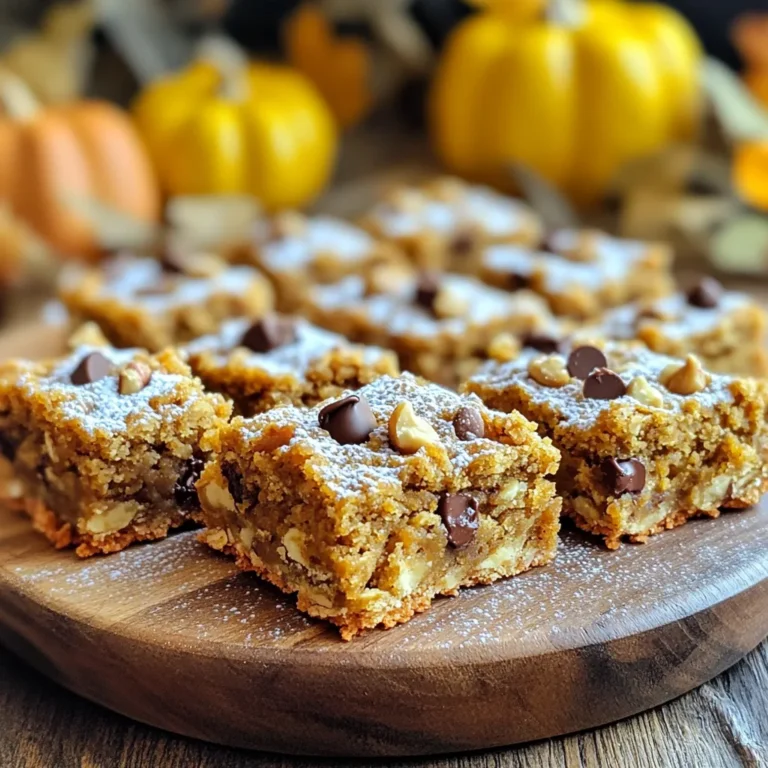 - 1 cup rolled oats - 1 cup all-purpose flour - ½ teaspoon baking soda - ½ teaspoon baking powder - ½ teaspoon salt - 2 teaspoons pumpkin pie spice - ½ cup unsalted butter, softened - ½ cup packed brown sugar - ½ cup granulated sugar - 1 large egg - 1 teaspoon vanilla extract - 1 cup canned pumpkin puree These ingredients create a base for soft, chewy cookie bars. The rolled oats give texture, while the flour provides structure. Pumpkin puree adds moisture and flavor. Brown sugar and granulated sugar blend sweetness with a hint of caramel. - ½ cup chopped walnuts or pecans - ½ cup chocolate chips Adding walnuts or pecans gives a nice crunch. Chocolate chips bring extra sweetness. You can mix and match these options to suit your taste. - Mixing bowls - Electric mixer - Baking pan (9x13 inch) - Whisk and spatula Having the right tools helps ensure your baking goes smoothly. The electric mixer makes creaming butter easy. A 9x13 inch pan is perfect for even baking. Use the whisk to blend dry ingredients well. A spatula helps you mix and spread the dough evenly. Start by preheating your oven to 350°F (175°C). This temperature works great for baking cookie bars. Next, prepare a 9x13 inch baking pan. You can grease it lightly with butter or line it with parchment paper. Lining makes it easy to lift out the bars later. In a large bowl, mix together the rolled oats, all-purpose flour, baking soda, baking powder, salt, and pumpkin pie spice. Use a whisk to blend these dry ingredients well. This ensures that your spices are evenly distributed throughout the mix. In a separate bowl, cream ½ cup of softened butter with ½ cup of brown sugar and ½ cup of granulated sugar. An electric mixer on medium speed works best for this. Mix until the mixture becomes light and fluffy. This step is key for making your cookie bars soft and chewy. Add one large egg and one teaspoon of vanilla extract to your butter and sugar mix. Stir until everything is nicely blended. Next, gently fold in 1 cup of pumpkin puree. This gives the bars their rich flavor and moist texture. Now, gradually add the dry ingredients to the wet mixture. Stir gently until just combined. Avoid overmixing. This can make your cookie bars tough, which we definitely don’t want! Pour the cookie dough into your prepared pan. Use a spatula to spread the dough evenly. Make sure to smooth the top for even baking. Bake in your preheated oven for 25-30 minutes. The edges should turn golden brown, and a toothpick inserted in the center should come out clean. Once done, let them cool for about 10 minutes before transferring them to a wire rack. After they cool completely, cut them into squares or bars and enjoy! To make your pumpkin spice oatmeal cookie bars even better, consider adding some nuts or chocolate chips. Chopped walnuts or pecans give a nice crunch. If you want a sweeter touch, chocolate chips are a great choice. You can also swap regular flour for almond or oat flour for a gluten-free option. For a dairy-free version, use coconut oil instead of butter and almond milk for moisture. Presentation matters! Dust the tops with powdered sugar for a lovely finish. You can drizzle caramel sauce on top for extra flavor. Serve these bars on a wooden platter to make them look rustic and inviting. Pair them with a warm drink like spiced chai or pumpkin spice latte for a cozy experience. Sometimes bars can be too dry or too moist. If they are dry, try adding a splash of milk or more pumpkin puree next time. For bars that are too moist, bake them a bit longer. Keep an eye on them in the oven. They are done when the edges are golden brown, and a toothpick comes out clean. Make sure to set a timer to avoid overbaking! {{image_4}} You can change the spices to fit your taste. If you like it sweeter, add more pumpkin pie spice. If you want a kick, try adding some cinnamon or nutmeg. Dried fruits like cranberries or raisins can add a nice chewiness. You can also add citrus zest for a bright, fresh flavor. For a vegan version, replace the egg with a flaxseed meal. Use a plant-based butter in place of regular butter. You can also opt for applesauce or mashed banana as substitutes. To make these bars gluten-free, swap all-purpose flour with almond flour or oat flour. Just ensure the oats are certified gluten-free. You can use other fall spices to enhance the flavor. Consider adding ginger or allspice for a warm touch. For the holidays, decorate the bars with icing or edible glitter. Adding nuts on top can give it a festive look too. A sprinkle of cinnamon sugar can also make these bars feel extra special. To keep your pumpkin spice oatmeal cookie bars fresh, choose the right container. I recommend using an airtight container. This will help keep moisture in and prevent them from drying out. You can also use plastic wrap for quick storage. If you stack the bars, place parchment paper between layers to avoid sticking. To keep them fresh longer, store the bars at room temperature. Avoid sunlight and heat sources. A cool, dark spot works best. If you plan to eat them within a week, this method is perfect. If you want to save some for later, freezing is easy! First, let the cookie bars cool completely. Then, cut them into squares. Wrap each square in plastic wrap. This helps prevent freezer burn. After wrapping, place them in a freezer bag or container. Label the bag with the date. To thaw, simply take out a bar and let it sit at room temperature. If you're in a hurry, you can microwave it for a few seconds. This method keeps the taste and texture great. These cookie bars last about a week at room temperature. If you keep them in an airtight container, they will stay fresh longer. In the fridge, they can last up to two weeks. If you want to enjoy them for a month, freezing is the way to go. Always check for any signs of spoilage before eating. Enjoy your delicious treats! To check if your cookie bars are done, look for golden edges. The center should not jiggle. Insert a toothpick into the center. If it comes out clean, your bars are ready. This simple test ensures a perfect bake every time. Yes, you can substitute several ingredients. For flour, you can use whole wheat or almond flour. Replace the butter with coconut oil for a dairy-free option. You can skip the nuts if you prefer a nut-free version. Each swap might change the flavor and texture a bit. These cookie bars go great with many drinks. Try serving them with warm apple cider or a hot cup of tea. Coffee also makes a wonderful match. For snacks, consider a scoop of vanilla ice cream or a dollop of whipped cream on top. Absolutely! You can prepare the dough a day in advance. Just store it in the fridge. Once baked, the bars last well in an airtight container. They stay fresh for up to a week at room temperature. Enjoy them whenever! In summary, making pumpkin spice oatmeal cookie bars is both fun and tasty. We covered key ingredients, step-by-step instructions, and tips for perfection. You can play with flavors and adapt recipes for dietary needs. Don't forget to store them right for lasting freshness. Experiment with ideas from this post to create your perfect treat. Enjoy sharing and savoring these cookies with friends and family. Happy baking!