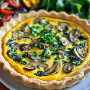To make a tasty spinach mushroom cheddar quiche, you need: - 1 pre-made pie crust (or homemade, if preferred) - 2 tablespoons extra virgin olive oil - 8 ounces fresh mushrooms, thinly sliced - 2 cups fresh spinach, coarsely chopped - 1 small onion, finely chopped - 3 large eggs - 1 cup heavy cream - 1 cup sharp cheddar cheese, shredded - Salt and freshly ground black pepper, to taste - 1/4 teaspoon ground nutmeg (optional) These items create a rich and creamy quiche. The fresh mushrooms and spinach add a nice touch, while cheddar cheese gives it a sharp flavor. You can enhance the quiche with: - Garlic (minced) - Fresh herbs (like thyme or parsley) - Red pepper flakes (for some heat) These extras boost the flavor profile. They add depth and excitement to each bite. If you lack some ingredients, try these swaps: - Use a whole wheat crust instead of a regular one. - Swap heavy cream for half-and-half or milk for a lighter version. - Change cheddar cheese to feta or Gruyère for a twist. These substitutions make the dish your own while keeping it delicious. This flexibility allows you to work with what you have at home. Start by preheating your oven to 375°F (190°C). This step is key for a perfectly baked quiche. While the oven heats, take your pie crust. If you use a pre-made crust, fit it into a 9-inch pie dish. Press it firmly against the sides and bottom. Lay it aside so it is ready for the filling. Next, let’s sauté the veggies! Grab a large skillet and warm 2 tablespoons of extra virgin olive oil over medium heat. Add the finely chopped onion first. Stir it for about 3-5 minutes until soft and clear. This adds a sweet base flavor. Then, toss in 8 ounces of thinly sliced mushrooms. Cook them for 5-7 minutes until they turn tender and golden. Stir often to release their moisture. Lastly, add 2 cups of coarsely chopped spinach. Cook until it wilts, about 2 minutes. Season the mix with salt, pepper, and a pinch of nutmeg if you like warmth. Remove the pan from heat and let it cool slightly. In a large bowl, crack 3 large eggs. Whisk them well with 1 cup of heavy cream. You want a smooth mix. Once it’s blended, gently fold in 1 cup of shredded sharp cheddar cheese. The cheese will melt beautifully in the oven, adding flavor. Now it’s time to bring everything together. Carefully add the cooled sautéed vegetables into the egg and cream mix. Stir gently to combine. Pour this filling into your prepared pie crust, spreading it evenly with a spatula. Place the quiche in the preheated oven and bake for 35-40 minutes. It’s done when the center is set and the top is golden-brown. Once baked, let it cool for 10 minutes before slicing. Enjoy your savory and nourishing Spinach Mushroom Cheddar Quiche! To make a great quiche, focus on the balance of flavors and textures. Here are my top tips: - Use fresh ingredients. Fresh spinach and mushrooms add taste. - Whisk eggs and cream well. This creates a smooth mix. - Bake until the center is just set. It will firm up as it cools. A soggy crust can ruin your quiche. Here’s how to keep it crisp: - Pre-bake the crust. This helps it firm up before adding filling. - Use a mix of eggs and cream. The right ratio will help set the filling. - Avoid overcooking the filling. This keeps moisture in check. Serving your quiche right can enhance the meal. Here are some ideas: - Serve warm with fresh herbs on top, like parsley. - Pair it with a light salad. A vinaigrette will balance the richness. - Add a side of fruit for a sweet touch. This adds freshness to the plate. {{image_4}} You can create fun veggie twists for your quiche. Try adding bell peppers, zucchini, or leeks. Each one brings its own flavor. You can also mix in fresh herbs such as basil or thyme. These herbs add a nice aroma and taste. Plus, you can use different types of cheese. Feta or goat cheese can give a tangy kick. If you want to boost flavor, bacon or ham is a great choice. Cook the bacon until crispy, then chop it. Mix it into the veggie filling before adding it to the eggs. Ham can also work well. Dice it and add it in the same way. Both options make the quiche heartier and richer. For a dairy-free quiche, swap heavy cream for plant-based milk, like almond or oat milk. Silken tofu can replace eggs for a creamy texture. For gluten-free options, use a gluten-free pie crust. You can also make a crustless quiche. Just pour the filling directly into a greased pie dish. This way, it’s easier and still tastes great. After enjoying your quiche, store any leftovers in the fridge. Use an airtight container to keep it fresh. You can also cover the pie dish with plastic wrap. Quiche stays good in the fridge for up to three days. To reheat the quiche, set your oven to 350°F (175°C). Place the quiche on a baking sheet and warm it for about 15-20 minutes. This method keeps the crust crispy. You can also microwave slices, but they may get soggy. Heat each slice for about 1-2 minutes, checking often. If you want to save some quiche for later, freezing works great. First, let the quiche cool completely. Wrap it tightly in plastic wrap, then in aluminum foil. This helps prevent freezer burn. It can last up to three months in the freezer. To reheat, thaw it in the fridge overnight before warming it in the oven. Enjoy the same great taste! To make your quiche fluffier, focus on using fresh eggs. Whisk them well with cream to add air. You can also add a bit of baking powder. This tiny bit will help the filling rise. Be sure not to overmix once you add the filling to the crust. This keeps the texture light and airy. Yes, you can use frozen spinach. Just make sure to thaw and drain it well. Frozen spinach often has extra moisture. This can make your quiche soggy. Squeeze out the moisture with a clean towel before mixing. This method keeps your quiche from getting too wet. Many cheeses pair well with spinach and mushrooms. You can try mozzarella for a gooey texture. Feta adds a tangy flavor that complements the veggies. Goat cheese offers a creamy taste and rich texture. Experimenting with these cheeses can turn your quiche into a new favorite. This blog post guided you through making a delicious Spinach Mushroom Cheddar Quiche. We covered essential and optional ingredients, easy steps, and tips for the best results. You learned about fun variations, storage methods, and answers to common questions. Now, you can confidently create this quiche or customize it to fit your taste. Enjoy the process and make it your own. This dish is sure to impress friends and family alike. Happy cooking!