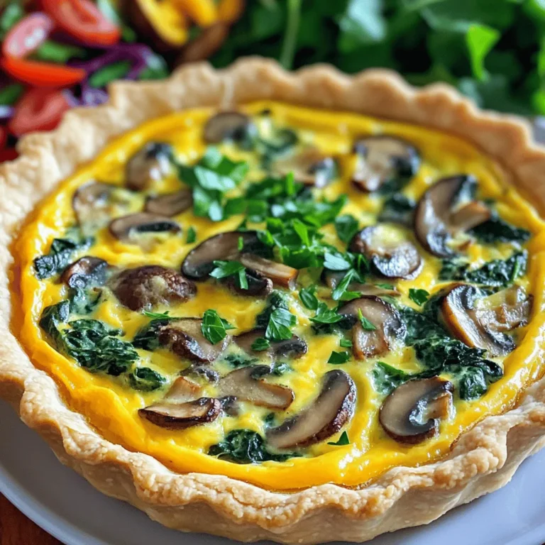 To make a tasty spinach mushroom cheddar quiche, you need: - 1 pre-made pie crust (or homemade, if preferred) - 2 tablespoons extra virgin olive oil - 8 ounces fresh mushrooms, thinly sliced - 2 cups fresh spinach, coarsely chopped - 1 small onion, finely chopped - 3 large eggs - 1 cup heavy cream - 1 cup sharp cheddar cheese, shredded - Salt and freshly ground black pepper, to taste - 1/4 teaspoon ground nutmeg (optional) These items create a rich and creamy quiche. The fresh mushrooms and spinach add a nice touch, while cheddar cheese gives it a sharp flavor. You can enhance the quiche with: - Garlic (minced) - Fresh herbs (like thyme or parsley) - Red pepper flakes (for some heat) These extras boost the flavor profile. They add depth and excitement to each bite. If you lack some ingredients, try these swaps: - Use a whole wheat crust instead of a regular one. - Swap heavy cream for half-and-half or milk for a lighter version. - Change cheddar cheese to feta or Gruyère for a twist. These substitutions make the dish your own while keeping it delicious. This flexibility allows you to work with what you have at home. Start by preheating your oven to 375°F (190°C). This step is key for a perfectly baked quiche. While the oven heats, take your pie crust. If you use a pre-made crust, fit it into a 9-inch pie dish. Press it firmly against the sides and bottom. Lay it aside so it is ready for the filling. Next, let’s sauté the veggies! Grab a large skillet and warm 2 tablespoons of extra virgin olive oil over medium heat. Add the finely chopped onion first. Stir it for about 3-5 minutes until soft and clear. This adds a sweet base flavor. Then, toss in 8 ounces of thinly sliced mushrooms. Cook them for 5-7 minutes until they turn tender and golden. Stir often to release their moisture. Lastly, add 2 cups of coarsely chopped spinach. Cook until it wilts, about 2 minutes. Season the mix with salt, pepper, and a pinch of nutmeg if you like warmth. Remove the pan from heat and let it cool slightly. In a large bowl, crack 3 large eggs. Whisk them well with 1 cup of heavy cream. You want a smooth mix. Once it’s blended, gently fold in 1 cup of shredded sharp cheddar cheese. The cheese will melt beautifully in the oven, adding flavor. Now it’s time to bring everything together. Carefully add the cooled sautéed vegetables into the egg and cream mix. Stir gently to combine. Pour this filling into your prepared pie crust, spreading it evenly with a spatula. Place the quiche in the preheated oven and bake for 35-40 minutes. It’s done when the center is set and the top is golden-brown. Once baked, let it cool for 10 minutes before slicing. Enjoy your savory and nourishing Spinach Mushroom Cheddar Quiche! To make a great quiche, focus on the balance of flavors and textures. Here are my top tips: - Use fresh ingredients. Fresh spinach and mushrooms add taste. - Whisk eggs and cream well. This creates a smooth mix. - Bake until the center is just set. It will firm up as it cools. A soggy crust can ruin your quiche. Here’s how to keep it crisp: - Pre-bake the crust. This helps it firm up before adding filling. - Use a mix of eggs and cream. The right ratio will help set the filling. - Avoid overcooking the filling. This keeps moisture in check. Serving your quiche right can enhance the meal. Here are some ideas: - Serve warm with fresh herbs on top, like parsley. - Pair it with a light salad. A vinaigrette will balance the richness. - Add a side of fruit for a sweet touch. This adds freshness to the plate. {{image_4}} You can create fun veggie twists for your quiche. Try adding bell peppers, zucchini, or leeks. Each one brings its own flavor. You can also mix in fresh herbs such as basil or thyme. These herbs add a nice aroma and taste. Plus, you can use different types of cheese. Feta or goat cheese can give a tangy kick. If you want to boost flavor, bacon or ham is a great choice. Cook the bacon until crispy, then chop it. Mix it into the veggie filling before adding it to the eggs. Ham can also work well. Dice it and add it in the same way. Both options make the quiche heartier and richer. For a dairy-free quiche, swap heavy cream for plant-based milk, like almond or oat milk. Silken tofu can replace eggs for a creamy texture. For gluten-free options, use a gluten-free pie crust. You can also make a crustless quiche. Just pour the filling directly into a greased pie dish. This way, it’s easier and still tastes great. After enjoying your quiche, store any leftovers in the fridge. Use an airtight container to keep it fresh. You can also cover the pie dish with plastic wrap. Quiche stays good in the fridge for up to three days. To reheat the quiche, set your oven to 350°F (175°C). Place the quiche on a baking sheet and warm it for about 15-20 minutes. This method keeps the crust crispy. You can also microwave slices, but they may get soggy. Heat each slice for about 1-2 minutes, checking often. If you want to save some quiche for later, freezing works great. First, let the quiche cool completely. Wrap it tightly in plastic wrap, then in aluminum foil. This helps prevent freezer burn. It can last up to three months in the freezer. To reheat, thaw it in the fridge overnight before warming it in the oven. Enjoy the same great taste! To make your quiche fluffier, focus on using fresh eggs. Whisk them well with cream to add air. You can also add a bit of baking powder. This tiny bit will help the filling rise. Be sure not to overmix once you add the filling to the crust. This keeps the texture light and airy. Yes, you can use frozen spinach. Just make sure to thaw and drain it well. Frozen spinach often has extra moisture. This can make your quiche soggy. Squeeze out the moisture with a clean towel before mixing. This method keeps your quiche from getting too wet. Many cheeses pair well with spinach and mushrooms. You can try mozzarella for a gooey texture. Feta adds a tangy flavor that complements the veggies. Goat cheese offers a creamy taste and rich texture. Experimenting with these cheeses can turn your quiche into a new favorite. This blog post guided you through making a delicious Spinach Mushroom Cheddar Quiche. We covered essential and optional ingredients, easy steps, and tips for the best results. You learned about fun variations, storage methods, and answers to common questions. Now, you can confidently create this quiche or customize it to fit your taste. Enjoy the process and make it your own. This dish is sure to impress friends and family alike. Happy cooking!