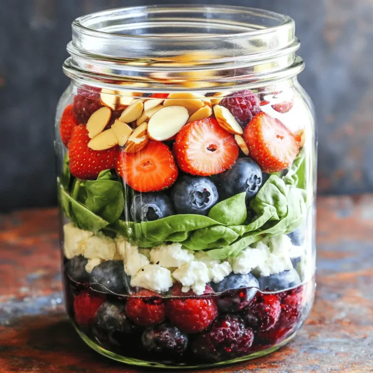 - 4 cups fresh baby spinach - 1 cup mixed berries (strawberries, blueberries, raspberries) - 1/4 cup red onion, thinly sliced - 1/2 cup crumbled feta cheese - 1/2 cup cooked quinoa (optional) - 1/4 cup sliced almonds (or walnuts) - 1/4 cup balsamic vinaigrette dressing - Salt and pepper to taste When I make my Berry Spinach Mason Jar Salad, I focus on fresh and vibrant ingredients. Baby spinach is my base. It adds a nice crunch and is packed with nutrients. Next, I add mixed berries—strawberries, blueberries, and raspberries. They bring a sweet, juicy burst to every bite. I always slice the strawberries if they are big, so every scoop has a mix of flavors. For that creamy touch, I sprinkle crumbled feta cheese on top. It pairs well with the sweetness of the berries. If you want to add protein, cooked quinoa is a great option. It makes the salad more filling and nutritious. I love adding some nuts for crunch. Sliced almonds or walnuts work perfectly. They add texture and a nutty flavor. Finally, I drizzle balsamic vinaigrette dressing over the layers. It ties all the flavors together. Don’t forget to add a pinch of salt and pepper for taste! This salad is not just pretty; it’s a delicious mix of flavors and textures. It’s quick to make and perfect for meal prep. - Wash and prepare spinach and berries - Slice strawberries into bite-sized pieces Start by rinsing the fresh baby spinach under cold water. This step removes dirt and keeps the greens crisp. Next, gently wash your mixed berries. Make sure they are clean and free from any grit. If the strawberries are large, slice them into bite-sized pieces. This uniformity makes for easy eating later. - Add dressing to the bottom of jars - Layer quinoa, red onions, berries, feta, and nuts Grab four clean mason jars. Begin by pouring about 1 tablespoon of balsamic vinaigrette into the bottom of each jar. This keeps the greens fresh. If you choose to add quinoa, spoon it on top of the dressing. This acts as a barrier, ensuring the spinach stays crisp. Next, layer the thinly sliced red onions over the quinoa. The onions add a nice crunch. Now, it’s time for the berries. Distribute them evenly across the jars. This creates colorful layers that look great. Sprinkle crumbled feta cheese on top of the berries. Its creamy texture pairs well with the sweetness. Finally, add a handful of sliced almonds or walnuts for extra crunch. - Top with fresh baby spinach - Seal jars for storage Gently pack the fresh baby spinach on top of the other ingredients. Fill the jar to the brim without squishing the greens. This keeps them vibrant and fresh. Now, seal each mason jar tightly with its lid. Store them in the fridge for up to four days. When you want to enjoy your salad, just shake the jar to mix the flavors or pour it into a bowl for a lovely presentation. To keep your salad fresh, layer the ingredients smartly. Start with the dressing at the bottom. This keeps the greens crisp. Next, add hearty ingredients like quinoa or beans. They act as a barrier. Follow with red onions and berries. Avoid soggy spinach by placing it on top. Seal the mason jars tightly. This helps lock in freshness. Get creative with your salads! You can add other toppings like grilled chicken or chickpeas for protein. Swap out mixed berries for seasonal fruits like peaches or apples. Different dressings can change the flavor. Consider honey mustard or ranch for a twist. Just remember to keep the dressing separate until you eat. Serving your salad can be fun! You can shake the jar to mix everything before eating. This gives you a burst of flavor in every bite. If you prefer, pour it into a bowl for a pretty display. These salads are great for lunch on-the-go. Grab a jar, and you have a meal ready! {{image_4}} You can add proteins to your salad for extra nutrition. Here are some great options: - Grilled chicken for a hearty touch. - Shrimp for a light seafood flavor. - Chickpeas for a plant-based protein boost. For vegetarian alternatives, try adding: - Tofu, which soaks up flavors well. - Black beans for a hearty texture. Using seasonal fruits can change the taste and look of your salad. In summer, add: - Peaches for sweetness. - Cherries for a juicy crunch. In fall, you might want to try: - Apples for a crisp bite. - Pears for a soft, sweet flavor. Also, switching greens is fun. Use kale or arugula for a different taste. You can make this salad fit many diets. For gluten-free options: - Ensure the balsamic vinaigrette has no gluten. - Omit quinoa if needed. For vegan-friendly substitutions: - Replace feta cheese with avocado for creaminess. - Use a nut-based dressing instead of balsamic. Mason jar salads are a great way to prepare meals ahead of time. You can store them in the fridge for up to 4 days. This makes them perfect for busy weeks. To keep your salad fresh, layer the ingredients properly. Always put the dressing at the bottom and the greens at the top. This way, the spinach stays crisp until you are ready to eat. To maintain crispness, keep the jars tightly sealed. Avoid opening them until you are ready to enjoy your meal. If you notice any moisture, use a paper towel to soak it up. This helps keep the greens from wilting. If you added quinoa, you might want to warm it up. To reheat quinoa, place it in a microwave-safe bowl. Add a splash of water to keep it moist. Heat it for about 30 seconds, then stir. If you prefer it cold, you can skip this step. Before serving your stored salad, give it a good shake to mix the flavors. If the salad looks a bit wilted, add a drizzle of fresh dressing. This can help revive it. You can also add a few fresh berries or nuts to enhance the taste and texture. You can keep your mason jar salads in the fridge for up to four days. This time frame helps keep the greens fresh and tasty. However, the taste might change as the days go by. If your salad has dressing, use it within three days for the best flavor. Yes, you can prepare mason jar salads in advance. I often make several jars at once. This way, I have quick meals ready for busy days. Just layer your ingredients correctly. Start with the dressing at the bottom. This keeps the veggies crisp and fresh. You can add many tasty ingredients to your berry spinach salad. Here are some ideas: - Grilled chicken or shrimp for protein - Other nuts like pecans or walnuts for crunch - Different cheeses like goat cheese or blue cheese - Fresh herbs like basil or mint for extra flavor - Sliced apples or pears for added sweetness Feel free to mix and match to create your favorite version! You learned how to make a tasty mason jar salad with fresh ingredients. Using baby spinach, mixed berries, and feta cheese makes a fun meal. I shared tips to keep your salad fresh and ideas for customizing it. Remember, you can store salads and make them ahead of time. Experiment with flavors, toppings, and variations. Enjoy your salad on the go or at home. A healthy, colorful salad can brighten up any day!