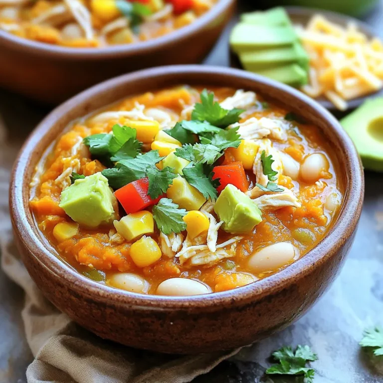 To make Slow Cooker Pumpkin White Chicken Chili, you need: - 2 boneless, skinless chicken breasts (about 1 pound) - 1 can (15 oz) pure pumpkin puree - 1 can (15 oz) white beans, drained and rinsed - 1 medium green bell pepper, diced - 1 medium onion, finely chopped - 2 cloves garlic, minced - 1 cup low-sodium chicken broth - 1 teaspoon ground cumin - 1 teaspoon chili powder - ½ teaspoon smoked paprika - Salt and pepper, to taste - 1 cup corn kernels (fresh, frozen, or canned) - Fresh cilantro, for garnish The spices in this chili bring warmth and depth. - Ground cumin adds an earthy taste. - Chili powder gives a nice kick. - Smoked paprika adds a hint of smokiness. These spices work together to create a rich flavor profile. Toppings can make your chili even better. Here are some ideas: - Diced avocado for creaminess. - Shredded cheese for extra flavor. - Sour cream for a cool touch. These toppings add texture and taste, making each bowl unique. Enjoy mixing and matching! To start, gather all your ingredients. You will need: - 2 boneless, skinless chicken breasts (about 1 pound) - 1 can (15 oz) pure pumpkin puree - 1 can (15 oz) white beans, drained and rinsed - 1 medium green bell pepper, diced - 1 medium onion, finely chopped - 2 cloves garlic, minced - 1 cup low-sodium chicken broth - 1 teaspoon ground cumin - 1 teaspoon chili powder - ½ teaspoon smoked paprika - Salt and pepper, to taste - 1 cup corn kernels (fresh, frozen, or canned) - Fresh cilantro, for garnish - Optional toppings: diced avocado, shredded cheese, sour cream First, place the chicken breasts at the bottom of the slow cooker. Make sure they are not touching. This helps them cook evenly. In a mixing bowl, blend the pumpkin puree, white beans, green bell pepper, onion, garlic, and chicken broth. Add the ground cumin, chili powder, smoked paprika, and season with salt and pepper. Stir well until mixed. Next, pour this mixture over the chicken breasts. Make sure the chicken is fully covered. This helps the flavors soak in. Now, cover the slow cooker with the lid. Set it to low heat for 6-8 hours or high heat for 3-4 hours. This slow cooking method allows the spices and pumpkin to create a rich flavor. Be patient during this time. The aroma will fill your kitchen. You can take a moment to think about any toppings you might want. About 30 minutes before you plan to serve, take two forks and shred the chicken into bite-sized pieces. Stir in the corn kernels at this time. This adds a nice sweetness and texture. Keep the lid on and let the chili heat through for the remaining time. Before serving, taste the chili. You can adjust the seasoning with more salt, pepper, or spices if needed. Now you have a warm, hearty meal ready to enjoy! To boost the taste of your Slow Cooker Pumpkin White Chicken Chili, try these tips: - Add fresh herbs: Toss in fresh cilantro or parsley right before serving. - Use quality spices: Fresh spices make a big difference. Check for potency. - Experiment with citrus: A squeeze of lime or lemon brightens the flavors. - Mix in a splash of hot sauce: This adds depth and a bit of heat. Many people make mistakes when cooking chili. Avoid these common errors: - Not seasoning enough: Be generous with salt and spices for a balanced taste. - Overcooking the chicken: Shred the chicken only when it’s cooked through. - Rushing the cooking time: Low and slow brings out the best flavors. - Skipping the taste test: Always taste before serving and adjust as needed. Slow cookers can vary in heat. Here’s how to adjust: - Older models: They may run hot, so check for doneness sooner. - Newer models: They often cook evenly; timing may stay the same. - High-heat setting: If you’re short on time, cook for 3-4 hours. - Low-heat setting: For best flavor, stick to 6-8 hours of cooking. By following these tips, you’ll create a delicious and satisfying dish that everyone will love! {{image_4}} To make a vegetarian chili, swap the chicken for more beans. You can use a mix of black beans, pinto beans, or chickpeas. This keeps the protein high and flavors rich. You can also add more vegetables. Try zucchini, carrots, or even sweet potatoes for extra texture. This veggie twist offers a hearty meal without losing any taste. If you like heat, add some jalapeños or serrano peppers. Chop them up and stir them in with the other veggies. You can also toss in crushed red pepper flakes for a kick. For a smoky flavor, add more smoked paprika or a dash of chipotle powder. Adjust the spice level to match your taste. For a different protein, turkey works well in this chili. Use ground turkey instead of chicken. It cooks quickly and stays moist. You can also try shredded pork or beef. Just make sure to adjust the cooking time if you use larger cuts of meat. This way, you get a new flavor profile while still enjoying the warmth of this dish. Store the chili in an airtight container. Let it cool before sealing it. It lasts in the fridge for up to four days. If you want to keep it longer, freezing is best. To freeze, use a freezer-safe container. Leave some space at the top for expansion. This chili can stay frozen for up to three months. When ready to use, thaw it overnight in the fridge. Reheat the chili on the stove over medium heat. Stir often to prevent sticking. You can also microwave it in a bowl. Heat in short bursts, stirring in between. Make sure it warms evenly before serving. Yes, you can use frozen chicken in this recipe. Just add the frozen chicken breasts to the slow cooker. Cook on low for 8-10 hours. This way, the chicken cooks evenly and stays juicy. This chili has a mild to medium spice level. The chili powder and smoked paprika add warmth but not heat. If you like it spicy, add more chili powder or some diced jalapeños. Adjust to your taste for the perfect kick. Yes, you can make this chili on the stovetop. Simply sauté the onion and garlic first. Then, add the rest of the ingredients. Let it simmer for about 30-40 minutes. Shred the chicken and stir in the corn just like in the slow cooker method. You can serve this chili with various sides. Try crispy tortilla chips for crunch. A fresh salad pairs well, too. For toppings, add diced avocado, shredded cheese, or a dollop of sour cream. Enjoy your meal with family and friends! This blog post shared a complete guide for making pumpkin white chicken chili. You learned about the key ingredients and spices that bring great flavor. I provided steps for preparation, slow cooking, and shredding chicken. You also found tips to improve taste and avoid common mistakes. Remember, there are many variations to try, including vegetarian options. Store your chili correctly to enjoy it later. Lastly, the FAQs section can help with common questions about this dish. Enjoy cooking and tasting your creation!