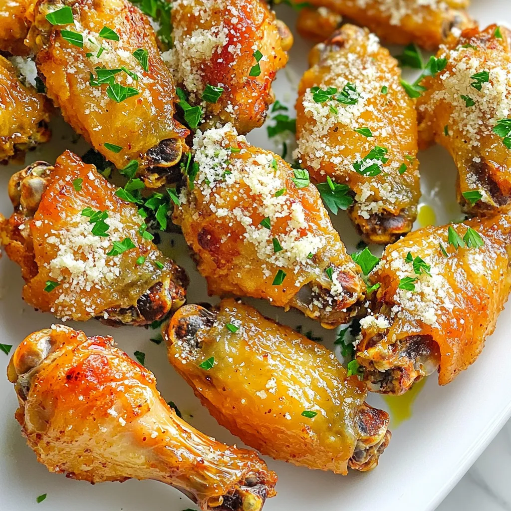 To make these tasty wings, gather these ingredients: - 2 pounds chicken wings - 2 tablespoons extra virgin olive oil - 4 cloves garlic, finely minced - 1 teaspoon fine sea salt - 1/2 teaspoon freshly ground black pepper - 1 teaspoon dried oregano - 1/2 teaspoon smoked chili powder - 1/2 cup freshly grated Parmesan cheese - 2 tablespoons fresh parsley, finely chopped (for garnish) You can easily adjust the recipe for more or fewer servings. For 2 servings, use just 1 pound of chicken wings. If you want to serve 8, double the amount to 4 pounds. Just remember to keep the same ratios for the other ingredients. This ensures the wings taste great, no matter the number. Using high-quality ingredients makes a big difference. Choose fresh chicken wings that look bright and firm. Look for extra virgin olive oil; it has the best flavor. Fresh garlic gives a stronger taste than jarred garlic. Always use real Parmesan cheese. It melts and coats the wings better than the powdered stuff. When you use good ingredients, you elevate your dish to a whole new level. First, you need to preheat your air fryer. Set it to 380°F (193°C). Preheating helps the wings cook evenly and become crispy. Wait about 5 minutes for it to heat up. Next, grab a large mixing bowl. Add the chicken wings. Pour in 2 tablespoons of extra virgin olive oil. Then, add 4 minced garlic cloves, 1 teaspoon of sea salt, and 1/2 teaspoon black pepper. Sprinkle in 1 teaspoon of dried oregano and 1/2 teaspoon smoked chili powder. Mix everything well. Use your hands or a spatula to coat each wing fully. Now, place the wings in the air fryer basket. Make sure they are in a single layer. If you crowd them, they won’t crisp up nicely. Cook the wings for 25-30 minutes. Halfway through, shake the basket. This ensures every side gets that golden color. When they are done, the wings should look crispy and golden brown. Carefully remove them using tongs. In a clean bowl, sprinkle 1/2 cup of grated Parmesan cheese over the hot wings. Toss gently to coat. Serve right away, and enjoy the crispy goodness! To get crispy wings, start with a hot air fryer. Preheat it to 380°F. This helps the wings cook evenly. Make sure to coat your wings well in oil and spices. This adds flavor and helps them crisp. Avoid stacking wings in the basket. Give them space to cook. Shaking the basket halfway through cooking helps too. This ensures all sides get that golden crunch. Cooking times can change with wing size. For small wings, cook for 25 minutes. Medium wings need about 28 minutes. For large wings, aim for 30 minutes. Always check for doneness. The wings should be golden brown and crispy. Use a meat thermometer to ensure they reach 165°F. This guarantees they are safe to eat. Toss the wings with Parmesan right after cooking. The heat helps the cheese stick better. Use a large bowl to make tossing easier. Sprinkle the cheese evenly over the wings. Gently toss until they are well coated. Don’t press too hard; you want the cheese to stay fluffy. Add chopped parsley for a fresh touch. This makes your wings look and taste great! {{image_4}} To make spicy garlic Parmesan wings, add heat to the mix. Use 1 teaspoon of cayenne pepper or hot sauce. Toss it with the wings in the bowl. This gives a bold kick that pairs well with the cheese. You can also serve with ranch or blue cheese dressing. For herb-infused wings, swap out the oregano. Try thyme or rosemary for a fresh twist. You can also mix in lemon zest for a bright flavor. This adds a lovely aroma and depth to the wings. Garnish with more fresh herbs for a pop of color. You can change the coating for different tastes. Try using a barbecue sauce instead of garlic. For a sweet touch, use honey mixed with chili powder. This adds a sticky glaze that caramelizes in the air fryer. Serve with a side of creamy dip to balance the flavors. Experimenting with these variations keeps your wings exciting. You can create a new favorite dish with each batch! Once you enjoy your wings, store leftovers right away. Place them in an airtight container. They stay fresh in the fridge for up to three days. If you want them to last longer, consider freezing. To keep your wings crispy, reheat them in the air fryer. Set the air fryer to 350°F (175°C). Heat the wings for about 5-8 minutes. This method helps retain their crunch and flavor. You can also use an oven. Preheat it to 375°F (190°C) and bake for 10-12 minutes. To freeze wings, let them cool fully first. Arrange them in a single layer on a baking sheet. Freeze them for about an hour until firm. Then, transfer them to a freezer bag. Squeeze out excess air. They can last up to three months in the freezer. When ready to eat, thaw them in the fridge overnight before reheating. It takes about 25 to 30 minutes to cook wings in an air fryer. The wings should be crispy and golden brown when done. I recommend shaking the basket halfway through. This helps all sides get that nice crunch. Yes, you can use frozen wings! Just remember to increase the cooking time. Start with 30 to 35 minutes. Check the wings for doneness. They should reach an internal temperature of 165°F. Some great sauces for garlic parmesan wings include ranch, blue cheese, and honey mustard. These flavors pair well with the savory cheese. You can also try a spicy sauce for a kick. Don't hesitate to mix and match for fun! In this article, I covered the key steps to make garlic parmesan wings in an air fryer. We discussed important ingredients, cooking methods, and helpful tips for crispiness. Different variations let you experiment, while storage advice helps you keep leftovers fresh. Remember, using high-quality ingredients makes a big difference. Enjoy crafting delicious wings that impress everyone. Try my tips for the best results each time you cook!