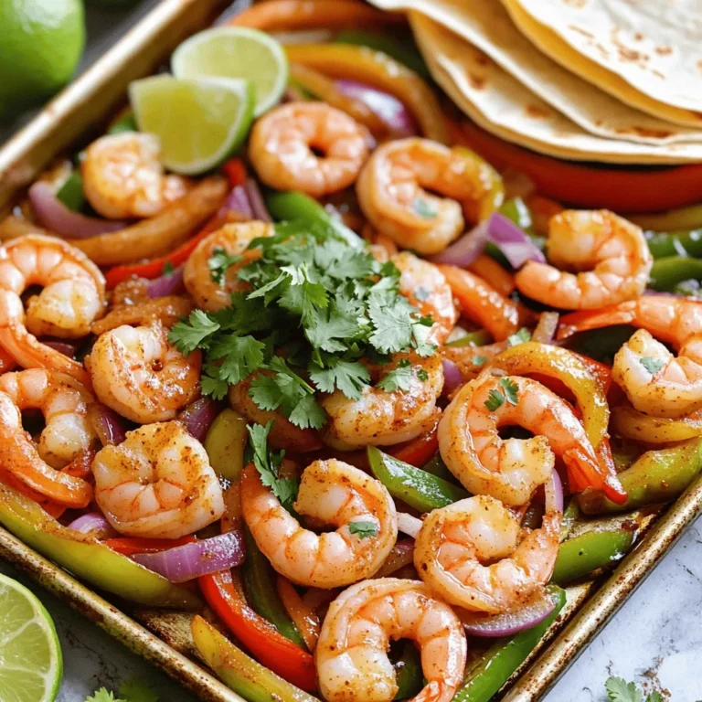 - 1 lb large shrimp, peeled and deveined - 2 tablespoons unsalted butter, melted - 4 cloves garlic, finely minced - 1 teaspoon smoked paprika - 1 teaspoon ground cumin - 1 teaspoon chili powder - 1/2 teaspoon salt - 1/4 teaspoon freshly ground black pepper - 1 red bell pepper, sliced into thin strips - 1 green bell pepper, sliced into thin strips - 1 medium red onion, sliced into half-moons - Juice of 1 fresh lime - Fresh cilantro, finely chopped (for garnish) - Corn or flour tortillas (for serving) The key to great flavor lies in the seasoning mix. The garlic adds a rich taste. Smoked paprika brings warmth and depth. Ground cumin gives a nice earthy note. Chili powder adds a touch of heat. Salt and pepper enhance all these flavors. Together, they coat the shrimp and veggies, making each bite burst with zest. You can customize your fajitas with tasty toppings. Try adding sliced avocado or fresh jalapeños for more heat. Sour cream or Greek yogurt adds creaminess. A sprinkle of queso fresco can enhance flavor. Fresh lime wedges will bring extra brightness. Feel free to mix and match these to suit your taste! Start by preheating your oven to 425°F (220°C). This step is key for crisping up the veggies and shrimp. Next, grab a medium bowl. In this bowl, mix 2 tablespoons of melted butter with 4 minced garlic cloves, 1 teaspoon of smoked paprika, 1 teaspoon of ground cumin, 1 teaspoon of chili powder, 1/2 teaspoon of salt, and 1/4 teaspoon of black pepper. Whisk these ingredients together until they blend well and smell amazing. Now, add 1 pound of peeled and deveined shrimp to the bowl. Toss the shrimp gently in the garlic butter mix. Each shrimp should be coated well to soak up all that tasty flavor. In another bowl, combine 1 sliced red bell pepper, 1 sliced green bell pepper, and 1 sliced red onion. These colorful veggies add crunch and sweetness. Drizzle a bit of olive oil and the juice of 1 fresh lime over them. Season with salt and pepper to your taste. Toss the veggies until they are coated in oil and lime juice. This step makes them tasty and bright. Now, take a large baking sheet and line it with parchment paper for easy cleanup. Spread the seasoned veggies on one half of the sheet. This creates a colorful base. On the other half, place the shrimp in a single layer. Make sure not to overcrowd them. This helps everything cook evenly. Put the baking sheet in your preheated oven. Bake for 12 to 15 minutes. You'll know it’s done when the shrimp turn pink and the veggies get tender and a bit caramelized. Once they’re ready, take the sheet out and drizzle fresh lime juice over everything. Toss gently to mix it all up. Serve the fajitas with warm tortillas and top with fresh cilantro for extra flavor. To get shrimp just right, start with fresh shrimp. The shrimp should be pink and firm. When cooking, they only need about 12-15 minutes in the oven. If overcooked, they turn tough. Watch for color changes. When they turn opaque, they are done. This means they are safe to eat and still juicy. To keep them tender, do not overcrowd them on the pan. This helps them cook evenly. Sheet pan meals are easy and fun. Use parchment paper to line the pan. This makes cleanup quick. Cut your veggies into similar sizes for even cooking. Keep them on one half of the pan. Place your shrimp on the other half. This way, they cook at the same time without mixing. Always preheat your oven before baking. The right temperature helps with caramelization. This brings out the best flavors. For a great meal, serve the fajitas family-style. Use a large platter to show off the colorful veggies and shrimp. Warm your tortillas in a cloth to keep them soft. Offer lime wedges on the side for extra zest. Fresh cilantro adds a nice touch. Let everyone build their own fajitas. This makes the meal interactive and fun. Enjoy the fresh flavors and textures together! {{image_4}} You can mix and match vegetables for your fajitas. Try adding zucchini, mushrooms, or corn. These veggies cook well and add great flavor. Carrots or asparagus also work nicely. Feel free to use what you love! Just cut them into thin strips for even cooking. Tortillas make a big difference. You can use corn or flour tortillas based on your taste. Corn tortillas are gluten-free and have a nice crunch. Flour tortillas are soft and chewy. You can even try whole wheat for a healthier option. For a fun twist, use lettuce wraps for a low-carb choice. This recipe is easy to adapt. For gluten-free, stick with corn tortillas. If you want low-carb, use lettuce wraps instead. You can also skip the tortillas altogether. Serve the shrimp and veggies over a bed of rice or quinoa for a filling meal. Adjust the seasoning to fit your diet, too! After enjoying your Garlic Butter Shrimp Fajitas, store any leftovers in an airtight container. Keep them in the fridge. They stay fresh for up to three days. Make sure to let the fajitas cool before sealing them. This helps keep the flavors intact. When you are ready to enjoy leftovers, reheating is key. I recommend using a skillet. Heat it over medium heat and add a splash of olive oil. Place the fajitas in the skillet and warm them for about five minutes. Stir gently to heat evenly. This method keeps the shrimp tender and the veggies crisp. You can also use the microwave. Heat in short bursts, stirring in between, until warm. If you want to save the fajitas for later, freezing is a great option. Let the dish cool completely. Then, portion the fajitas into freezer-safe bags. Squeeze out excess air and seal tightly. You can freeze them for up to three months. When ready to eat, thaw them in the fridge overnight before reheating. This keeps the flavors fresh and delicious. Yes, you can use frozen shrimp. Just thaw them first. Place them in cold water for about 15-20 minutes. Pat them dry before using. This step helps the shrimp cook well and absorb flavors. If you need a garlic substitute, try using garlic powder. Use about 1/4 teaspoon for every clove. You can also try shallots or onion powder for a different taste. Baking shrimp fajitas takes about 12-15 minutes. Look for the shrimp to turn pink and opaque. The veggies should also become tender and slightly caramelized. This timing ensures a perfect meal. Yes, you can prep ahead. Chop the veggies and mix the shrimp with spices. Store them in the fridge for up to 24 hours. This saves time and makes cooking easier on busy days. This blog post covered the complete recipe for garlic butter shrimp fajitas. We explored the ingredient list, optional toppings, and how to prepare the shrimp and vegetables. I shared tips for perfectly cooked shrimp and best practices for sheet pan meals. You can easily adjust this dish to meet your tastes and dietary needs. In the end, garlic butter shrimp fajitas are quick, fun, and delicious. Enjoy making this dish with friends and family!