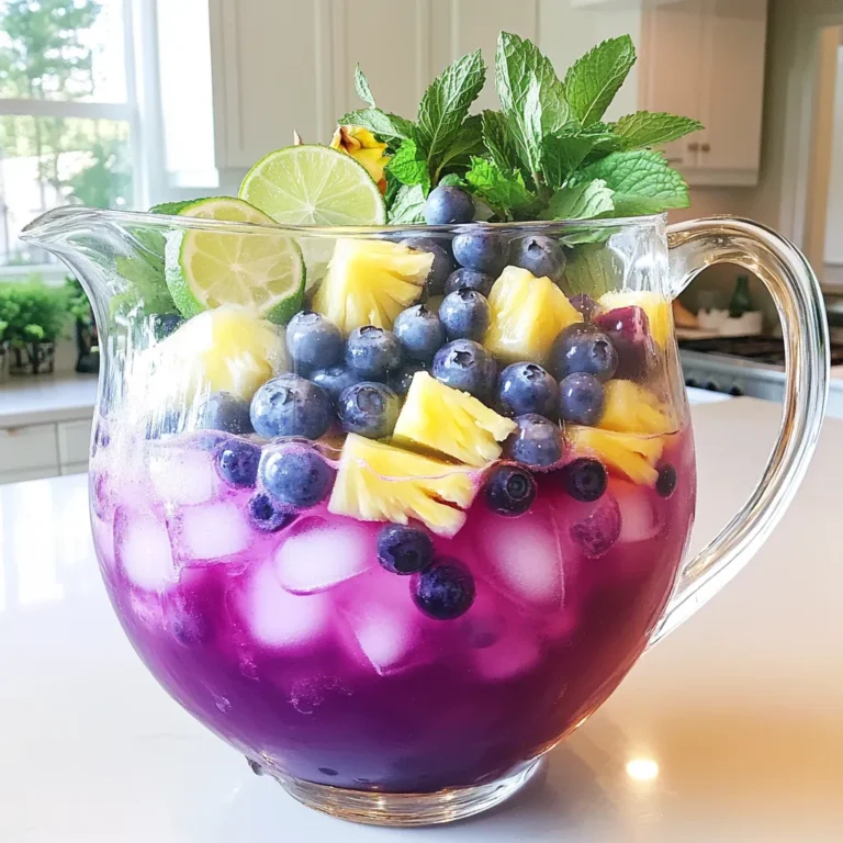 - 2 cups of purple grape juice - 1 cup of pineapple juice - 1/2 cup of cranberry juice - 1 cup of sparkling water or lemon-lime soda - 1 cup of fresh blueberries - 1 cup of diced pineapple - 1/4 cup of fresh mint leaves - Juice of 1 lime - Ice cubes - Lime slices and mint sprigs for garnish Purple Paradise Punch is a colorful drink that delights the senses. It’s easy to make and perfect for any occasion. You need purple grape juice as the base. It gives a rich, fruity flavor. Pineapple juice adds sweetness and a tropical touch. Cranberry juice brings a tart note that balances the sweetness. Fresh blueberries add pops of color and flavor. Diced pineapple enhances the tropical vibe. Mint leaves provide a refreshing finish. Lime juice adds a zesty kick that brightens everything up. For carbonation, choose sparkling water or lemon-lime soda. If you want a sweeter punch, go for the soda. Don't forget the ice cubes! They keep your drink chilled and refreshing. Finally, garnish with lime slices and mint sprigs. This adds a lovely look and extra aroma. Each ingredient works together to create a fun and tasty drink. Enjoy making it! Start by pouring 2 cups of purple grape juice, 1 cup of pineapple juice, and 1/2 cup of cranberry juice into a large pitcher. Use a long spoon to mix well. This step blends the fruity flavors perfectly. Next, gently fold in 1 cup of fresh blueberries and 1 cup of diced pineapple. Be careful not to mash the fruit. This keeps the texture nice and adds pops of flavor. Now, squeeze the juice of 1 lime into the pitcher. This adds a zesty kick. Stir the mixture gently to combine the lime juice. Just before serving, pour in 1 cup of sparkling water or lemon-lime soda. This adds fizz and fun. Stir slowly to keep the bubbles intact. Fill each glass with ice cubes. Pour the vibrant punch over the ice. Let some fruit pieces float in each glass. This makes the drink look colorful and inviting. Enjoy your refreshing Purple Paradise Punch! Adjust the sweetness by adding more or less soda. If you prefer a sweeter drink, use lemon-lime soda. For a lighter taste, stick with sparkling water. Testing different amounts can help you find your favorite balance. Remember, everyone's taste is unique. Use clear glasses to highlight the drink's vibrant colors. The purples, greens, and yellows create a beautiful display. You can also add a few blueberries and pineapple chunks at the bottom of each glass. This makes the drink look even more appealing. Prepare the juices and fruit in advance for quick serving. You can mix the juices and chop the fruit a few hours before your event. This way, when guests arrive, you only need to add the soda and ice. It makes serving quick and easy, so you can enjoy the fun too! {{image_4}} You can add a fun twist to your Purple Paradise Punch. Just mix in coconut water. This gives your drink a light, tropical taste. Coconut water adds a hint of sweetness and smoothness. It pairs well with the fruity flavors. You will love this change! If you're looking for an adult drink, try adding rum or vodka. This will transform your punch into a refreshing cocktail. Use one to two ounces of your chosen spirit. Mix it in before you add the sparkling water. This makes your drink perfect for summer parties or gatherings. Feel free to get creative with fruits! You can add strawberries, kiwi, or even mango. Each fruit brings a new flavor and color. Just chop them up and fold them into your punch. This way, you can make your drink unique and exciting every time. To keep the punch fresh, store it in a sealed container. This helps to lock in the flavors. Place the container in the fridge. Use it within three days for the best taste. If you see any signs of spoilage, it is best to discard it. The best time to enjoy this punch is within the first few hours after making it. This ensures you experience the full flavor and fizz. The sparkling water or soda gives the punch a light, bubbly texture. Serve it cold to enhance its refreshing quality. You can freeze the fruit for later use. Place the blueberries and pineapple in a single layer on a baking sheet. Freeze them until solid, then transfer to a freezer bag. This keeps the fruit fresh and makes for a fun addition to future batches of punch. Avoid freezing the juice mixture, as it may change texture when thawed. Yes, you can make Purple Paradise Punch in advance. Prepare the juices and mix them in a pitcher. Add the fruit, lime juice, and sparkling water just before serving. This keeps the carbonation fresh and bubbly. Store the punch in the fridge for up to 24 hours. It tastes best when enjoyed right after mixing. If you don't have grape juice, try using pomegranate juice or cherry juice. Both will keep a similar fruity flavor. You can also mix juices for a unique taste. For example, a blend of cranberry and raspberry can work well too. Purple Paradise Punch lasts about 2-3 days in the fridge. After that, the fruit may start to lose its taste and texture. Always check for any off smells or changes in color before serving. If you added soda, enjoy it within a day for the best fizz. You can craft a refreshing and vibrant Purple Paradise Punch with simple ingredients. We covered how to mix the juices, fold in fresh fruit, and add carbonation. You learned handy tips for flavor, presentation, and advance preparation. Consider fun variations or storage options to enhance your experience. This punch is not just for parties; it’s a cheerful drink for any day. Enjoy experimenting with this recipe, and make it your own!