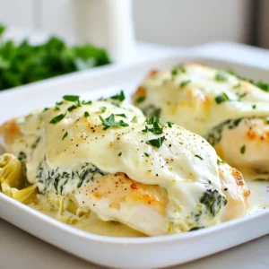 - 4 boneless, skinless chicken breasts - 1 cup fresh spinach, finely chopped - 1 cup canned artichoke hearts, drained and roughly chopped - 1 cup cream cheese, softened - ½ cup sour cream - 1 cup shredded mozzarella cheese - 2 cloves garlic, minced - 1 teaspoon onion powder - Salt and pepper to taste - 2 tablespoons olive oil - ¼ teaspoon red pepper flakes (optional) - Fresh parsley, chopped For this creamy spinach artichoke chicken, I use simple and fresh ingredients. The chicken breasts give a nice base. The spinach and artichokes add color and flavor. Cream cheese and sour cream create a rich sauce. Shredded mozzarella melts beautifully on top. Fresh garlic and onion powder enhance the taste. Salt and pepper make everything pop. Olive oil helps to sear the chicken. Red pepper flakes give a hint of heat, but you can skip them if you prefer mild dishes. Lastly, fresh parsley brightens up the dish, adding a touch of color and freshness. {{ingredient_image_2}} - Preheat oven to 375°F (190°C). - In a bowl, mix cream cheese and sour cream until smooth. - Fold in spinach, artichokes, garlic, onion powder, salt, pepper, and red pepper flakes. - Heat olive oil in an oven-safe skillet over medium-high heat. - Sear chicken breasts for about 5 minutes on each side. - Once browned, remove chicken and set aside. - Pour the creamy spinach-artichoke mixture into the skillet. - Nestle chicken breasts back in the skillet and top with mozzarella cheese. - Cover the skillet with a lid or foil. - Bake for 20-25 minutes until chicken reaches 165°F (75°C). - For a crispy finish, uncover and broil for 2-3 minutes. How to avoid overcooking the chicken To avoid dry chicken, watch the cooking time closely. Sear each side for about five minutes. This creates a nice golden crust. Use a meat thermometer to check doneness. The chicken should reach 165°F (75°C) inside. If you have a thick piece, it may need a bit longer. Always remember to let it rest before serving. Tips for achieving the best creamy texture For a smooth creamy texture, make sure the cream cheese is soft. Let it sit at room temperature before mixing. When you blend it with sour cream, stir well until there are no lumps. Adding the spinach and artichokes should be done gently. This keeps the mixture airy and light. If you want extra creaminess, consider adding a splash of milk or heavy cream. What to serve with Creamy Spinach Artichoke Chicken This dish pairs great with fluffy rice or pasta. The sauce soaks into the grains beautifully. You can also serve it with roasted vegetables for a balanced meal. A fresh salad on the side adds crunch and color. Try a simple garden salad or a Caesar salad for a nice touch. Garnishing ideas with fresh herbs Fresh parsley adds a bright touch. Sprinkle it on before serving for a pop of color. You might also try basil or chives for a different flavor. Just chop them finely and sprinkle on top. This makes the dish look fancy and fresh! Pro Tips Use Fresh Ingredients: Whenever possible, opt for fresh spinach and artichoke hearts for a vibrant flavor and better texture in your dish. Perfectly Cooked Chicken: Use a meat thermometer to ensure your chicken reaches an internal temperature of 165°F (75°C) for juicy and tender results. Customize the Heat: Adjust the amount of red pepper flakes to suit your taste, or substitute with fresh jalapeños for a different twist. Rest Before Serving: Allow the dish to rest for a few minutes after baking; this helps the flavors meld and makes for easier serving. {{image_4}} You can swap chicken for other proteins. Try using turkey or pork. If you want to go meatless, mushrooms work great. They add a nice texture and soak up flavors well. You can use portobello or cremini mushrooms for a hearty bite. To add more flavor, consider using spices like garlic powder, paprika, or even a dash of lemon zest. Fresh herbs like thyme or basil can elevate the dish. For the creaminess, try different cheeses. Creamy goat cheese or sharp cheddar gives a unique twist. Just remember to adjust the salt since some cheeses are saltier. To keep your Creamy Spinach Artichoke Chicken fresh, store it in an airtight container. Make sure to cool it down first before sealing it up. This helps lock in flavors and moisture. Place the container in the fridge right away. Your leftovers will stay good for about 3 to 4 days. When you're ready to enjoy your leftovers, use the oven or a microwave to reheat. For the oven, preheat it to 350°F (175°C). Place the chicken in a baking dish and cover it with foil. This keeps the chicken moist while it warms up. Bake for about 15 to 20 minutes or until it’s hot. In the microwave, use a microwave-safe dish and cover it loosely. Heat in short bursts of 1 to 2 minutes. Stir halfway through to ensure even heating. If you want to keep it creamy, add a splash of water or broth. This will help prevent it from drying out. Enjoy your tasty dish again! How do I know when the chicken is cooked? You can check the chicken with a meat thermometer. It should reach 165°F or 75°C. This ensures that it is safe to eat. If you don't have a thermometer, cut into the chicken. The meat should be white, not pink. Can I make this dish ahead of time? Yes, you can prepare the creamy spinach-artichoke mixture a day before. Just store it in the fridge. You can also sear the chicken ahead of time. When ready, combine and bake it as directed. Is it possible to use frozen spinach? Absolutely! Frozen spinach works well. Just make sure to thaw and drain it first. This helps avoid excess water in the dish. What can I substitute for mozzarella cheese? You can use provolone, gouda, or cheddar cheese. Each gives a different flavor. Choose one that you enjoy! Is this dish suitable for meal prep? Yes, this dish is great for meal prep. Store portions in airtight containers. It stays fresh in the fridge for about 3-4 days. Just reheat when ready to eat. This blog post showed you how to make Creamy Spinach Artichoke Chicken. You learned about the essential ingredients and step-by-step instructions. I shared tips to perfect your dish and suggestions for leftovers. You can even try fun variations with different proteins or flavors. Cooking should be enjoyable and rewarding. I hope you feel ready to create this dish. Enjoy the rich flavors and share it with friends and family!