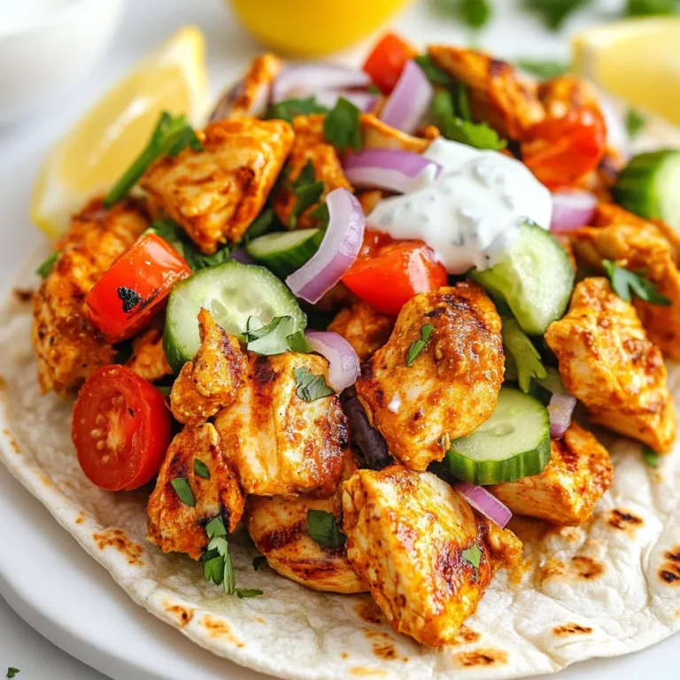 To make a tasty spicy chicken shawarma, you need the right ingredients. Here’s what you will need: - 1 lb (450g) boneless chicken thighs, cut into strips - 4 cloves garlic, minced - 3 tablespoons olive oil - 4 large pita or flatbreads These key items form the base of your delicious meal. Chicken thighs work best for their juicy texture. The spices bring out the bold flavors. Here are the spices you need: - 2 tablespoons ground cumin - 2 tablespoons ground coriander - 1 tablespoon ground paprika - 1 tablespoon ground turmeric - 1 tablespoon cayenne pepper (adjust for heat preference) - 1 teaspoon ground cinnamon - Salt and black pepper to taste Mix these spices with olive oil and minced garlic for a rich marinade. This mix makes the chicken flavorful and aromatic. Fresh veggies add crunch and color to your shawarma. Use these vegetables: - 1 cucumber, diced - 1 cup cherry tomatoes, halved - 1/2 red onion, thinly sliced - 1/2 cup plain yogurt or tahini sauce - Fresh parsley, chopped (for garnish) - Lemon wedges (for serving) These ingredients brighten the dish and balance the spices. The yogurt or tahini sauce gives creaminess that complements the spicy chicken. {{ingredient_image_2}} To start, gather your ingredients. In a large bowl, mix minced garlic, ground cumin, coriander, paprika, turmeric, cayenne pepper, cinnamon, and olive oil. Add a good pinch of salt and black pepper. Stir until everything blends into a smooth marinade. Now, add the chicken strips to the bowl. Toss them well, so every piece gets coated. This step is key for flavor. Cover the bowl with plastic wrap and place it in the fridge. Marinate for at least one hour. If you have more time, let it sit overnight. This will make the chicken taste even better. Next, you need to cook the marinated chicken. Heat a grill pan or a non-stick skillet over medium-high heat. Once it’s hot, add the chicken strips in batches. Make sure not to overcrowd the pan. Cook each side for about 6-8 minutes. You want the chicken to be well-cooked with a crispy outside. Once done, remove the chicken from the heat. Let it rest for a few minutes. This helps keep the juices inside. After resting, slice the chicken into smaller, bite-sized pieces. While your chicken is cooking, prepare your fresh fillings. Dice the cucumber, halve the cherry tomatoes, and slice the red onion. Place these in a bowl, so they’re ready for assembly. Now, warm your pita or flatbreads in a dry skillet for about one minute on each side. This makes them soft and easy to wrap. Lay one flatbread on a plate. Add a good portion of the spicy chicken in the center. Top it with cucumber, cherry tomatoes, and red onion for crunch. For a creamy finish, drizzle plain yogurt or tahini sauce over the filling. This balances the spices and adds great flavor. Finally, fold the sides of the pita over the filling. Then, roll it up tightly from the bottom. Your delicious shawarma wrap is ready! Serve it with fresh parsley on top and some lemon wedges on the side. Enjoy! To get the best flavor, marinate your chicken well. I recommend using a large bowl. First, mix garlic, cumin, coriander, paprika, turmeric, cayenne pepper, cinnamon, olive oil, salt, and black pepper. The spices create a rich blend. Toss in your chicken strips and coat them well. Cover the bowl. Let it sit in the fridge for at least one hour. If you can, marinate it overnight for even more flavor. When cooking, never overcrowd your pan. Preheat your grill or skillet first. This way, you get a nice sear. Cook the chicken strips for about 6-8 minutes on each side. You want them golden and crispy. After cooking, let the chicken rest for a few minutes. This helps keep the juices inside. Then, slice it into bite-sized pieces for easy wrapping. Serve your shawarma wraps with fresh veggies. I like diced cucumber, halved cherry tomatoes, and thinly sliced red onion. They add crunch. For sauce, use plain yogurt or tahini for creaminess. Warm your pita or flatbreads before filling. I also suggest adding a sprinkle of parsley and a lemon wedge. The lemon gives a nice zesty touch. Enjoy your meal! Pro Tips Marination Time Matters: For the best flavor, allow the chicken to marinate overnight. This enhances the spices' penetration, resulting in a juicier and more flavorful dish. Adjusting Heat Levels: If you enjoy a milder flavor, reduce the cayenne pepper in the marinade. You can also serve additional hot sauce on the side for those who prefer extra spice. Fresh Ingredients: Use the freshest vegetables possible for the filling. Crisp cucumbers and ripe tomatoes will elevate the overall taste and texture of your wraps. Perfect Wrapping Technique: When wrapping your pita, ensure you fold in the sides first before rolling it up. This helps keep all the delicious fillings secure inside. {{image_4}} If you want to switch things up, try using different meats. Beef or lamb can be great options. They both hold spices well and taste amazing. You can also use turkey for a lighter choice. Just adjust the cooking time to ensure they are cooked through. Vegetarians can enjoy shawarma too! Use grilled portobello mushrooms or roasted eggplant as the main filling. Chickpeas also work great. Just season them with the same spices for that shawarma flavor. Combine with fresh vegetables for a tasty wrap. Sauces can change the whole dish. You can use tahini sauce, which has a nutty taste. Plain yogurt is another option that adds creaminess. For a spicy kick, try harissa or sriracha. Each sauce brings a unique twist to your shawarma. Feel free to mix and match to find your favorite! To store leftover shawarma, first let it cool to room temperature. Place the chicken and veggies in an airtight container. If you have extra sauce, store it in a separate small container. This keeps the flavors fresh. You can keep the shawarma in the fridge for up to three days. When you want to eat leftover shawarma, reheat it gently. You can use a skillet over low heat. This warms it without making it dry. Add a splash of water to help steam the chicken. If you prefer, you can also microwave it. Just cover it with a damp paper towel. Heat in short bursts of 30 seconds until warm. If you like to plan meals, freezing shawarma works great. After cooking, let the chicken cool completely. Then, place it in freezer-safe bags. This keeps it safe for about three months. When you are ready, thaw it in the fridge overnight. Reheat as mentioned above to enjoy your tasty meal. Spicy chicken shawarma is a Middle Eastern dish. It features marinated chicken cooked on a grill or skillet. The chicken gets a burst of flavor from spices like cumin, paprika, and cayenne. You wrap the cooked chicken in pita with fresh veggies and sauce. This dish is both tasty and fun to make. To adjust the spice level, change the amount of cayenne pepper. If you want it milder, use less cayenne. Start with half a tablespoon and taste as you go. For more heat, add more cayenne or try a dash of hot sauce. Remember, you can always add heat, but you can't take it away! Yes, you can prepare the chicken ahead of time. Marinate the chicken the night before. This gives the spices more time to soak in. You can also cook it in advance and store it in the fridge. Just reheat it when you are ready to serve. This makes meal prep easy and quick! This article explored making spicy chicken shawarma. We covered key ingredients like spices and fresh veggies. I shared steps for marinating, cooking, and assembling your wraps. Plus, I gave tips for flavor, juiciness, and serving. You learned about variations like alternative proteins and vegetarian options. Lastly, we discussed storage and reheating. Enjoy making shawarma in your kitchen. It’s fun, tasty, and easy to share. Now, get started and impress your friends and family!