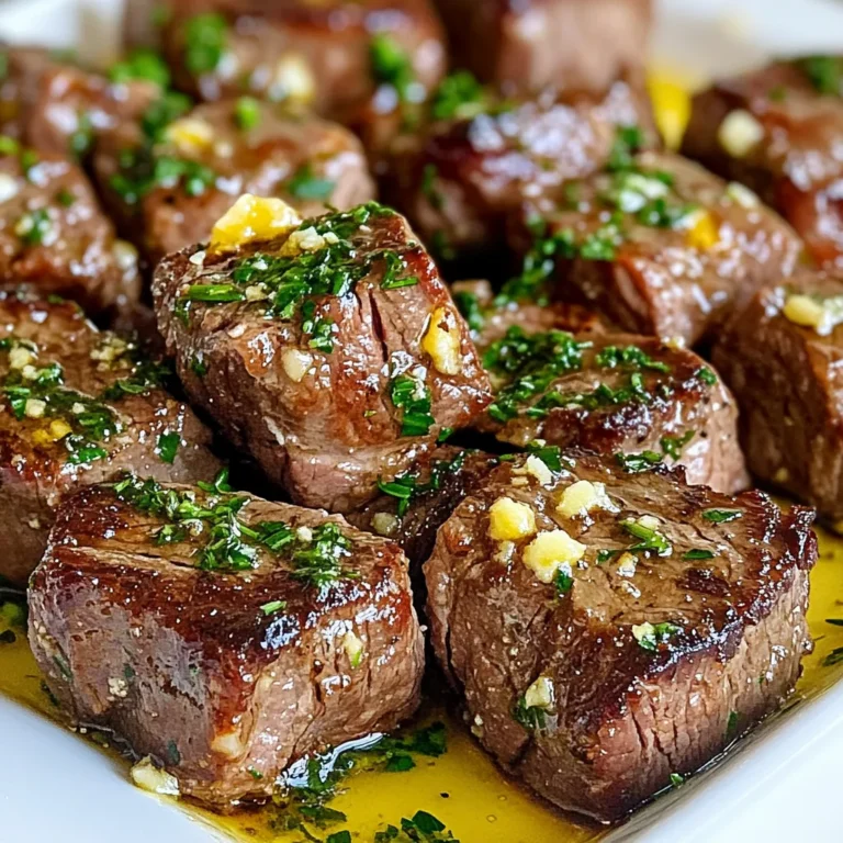 - 1 lb sirloin steak, cut into bite-sized cubes - 4 tablespoons unsalted butter - 4 cloves garlic, finely minced - 1 teaspoon fresh rosemary, chopped (or ½ teaspoon dried) - 1 teaspoon fresh thyme, chopped (or ½ teaspoon dried) For this dish, I start with sirloin steak. It is tender and has great flavor. Cut it into small cubes. This helps it cook evenly and quickly. Next, I use unsalted butter. It adds richness and helps the garlic cook perfectly. Speaking of garlic, I use four cloves. Minced garlic gives a strong, savory taste. Fresh herbs like rosemary and thyme bring a nice aroma and depth to the dish. - Salt and freshly ground pepper to taste - 1 tablespoon olive oil - Fresh parsley, finely chopped (for garnish) Seasoning is key. I use salt and freshly ground pepper. This enhances the steak's taste. Olive oil helps to sear the meat in the skillet. Finally, I garnish with fresh parsley. It adds color and a fresh touch to the dish. When you plate it, the bright green looks beautiful against the rich steak. {{ingredient_image_2}} First, you need to dry the steak cubes. Use paper towels to pat them dry. This step helps the meat sear nicely. If the beef is wet, it will steam instead of brown. Next, season the steak cubes with salt and pepper. Make sure to coat every piece well. Proper seasoning brings out the best flavor in your steak bites. Now, let’s heat the skillet. Place a large skillet on medium-high heat and add olive oil. Wait until the oil shimmers. This means it's hot enough for the steak. Carefully add the seasoned steak cubes in a single layer. Do not overcrowd the pan; this helps with browning. Sear the steak for about 2-3 minutes without stirring. You want a golden crust on the bottom. Once the first side is browned, use tongs to flip the steak bites. Cook for another 2-3 minutes until both sides are seared. Now, reduce the heat to medium. Add the butter, minced garlic, chopped rosemary, and thyme to the skillet. This will add rich flavor to the steak. To check for doneness, insert a meat thermometer into the thickest piece. For medium-rare, aim for about 130°F (54°C). If the steak is not done, cook for another minute or two. Once cooked, remove the skillet from heat. Sprinkle freshly chopped parsley over the steak bites for a pop of color. Serve hot and enjoy this delicious dish! To get that nice, brown crust on your steak bites, use a hot skillet. I like to heat my skillet over medium-high heat. When the oil shimmers, it's ready. - Skillet tips for browning: Make sure your skillet is very hot. This helps to sear the meat quickly. If your pan is not hot enough, the steak will steam instead of brown. - Avoiding overcrowding: Cook the steak in batches. If you put too many pieces in at once, they won’t sear well. Leave space between the cubes to let the heat move around. Garlic and herbs are key to this dish, but feel free to mix it up! - Other herbs to experiment with: You can try adding oregano or basil for a twist. Fresh herbs bring bright flavors to your steak. - Adjusting seasoning to taste: Always taste your steak bites as you cook. You can add more salt or pepper if needed. A little extra seasoning can make a big difference! How you serve your steak bites can make them even more appealing. - Ideal pairings and sides: Try serving these bites with a fresh salad or some roasted vegetables. A creamy mashed potato also makes a great side. - Presentation ideas: Arrange the steak on a nice platter. Add toothpicks for easy eating. Drizzle some garlic butter sauce on top for a fancy touch. Fresh parsley adds a pop of color, too! Pro Tips Pat the Steak Dry: Ensuring the steak is dry before seasoning helps achieve a perfect sear, locking in the juices and enhancing flavor. Don’t Overcrowd the Pan: Cooking the steak bites in a single layer allows for even browning; overcrowding can lead to steaming instead of searing. Watch the Garlic: Add the garlic only after the steak has been seared to prevent burning, which can make it taste bitter. Use a Meat Thermometer: For perfect doneness, use a meat thermometer to check the internal temperature, ensuring juicy and tender steak bites. {{image_4}} You can use other cuts of steak for this recipe. Sirloin is great, but you can also try ribeye or filet mignon. Each cut has its own taste and texture. - Ribeye: This cut has more fat, giving it a rich flavor. It stays juicy but can be a bit greasy. - Filet Mignon: Known for its tenderness, this cut cooks quickly. It lacks fat, so add a bit more butter for flavor. Adding sauces or marinades can change the taste of your steak bites. Here are a few ideas: - Teriyaki Sauce: This adds a sweet and salty touch. Marinate the steak for 30 minutes before cooking. - Chimichurri: This herb sauce brings a fresh and zesty flavor. Drizzle it on top before serving. If you like heat, consider using spices: - Cayenne Pepper: A little goes a long way. It adds warmth without overpowering. - Red Pepper Flakes: Sprinkle these in the skillet while cooking for a nice kick. You can make this dish fit different diets too. - Gluten-Free Options: All the main ingredients are naturally gluten-free. Just check any sauces for hidden gluten. - Vegetarian or Vegan Alternatives: Swap steak for mushrooms or tofu. Use vegan butter for the sauce to keep it plant-based. Feel free to get creative! Your garlic butter steak bites can be just how you like them. To keep your garlic butter steak bites fresh, you can store them easily. - Refrigeration guidelines: Place the cooled steak bites in an airtight container. They will stay good for about 3 to 4 days in the fridge. Make sure to let them cool before sealing, to avoid moisture buildup. - Freezing the steak bites: If you want to keep them longer, freezing is a great option. Use a freezer-safe bag or container. Label it with the date. They can last up to 3 months in the freezer. To prevent freezer burn, remove as much air as possible. Reheating your steak bites correctly keeps them tasty and juicy. - Best practices for reheating: The best way to reheat is in a skillet. Heat the skillet over low to medium heat. Add a little butter or olive oil. This helps regain moisture and flavor. Stir gently and heat until warm. - Avoiding loss of flavor or texture: Avoid using a microwave, as it can make the steak chewy. If you must use a microwave, cover the steak bites with a damp paper towel. This helps keep them moist, but the texture may still change. Always aim for gentle reheating to keep that delicious garlic butter taste. How do I know when steak bites are done? To check if steak bites are done, use a meat thermometer. For medium-rare, aim for about 130°F (54°C). If you don’t have a thermometer, cut a piece in half. The inside should be warm and red, not cold or grey. Can I use frozen steak for this recipe? Yes, you can use frozen steak, but thaw it first. Defrost it in the fridge overnight. This step helps achieve a nice sear. Cooking frozen steak directly can lead to uneven cooking and less flavor. What if I don’t have a skillet? If you lack a skillet, use a grill or a broiler. A grill works well and adds a smoky taste. A broiler can also cook the steak bites quickly. Just watch them closely to prevent burning. How to achieve medium-rare steak? For medium-rare steak, sear the bites for 2-3 minutes on each side. After flipping, reduce heat, add butter, and let them cook for another 1-2 minutes. Check the internal temperature to ensure it reaches 130°F (54°C). Can I use butter alternatives? You can use olive oil or ghee if you need a butter substitute. They will add different flavors but still keep your steak juicy. Try using flavored oils for an extra kick. Best herbs for garlic butter steak bites? Rosemary and thyme are great choices for these steak bites. You can also try oregano or sage for a twist. Fresh herbs enhance the dish’s flavor and aroma beautifully. You learned how to make tasty steak bites with simple ingredients. We discussed preparing the steak, cooking techniques, and tips for the perfect sear. Don't forget to explore different cuts and flavors to make it your own. Proper storage and reheating are key for enjoying leftovers. Experiment with herbs or sauces to create new dishes, too. Enjoy your cooking journey, and let your steak bites shine at every meal!