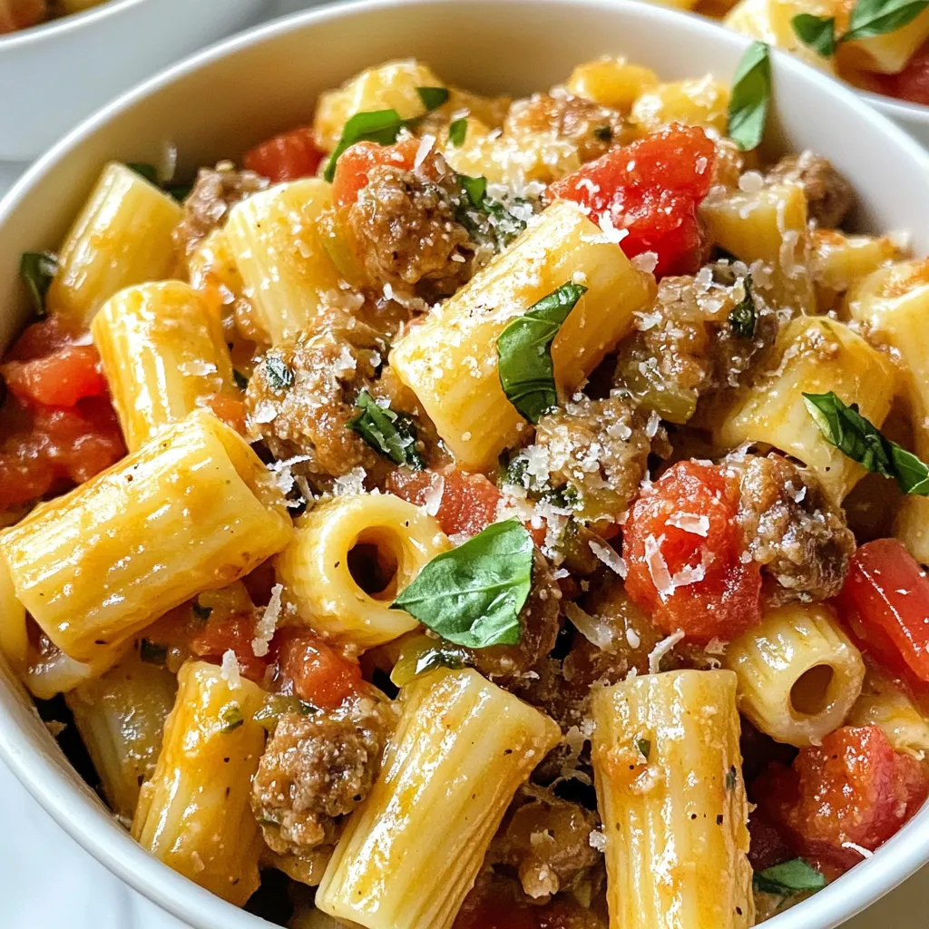 - 12 oz ditalini pasta - 1 lb Italian sausage (choose sweet or spicy according to preference, with casings removed) - 1 medium onion, finely chopped - 2 cloves garlic, minced - 1 cup heavy cream - 1 cup chicken broth - 1 cup diced tomatoes, canned (including juices for added flavor) - 1 teaspoon dried Italian herbs (a mix of oregano, basil, and thyme) - Salt and freshly cracked pepper to taste - ½ cup grated Parmesan cheese - 2 tablespoons olive oil - Fresh basil leaves for garnish For this creamy Marry Me ditalini sausage pasta, each ingredient plays a key role. The ditalini pasta adds a fun shape, catching the sauce perfectly. The Italian sausage is the star, providing rich flavor. You can choose sweet or spicy sausage based on your taste. Onions and garlic bring depth to the dish. They sauté together to create a lovely base. Heavy cream and chicken broth combine to form a smooth, luscious sauce. Diced tomatoes add a burst of sweetness and acidity. Dried Italian herbs enhance the sauce's flavor, while salt and pepper balance everything. Finally, Parmesan cheese adds a salty, nutty finish. Fresh basil leaves on top make the dish look beautiful and fresh. Gather these ingredients, and you will create a delightful meal that truly shines! {{ingredient_image_2}} Boiling and Draining Start by filling a large pot with water. Add a generous amount of salt and bring it to a boil. Once boiling, add 12 oz of ditalini pasta. Cook according to the package directions until it's al dente. This usually takes about 8 to 10 minutes. When done, drain the pasta in a colander. Remember to save about 1 cup of the pasta water for later. Reserving Pasta Water The reserved pasta water is key for the sauce. It has starch that helps thicken the sauce and makes it creamy. Set it aside while you cook the sausage. Browning Technique In a large skillet, heat 2 tablespoons of olive oil over medium heat. Once hot, add 1 lb of Italian sausage, removing the casings first. Use a wooden spoon to break it up into smaller pieces. Cook for about 5 to 7 minutes until it's nicely browned. Managing Heat Keep an eye on the heat. If the sausage browns too fast, lower the heat. You want it cooked through but not burnt. Stir it often for even cooking. Adding Vegetables After the sausage is browned, add 1 finely chopped medium onion. Sauté it for about 3 to 4 minutes until it turns translucent. Then, add 2 minced garlic cloves and cook for another minute. The smell will be amazing! Combining Cream and Broth Next, pour in 1 cup of chicken broth and 1 cup of heavy cream. Add 1 cup of diced tomatoes, including their juices. Sprinkle in 1 teaspoon of dried Italian herbs, along with salt and cracked pepper to taste. Stir everything together and let it simmer for about 5 minutes. This helps the flavors mix well. Incorporating Ditalini Now, it’s time to add the drained ditalini pasta to the skillet. Gently toss the pasta in the sauce until well coated. Adjusting Sauce Consistency If the sauce seems too thick, add the reserved pasta water a little at a time. Stir until you reach the creamy consistency you like. Adding Cheese Stir in ½ cup of grated Parmesan cheese. This will melt into the sauce, making it even richer. Final Taste Adjustments Taste your pasta and adjust the seasoning with more salt and pepper if needed. This is your dish, so make it perfect for your palate! Choosing the right sausage is key for great flavor. You can go with sweet or spicy sausage. - Sweet Sausage: This type has a mild flavor. It works well for those who enjoy a gentle taste. - Spicy Sausage: If you like heat, this is for you. It adds a nice kick to the dish. For a great taste, I recommend using Italian sausage. It's flavorful and pairs well with the creamy sauce. To get that perfect creamy sauce, follow these tips. - Tips for Sauce Thickness: Start with heavy cream and chicken broth. This gives a rich base. If it seems too thick, you can adjust it easily. - Pasta Water Utilization: Save some pasta cooking water. Adding a splash to the sauce helps thin it out. It also makes the sauce cling to the pasta better. Presentation can make your dish shine. Here are some ideas. - Ideal Pairings: This pasta goes great with a side salad. A simple green salad adds fresh crunch. Add garlic bread for a comforting touch. - Presentation Tips: Use bowls for serving. Garnish with fresh basil leaves and a sprinkle of Parmesan. This makes the dish look extra special. Pro Tips Choose Your Sausage Wisely: Selecting the right type of Italian sausage can significantly impact the flavor of your dish. Opt for sweet sausage for a milder taste or spicy sausage for a kick of heat. Reserve Pasta Water: Always save a cup of the pasta cooking water before draining. This starchy water can be added to the sauce to adjust its consistency, ensuring it clings beautifully to the pasta. Fresh Herbs Matter: While dried Italian herbs are convenient, fresh basil can elevate the dish's flavor profile. Add it just before serving for a burst of freshness. Don’t Overcook the Pasta: Cooking the ditalini until al dente ensures it retains a pleasant bite and won't become mushy when mixed with the sauce. {{image_4}} You can make this dish even better by adding vegetables. Spinach or kale are great choices. They add color and nutrients. Just toss them in during the last few minutes of cooking. Bell peppers are another option. Chop them up and sauté with the sausage. They bring a sweet crunch to the dish. If you want a lighter meal, try chicken or turkey sausage. Both can replace the Italian sausage. They offer great flavor without the extra fat. For a vegetarian option, use plant-based sausage. It gives you the same taste without meat. You can also add beans for protein and texture. You can mix it up with different cheeses. Cheddar or mozzarella will work well too. They bring a unique flavor to the dish. If you need a dairy-free option, try nutritional yeast. It adds a cheesy taste without the dairy. You can also look for vegan cheese at the store. How to Store Leftovers After enjoying your creamy marry me ditalini sausage pasta, let it cool down. Transfer the pasta to an airtight container. You can store it in the fridge for up to three days. If you think you will not eat it all, portion it out for easy meals later. Best Practices When storing, try to remove as much air as possible from the container. This helps prevent drying out. It’s best to keep the pasta and sauce together, as they blend well when reheated. If you have leftover basil or cheese, store those separately to keep their flavors fresh. Stovetop vs. Microwave For the best results, I recommend reheating on the stovetop. Use a non-stick skillet and add a splash of chicken broth or cream. Heat it over medium-low heat, stirring often. This method keeps the pasta creamy and prevents it from drying out. If using the microwave, place the pasta in a microwave-safe bowl. Add a bit of cream or broth to keep it moist. Cover the bowl with a microwave-safe lid or wrap to hold in steam. Heat in short bursts, stirring in between. Maintaining Creaminess To keep your pasta creamy, avoid high heat. High heat can separate the cream and make the sauce oily. Stir gently and add small amounts of liquid if needed. This way, your creamy marry me ditalini sausage pasta stays delicious and enjoyable, even on reheating! Yes, you can use other pasta shapes. Options like penne, fusilli, or rigatoni work well. Each shape holds sauce differently, but they all taste great. If you use a larger pasta, adjust the cooking time. Just make sure to cook it until al dente. You can store leftovers in the fridge for up to three days. Store them in an airtight container to keep them fresh. To prevent the pasta from getting too dry, cover it tightly. Yes, this recipe is great for meal prep. Cook the pasta and sausage ahead of time. Store each component separately in the fridge. When you’re ready to eat, just combine and heat. This keeps the pasta from getting mushy. Enjoy a delicious meal in no time! You now have a complete guide to creating a delicious dish with ditalini pasta and sausage. From choosing the right ingredients to cooking techniques, each step helps you build a flavorful meal. Remember, adjusting the sauce and exploring variations can make this recipe your own. Store leftovers wisely and reheat for creamy goodness. Enjoy your cooking adventure and impress your friends and family with this tasty dish!