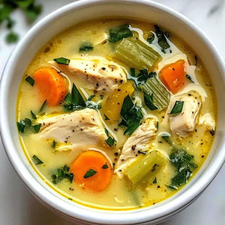 - 1 pound boneless, skinless chicken thighs, diced into bite-sized pieces - 2 tablespoons extra virgin olive oil - 3 medium carrots, peeled and sliced into thin rounds - 2 celery stalks, sliced into half-moons - 6 cups low-sodium chicken broth - 1 teaspoon dried thyme - 1 teaspoon dried basil - 1 bay leaf - Salt and freshly cracked black pepper - 1 cup heavy cream or half-and-half - 2 cups fresh spinach, tightly packed - Fresh parsley, finely chopped (for garnish) To make Marry Me Chicken Soup, you need fresh and tasty ingredients. The chicken thighs give the soup a rich flavor. I love using boneless, skinless varieties. They cook quickly and are easy to eat. Olive oil adds a nice, smooth touch. Next, you need fresh veggies. Carrots and celery add crunch and sweetness. They also give the soup a beautiful color. Garlic and onion are key too. They bring out flavors in every bowl. For the broth, low-sodium chicken broth works best. It keeps the soup flavorful without being too salty. Use fresh herbs like thyme and basil for added aroma. A bay leaf enhances the taste even more. Finally, cream or half-and-half makes it rich and creamy. Spinach adds a pop of green and some nutrients. Don't forget the parsley for garnish. It adds a nice touch when serving. This soup is filled with love and warmth, perfect for any day. {{ingredient_image_2}} - Heat 2 tablespoons of extra virgin olive oil in a large pot over medium heat. - Once hot, add 1 pound of diced boneless, skinless chicken thighs. - Season the chicken with salt and freshly cracked black pepper. - Sauté the chicken until it turns golden brown, which takes about 5-7 minutes. - After cooking, remove the chicken from the pot and set it aside. - In the same pot, add 1 medium finely chopped onion, 3 sliced carrots, and 2 sliced celery stalks. - Sauté these vegetables until they soften and the onion becomes clear, which takes about 5 minutes. - Stir occasionally to cook them evenly. - Next, add 3 cloves of minced garlic, 1 teaspoon of dried thyme, and 1 teaspoon of dried basil. - Stir well and cook for 1 minute to blend the flavors. - Carefully pour in 6 cups of low-sodium chicken broth. - Use a wooden spoon to scrape any brown bits from the pot for extra flavor. - Add 1 bay leaf and bring the mixture to a boil. - Once boiling, reduce the heat to low and let it simmer gently. - Return the sautéed chicken to the pot, allowing it to mingle with the broth and veggies. - Simmer for 15-20 minutes until the chicken is fully cooked and tender. - Once cooked, discard the bay leaf from the pot. - Pour in 1 cup of heavy cream and add 2 cups of fresh spinach. - Stir gently and cook for another 2-3 minutes until the spinach wilts. - Taste the soup and adjust seasoning with salt and freshly cracked black pepper if needed. - Serve hot in bowls, garnished with freshly chopped parsley for a bright touch. - How to achieve tender chicken: Use boneless, skinless chicken thighs. They stay juicy and tender. Sauté them in olive oil until golden brown. Remove and set aside to keep them moist. - Tips for the right soup consistency: The cream adds richness. If you want it lighter, use half-and-half. Stir in the cream at the end. This keeps it smooth and creamy. - Ideas for additional spices: Add a pinch of red pepper flakes for heat. A dash of smoked paprika gives depth. Fresh herbs like basil or dill can brighten the flavor. - Best types of olives or cheeses to pair: Feta cheese adds a nice tang. Black olives give a salty bite. Both enhance the dish and add layers of flavor. - Best sides to accompany the soup: Crusty bread is great for dipping. A simple green salad adds freshness. These sides make the meal feel complete. - Recommended garnishes for presentation: Fresh parsley adds color. You can also sprinkle some grated Parmesan. A drizzle of olive oil can enhance the look and flavor. Pro Tips Use Fresh Herbs: Fresh herbs can elevate the flavor of your soup. If you have fresh thyme or basil, feel free to use them instead of dried for a more vibrant taste. Customize Your Vegetables: Don't hesitate to add other vegetables like bell peppers or zucchini. They can add extra nutrition and flavor, making the soup even heartier. Make It Ahead: This soup actually tastes better the next day as the flavors meld. Make a big batch and enjoy the leftovers for a quick meal! Thicken It Up: If you prefer a thicker soup, consider adding a slurry of cornstarch and water or blending a portion of the soup and returning it to the pot for a creamier texture. {{image_4}} You can easily make Marry Me Chicken Soup lighter. Instead of heavy cream, use half-and-half. It gives the same creamy texture but with fewer calories. You can also add more veggies. Consider using zucchini, bell peppers, or green beans. They boost nutrition and add color. More vegetables make the soup heartier and more filling. Want to change the protein? Turkey works well instead of chicken. It has a similar taste and texture. For a plant-based option, use tofu. Just make sure to cube it small. You can also make this soup vegetarian. Swap the chicken broth with vegetable broth. It keeps the flavor rich and satisfying. Add spices for a new flavor profile. For a Mediterranean twist, try dried oregano and lemon zest. They brighten the soup and add depth. You can also incorporate Asian flavors. Add fresh ginger and soy sauce for a unique taste. These twists give the soup an exciting new life and keep it interesting. After you finish your Marry Me Chicken Soup, let it cool down. This helps prevent condensation. Use a large spoon to scoop the soup into containers. Choose airtight containers to keep it fresh. Glass or BPA-free plastic containers work great. Avoid using metal containers, as they can affect the soup's taste. When reheating, I recommend using the stovetop. Pour the soup into a pot over low heat. Stir it often to keep it from sticking. You can also use the microwave. Just cover the bowl and heat in short bursts. Check the soup often, so it heats evenly. If you want to freeze the soup, do this before adding the cream. It lasts well for up to three months. Thaw it in the fridge before reheating. In the fridge, this soup lasts for about five days. Check for changes in smell or color. If it smells sour or has a strange look, it's best to toss it. Keeping your soup in good containers helps it stay fresh longer. Always trust your senses; if it seems off, don’t eat it. Yes, you can use frozen chicken thighs. To defrost them safely, place the chicken in the fridge overnight. If you need it fast, you can use the cold water method. Just seal the chicken in a plastic bag and submerge it in cold water. Change the water every 30 minutes until thawed. When cooking, add a few extra minutes to the cooking time to ensure the chicken is fully cooked. Yes, you can make this soup ahead of time. It actually tastes better the next day as the flavors mix. To prepare in advance, follow the recipe up to adding the cream. Store the soup in the fridge without the cream. When ready to serve, reheat the soup and stir in the cream and spinach. If you want a lighter option, use half-and-half instead of heavy cream. You can also use coconut milk for a dairy-free choice. Other options include Greek yogurt or sour cream, but add them slowly to avoid curdling. These alternatives will still give you a creamy texture. Yes, you can adapt this recipe for a slow cooker. Start by sautéing the chicken and veggies as the recipe says. Then, transfer everything to the slow cooker. Add the chicken broth, herbs, and bay leaf. Cook on low for 6-8 hours or high for 3-4 hours. Stir in the cream and spinach just before serving. This blog post covered how to make a delicious chicken soup. We discussed the main ingredients, from chicken thighs to fresh spinach. I provided step-by-step cooking instructions to ensure success. You explored tips for great texture and flavor, and even variations to suit your taste. Remember, you can easily adjust this soup for your health needs or spice preferences. I hope you feel ready to create your own comforting bowl of soup. Enjoy every warm, tasty bite!