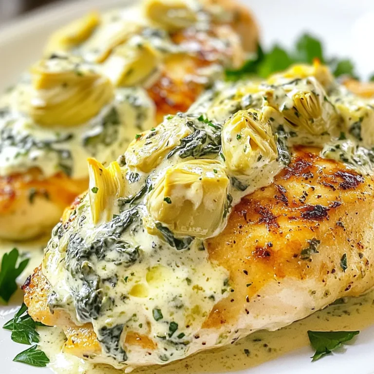 - 4 boneless, skinless chicken breasts - 1 cup fresh spinach, finely chopped - 1 cup canned artichoke hearts, well-drained and coarsely chopped - 1 cup cream cheese, softened - 1/2 cup sour cream - 1/2 cup freshly grated Parmesan cheese - 1 teaspoon garlic powder - 1 teaspoon onion powder - 1 teaspoon lemon juice - Salt and pepper to taste - 2 tablespoons olive oil - 1/4 teaspoon red pepper flakes (optional) Each ingredient plays a vital role in this dish. The chicken gives a hearty base. Spinach adds color and nutrition. Artichokes bring a unique texture and taste. Cream cheese, sour cream, and Parmesan create that creamy sauce we all love. Garlic and onion powders boost flavor, while lemon juice adds brightness. Olive oil helps to cook the chicken just right. Finally, red pepper flakes can add a bit of heat. You can adjust this to your liking. Let’s gather these ingredients for a meal that’s not just tasty but also fun to make! {{ingredient_image_2}} - Preheat oven to 375°F (190°C). - Season chicken breasts with salt, pepper, garlic powder, and onion powder. - Heat olive oil in a large skillet over medium heat. - Sear chicken in the skillet until golden brown on both sides. - This should take about 4–5 minutes per side. - Remove chicken from the skillet and set aside. - In the same skillet, add chopped spinach. - Sauté the spinach until it wilts, which takes about 2 minutes. - In a large bowl, combine cream cheese, sour cream, and Parmesan. - Add lemon juice and, if desired, red pepper flakes. - Mix until creamy and smooth. - Gently fold in the wilted spinach and artichokes. - Place the seared chicken in a baking dish. - Spread the creamy spinach and artichoke mixture over each chicken breast. - Bake for 20-25 minutes until the top is golden and bubbly. - Let it cool for a few minutes before serving. This dish is rich and creamy, making it a crowd-pleaser. Enjoy every bite! - Ensure chicken is fully cooked with no pink inside. - Use fresh ingredients for optimal flavor. Cooking chicken well is key. Always check the center. Use a meat thermometer to reach 165°F (75°C). This way, you enjoy safe eating. Fresh spinach and artichokes add a bright taste. They bring life to your dish. - Serve with quinoa or roasted vegetables. - Garnish with fresh parsley for presentation. Pair this dish with fluffy quinoa or colorful roasted veggies. They balance the rich chicken. A sprinkle of parsley makes it look fancy. It adds a pop of color and freshness. - Overcrowding the skillet while searing. - Not allowing the dish to cool before serving. Avoid putting too much chicken in the skillet. This can cause steaming instead of searing. Let the dish cool a bit before serving. This helps the flavors blend. Plus, it makes for easier eating! Pro Tips Use Fresh Ingredients: Fresh spinach and artichokes yield a brighter flavor and better texture than canned or frozen options. Perfectly Cooked Chicken: Use a meat thermometer to ensure chicken reaches an internal temperature of 165°F (75°C) for safe consumption. Customize the Spice: Adjust the amount of red pepper flakes based on your heat preference; omit for a milder version. Let It Rest: Allow the dish to cool for a few minutes before serving to help the flavors meld and improve overall taste. {{image_4}} You can make this dish even better with simple swaps. Try using Greek yogurt instead of sour cream. This change adds creaminess while cutting fat. You can also swap chicken for turkey. Turkey keeps the dish light and tasty. Want to add some punch? Add sun-dried tomatoes for a tangy twist. They bring a rich flavor that pairs well with spinach and artichokes. You can also toss in herbs like basil or thyme. These herbs boost the overall taste and add freshness. You can change how you cook the chicken for a new experience. Try preparing it in a slow cooker. This method makes the chicken super tender and juicy. If you want a smoky taste, grill the chicken instead. Grilling gives it a nice char that adds depth to the dish. After enjoying your creamy spinach artichoke chicken, store any leftovers in an airtight container. This helps keep the dish fresh and tasty. You can safely eat leftovers for 3 to 4 days. Remember to check for any signs of spoilage before serving. If you want to save some for later, freezing is a great option. Freeze the dish before baking it. This makes meal prep easy. Use a freezer-safe container to store it. It can last for up to 3 months in the freezer. Just label the container with the date for easy tracking. When it's time to enjoy your frozen meal, you can reheat it in the oven. This method helps keep the texture nice. If you're in a hurry, the microwave works too. Add a splash of water to keep it moist while reheating. Enjoy every bite of this creamy delight! Yes, but ensure it's fully thawed before cooking. This step helps the chicken cook evenly. If you skip thawing, the chicken may not cook through. It pairs well with rice, pasta, or salads. Each option adds a nice balance to the dish. Rice absorbs the creamy sauce well, while pasta adds heartiness. Yes, use dairy-free cream cheese and sour cream alternatives. Many brands offer great taste without dairy. You can still enjoy a creamy texture while being dairy-free. Check that the internal temperature reaches 165°F (75°C). A meat thermometer is a great tool for this. Proper cooking ensures safety and juiciness in your chicken. You can adjust spice levels by omitting or adding red pepper flakes. If you like spice, add more. If not, leave them out for a mild flavor. This recipe for creamy spinach artichoke chicken is simple and tasty. It combines healthy ingredients like chicken, spinach, and artichoke. I showed you step-by-step instructions to make it easy. Cooking tips help avoid mistakes and keep the flavor fresh. You can also try variations or freeze leftovers for later. Enjoy this dish with sides for a complete meal. With these tips, you'll impress everyone at the table!