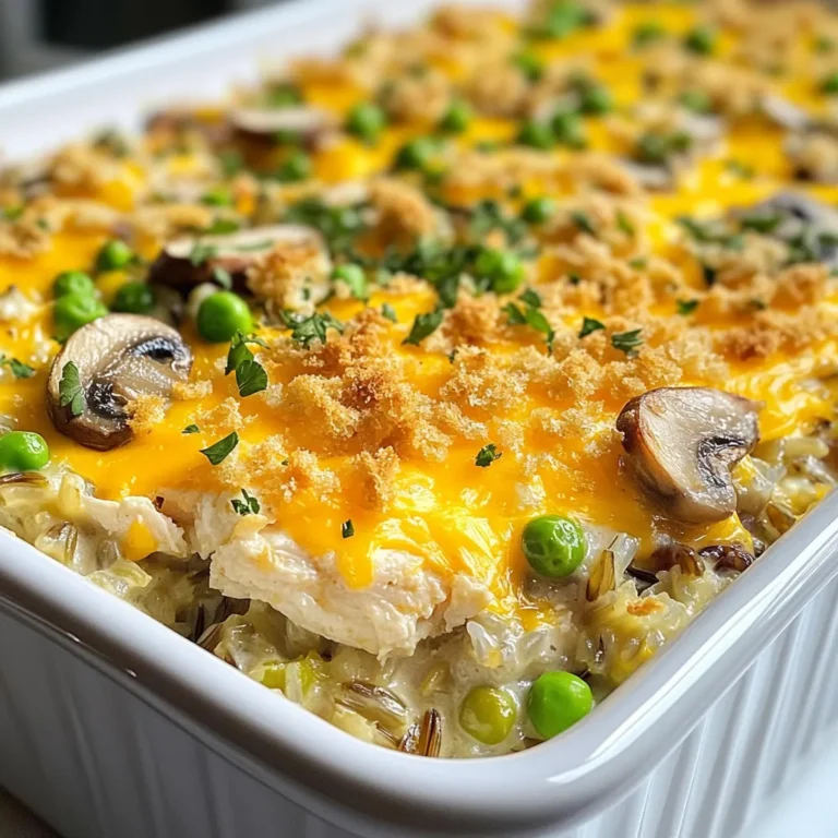 To make a tasty Chicken Wild Rice Casserole, gather these simple ingredients: - 2 cups cooked wild rice - 1 lb. boneless, skinless chicken breasts, diced into 1-inch pieces - 1 medium onion, finely chopped - 2 cups fresh mushrooms, sliced - 2 cloves garlic, minced - 1 cup frozen peas (no need to thaw) - 1 cup cream of chicken soup (store-bought or homemade) - 1 cup low-sodium chicken broth - 1 teaspoon dried thyme - 1 teaspoon dried parsley - Salt and black pepper to taste - 1 cup shredded sharp cheddar cheese - ½ cup seasoned breadcrumbs These ingredients mix well to create a rich and creamy dish. The wild rice adds a nutty taste, while the chicken gives protein. Fresh mushrooms and peas add color and flavor. Cream of chicken soup and broth create a smooth base. Thyme and parsley enhance the aroma. The cheese and breadcrumbs on top add a nice crunch. All these elements work together for a comforting meal. {{ingredient_image_2}} - Step 1: Preheat the oven Set your oven to 375°F (190°C). This helps the casserole cook evenly. - Step 2: Cook the chicken Heat a splash of olive oil in a large skillet. Add 1 lb. of diced chicken breasts. Season with salt, pepper, thyme, and parsley. Cook for about 5-7 minutes until browned and cooked through. Remove the chicken and set it aside. - Step 3: Sauté the aromatics In the same skillet, add 1 medium onion, finely chopped, and 2 cloves of minced garlic. Cook for about 3-4 minutes until the onion is soft and fragrant. - Step 4: Cook the mushrooms Add 2 cups of sliced fresh mushrooms to the skillet. Cook for 5-6 minutes until the mushrooms are tender and most liquid evaporates. - Step 5: Combine all ingredients In a large bowl, mix the cooked wild rice, sautéed chicken, mushroom mix, 1 cup of frozen peas, 1 cup of cream of chicken soup, and 1 cup of low-sodium chicken broth. Stir until everything is well combined. - Step 6: Transfer to baking dish Lightly grease a 9x13 inch baking dish. Pour the wild rice mixture into the dish, spreading it evenly. - Step 7: Add toppings Sprinkle 1 cup of shredded sharp cheddar cheese over the top. Add ½ cup of seasoned breadcrumbs for a crunchy finish. - Step 8: Bake and finish Cover the dish with aluminum foil and bake for 25 minutes. After that, remove the foil and bake for another 15 minutes, until the cheese is bubbly and golden. How to perfectly cook wild rice To cook wild rice, rinse it under cold water first. Use a pot with three cups of water for every one cup of wild rice. Bring the water to a boil, add the rice, then cover and simmer for about 45 minutes. This will give you fluffy, tender grains. Tips for sautéing chicken and mushrooms When sautéing chicken, make sure your pan is hot. This helps create a nice sear. Cut the chicken into small pieces, about one inch. Cook for five to seven minutes until it is golden and fully cooked. For mushrooms, add them to the pan after the chicken. Cook them for about six minutes. This keeps them tender and flavorful. Presentation tips for serving Serve your casserole in a rustic dish. Garnish it with fresh parsley for a pop of color. You can also sprinkle some more cheese on top right before serving for added appeal. Best side dishes to pair with the casserole A light salad works well with this casserole. You can also serve it with steamed green beans or a simple vegetable medley to balance the meal. These sides add color and freshness to your plate. Alternative ingredients for dietary restrictions If you need to avoid gluten, use gluten-free breadcrumbs. For a dairy-free option, try coconut cream instead of cream of chicken soup. These swaps keep the dish tasty while meeting your needs. Vegan or vegetarian options To make this dish vegan, replace chicken with chickpeas or lentils. Use vegetable broth instead of chicken broth, and skip the cheese or use a vegan cheese alternative. These changes still give a great flavor and texture. Pro Tips Choose Quality Rice: Opt for high-quality wild rice for the best flavor and texture in your casserole. It enhances the overall dish significantly. Season the Chicken Well: Don't skip on seasoning the chicken while sautéing. It builds a flavorful base for the entire casserole. Make Ahead: This casserole can be prepared ahead of time. Assemble it and store it in the refrigerator for up to a day before baking. Experiment with Vegetables: Feel free to add other vegetables like spinach or bell peppers for added nutrition and flavor. {{image_4}} You can change the taste of this casserole easily. Try adding different herbs like oregano or sage. You can also spice it up with red pepper flakes. If you like veggies, add spinach or bell peppers. They add color and nutrition. You can also mix in some carrots or zucchini for more crunch. Each herb or veggie gives the dish a new twist. Want to cook this dish differently? Use a slow cooker. Just combine all ingredients in the pot. Set it on low for about 6-8 hours. This method makes the chicken super tender. You can also use an Instant Pot. Cook on high pressure for 10 minutes. This will save time and keep the flavors rich. Cheese lovers can switch it up too. Try using mozzarella or pepper jack for a kick. If you need a dairy-free option, there are great non-dairy cheeses. Look for brands made with nuts or soy. These can melt nicely and taste great. You can also skip the cheese for a lighter dish. To store leftovers, let the casserole cool completely. Place it in an airtight container. This keeps it fresh longer. I recommend using glass or plastic containers. They seal tightly and prevent spills. To freeze the casserole, wrap it tightly in plastic wrap. Then place it in a freezer-safe bag. This helps avoid freezer burn. When you want to reheat it, take it out and let it thaw in the fridge overnight. You can then bake it at 350°F (175°C) until hot, about 30 minutes. In the fridge, Chicken Wild Rice Casserole lasts about 3 to 4 days. If you notice any off smell or mold, it’s best to toss it. Freshness is key for great taste. Always check for signs before eating leftovers. Can I make Chicken Wild Rice Casserole ahead of time? Yes, you can prepare this casserole a day before. Just mix all the ingredients and store it in the fridge. When you're ready, bake it. This helps the flavors blend well. What can I use instead of cream of chicken soup? You can use cream of mushroom soup or a homemade white sauce. Both options give a nice creaminess. You can also mix sour cream with chicken broth for a lighter version. How long does this casserole last in the fridge? The casserole lasts about 3 to 4 days in the fridge. Store it in an airtight container for best results. Always check for any signs of spoilage before eating. Can I use leftover chicken instead of raw? Absolutely! Using leftover chicken saves time. Just shred or chop the chicken and mix it in. You may want to reduce the cooking time slightly. Caloric breakdown per serving One serving of Chicken Wild Rice Casserole has about 400 calories. This number can vary based on your specific ingredients. Key nutrients in the casserole This dish is rich in protein from the chicken and wild rice. It also offers fiber, vitamins, and minerals from the vegetables. The cheddar cheese adds calcium. Gluten-free adaptations To make this casserole gluten-free, use gluten-free breadcrumbs. You can also check the soup and broth labels for gluten-free options. This way, you can enjoy it without worry. Low-calorie modifications For a lighter dish, use less cheese or a low-fat soup. You can also add more veggies, like spinach or zucchini, to increase volume without adding many calories. This keeps the dish filling and tasty! This article covered how to make a tasty Chicken Wild Rice Casserole. We looked at the ingredients, step-by-step instructions, and helpful tips. You now know how to combine flavors and explore variations. Remember to store leftovers right and reheating them well. Don't hesitate to try different herbs or veggies to customize your dish. Enjoy making this cozy meal for your family and friends. It’s simple and delicious, perfect for any occasion.